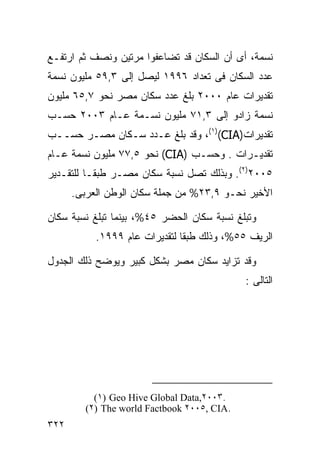 ‫ﻨﺴﻤﺔ، ﺃﻯ ﺃﻥ ﺍﻟﺴﻜﺎﻥ ﻗﺩ ﺘﻀﺎﻋﻔﻭﺍ ﻤﺭﺘﻴﻥ ﻭﻨﺼﻑ ﺜﻡ ﺍﺭﺘﻔـﻊ‬
‫ﻋﺩﺩ ﺍﻟﺴﻜﺎﻥ ﻓﻰ ﺘﻌﺩﺍﺩ ٦٩٩١ ﻟﻴﺼل ﺇﻟﻰ ٣,٩٥ ﻤﻠﻴﻭﻥ ﻨﺴﻤﺔ‬
‫ﺘﻘﺩﻴﺭﺍﺕ ﻋﺎﻡ ٠٠٠٢ ﺒﻠﻎ ﻋﺩﺩ ﺴﻜﺎﻥ ﻤﺼﺭ ﻨﺤﻭ ٧,٥٦ ﻤﻠﻴﻭﻥ‬
‫ﻨﺴﻤﺔ ﺯﺍﺩﻭ ﺇﻟﻰ ٣,١٧ ﻤﻠﻴﻭﻥ ﻨﺴـﻤﺔ ﻋـﺎﻡ ٣٠٠٢ ﺤﺴـﺏ‬
‫ﺘﻘﺩﻴﺭﺍﺕ)‪ ،(١)(CIA‬ﻭﻗﺩ ﺒﻠﻎ ﻋـﺩﺩ ﺴـﻜﺎﻥ ﻤﺼـﺭ ﺤﺴــﺏ‬
‫ﺘﻘﺩﻴـﺭﺍﺕ . ﻭﺤﺴـﺏ )‪ (CIA‬ﻨﺤﻭ ٥,٧٧ ﻤﻠﻴﻭﻥ ﻨﺴﻤﺔ ﻋـﺎﻡ‬
‫٥٠٠٢)٢(. ﻭﺒﺫﻟﻙ ﺘﺼل ﻨﺴﺒﺔ ﺴﻜﺎﻥ ﻤﺼـﺭ ﻁﺒﻘـﺎ ﻟﻠﺘﻘـﺩﻴﺭ‬
         ‫ﹰ‬
      ‫ﺍﻷﺨﻴﺭ ﻨﺤـﻭ ٩,٣٢% ﻤﻥ ﺠﻤﻠﺔ ﺴﻜﺎﻥ ﺍﻟﻭﻁﻥ ﺍﻟﻌﺭﺒﻰ.‬

‫ﻭﺘﺒﻠﻎ ﻨﺴﺒﺔ ﺴﻜﺎﻥ ﺍﻟﺤﻀﺭ ٥٤%، ﺒﻴﻨﻤﺎ ﺘﺒﻠﻎ ﻨﺴﺒﺔ ﺴﻜﺎﻥ‬
           ‫ﺍﻟﺭﻴﻑ ٥٥%، ﻭﺫﻟﻙ ﻁﺒﻘﺎ ﻟﺘﻘﺩﻴﺭﺍﺕ ﻋﺎﻡ ٩٩٩١.‬
                              ‫ﹰ‬

‫ﻭﻗﺩ ﺘﺯﺍﻴﺩ ﺴﻜﺎﻥ ﻤﺼﺭ ﺒﺸﻜل ﻜﺒﻴﺭ ﻭﻴﻭﻀﺢ ﺫﻟﻙ ﺍﻟﺠﺩﻭل‬
                                             ‫ﺍﻟﺘﺎﻟﻰ :‬




           ‫.٣٠٠٢,‪(١) Geo Hive Global Data‬‬
         ‫.‪(٢) The world Factbook ٢٠٠٥, CIA‬‬
‫٢٢٣‬
 