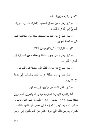 ‫ﺍﻷﺤﻤﺭ ﻭﺸﺒﻪ ﺠﺯﻴﺭﺓ ﺴﻴﻨﺎﺀ.‬

‫- ﺘﻴﺎﺭ ﻴﺨﺭﺝ ﻤﻥ ﺸﻤﺎل ﺍﻟﺼﻌﻴﺩ )ﺍﻟﻤﻨﻴﺎ، ﺒﻨـﻰ ﺴـﻭﻴﻑ،‬
                               ‫ﺍﻟﻔﻴﻭﻡ( ﺇﻟﻰ ﺍﻟﻘﺎﻫﺭﺓ ﺍﻟﻜﺒﺭﻯ.‬

‫- ﺘﻴﺎﺭ ﻴﺨﺭﺝ ﻤﻥ ﺠﻨﻭﺏ ﺍﻟﺼﻌﻴﺩ ﻴﺘﺠﻪ ﻤﻥ ﻤﺤﺎﻓﻅﺔ ﻗﻨـﺎ‬
                                       ‫ﺇﻟﻰ ﻤﺤﺎﻓﻅﺔ ﺃﺴﻭﺍﻥ.‬

                ‫ﺜﺎﻨﻴﺎ – ﺍﻟﺘﻴﺎﺭﺍﺕ ﺍﻟﺘﻰ ﺘﺨﺭﺝ ﻤﻥ ﺍﻟﺩﻟﺘﺎ :‬
                                                 ‫ﹰ‬

‫- ﺘﻴﺎﺭ ﻴﺨﺭﺝ ﻤﻥ ﺠﻨﻭﺏ ﺍﻟﺩﻟﺘﺎ ﻭﻤﻌﻅﻤﻪ ﻤﻥ ﺍﻟﻤﻨﻭﻓﻴﺔ ﺇﻟﻰ‬
                                           ‫ﺍﻟﻘﺎﻫﺭﺓ ﺍﻟﻜﺒﺭﻯ.‬

  ‫- ﺘﻴﺎﺭ ﻴﺨﺭﺝ ﻤﻥ ﺸﺭﻕ ﺍﻟﺩﻟﺘﺎ ﺇﻟﻰ ﻤﻨﻁﻘﺔ ﻗﻨﺎﺓ ﺍﻟﺴﻭﻴﺱ.‬

‫- ﺘﻴﺎﺭ ﻴﺨﺭﺝ ﻤﻥ ﻤﻨﻁﻘﺔ ﻏﺭﺏ ﺍﻟﺩﻟﺘﺎ ﻭﺸﻤﺎﻟﻬﺎ ﺇﻟﻰ ﻤﺩﻴﻨﺔ‬
                                              ‫ﺍﻹﺴﻜﻨﺩﺭﻴﺔ.‬

             ‫- ﺘﻴﺎﺭ ﺩﺍﺨل ﺍﻟﺩﻟﺘﺎ ﻤﻥ ﺠﻨﻭﺒﻬﺎ ﺇﻟﻰ ﺸﻤﺎﻟﻬﺎ.‬

‫ﺃﻤﺎ ﺒﺎﻟﻨﺴﺒﺔ ﻟﻠﻬﺠﺭﺓ ﺍﻟﺨﺎﺭﺠﺔ ﻓﻴﻘﺩﺭ ﺍﻟﻤﻬﺎﺠﺭﻴﻥ ﺍﻟﻤﺼﺭﻴﻴﻥ‬
‫ﻁﺒﻘﺎ ﻟﺘﻌﺩﺍﺩ ٦٩٩١ ﻨﺤـﻭ ٠٨١,٢ ﻤﻠﻴـﻭﻥ ﻤﻬـﺎﺠﺭ، ﻭﺘـﺩل‬
                                            ‫ﹰ‬
‫ﻤﺅﺸﺭﺍﺕ ﺤﺠﻡ ﺍﻟﻬﺠﺭﺓ ﺍﻟﺨﺎﺭﺠﺔ ﻓﻰ ﻤﺼﺭ ﺃﻨﻬﺎ ﺘﺸﻬﺩ ﺘﻨﺎﻗﺼـﺎ‬
‫ﹰ‬
‫ﻜﺒﻴﺭﹰ، ﻭﻴﺭﺠﻊ ﺫﻟﻙ ﺇﻟﻰ ﻋﻭﺩﺓ ﻜﺜﻴﺭ ﻤﻥ ﺍﻟﻤﻭﺍﻁﻨﻴﻥ ﺇﻟﻰ ﺃﺭﺽ‬
                                              ‫ﺍ‬


‫٨٢٣‬
 