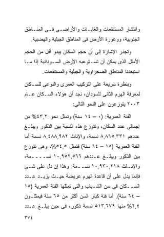 ‫ﻭﺍﻨﺘﺸﺎﺭ ﺍﻟﻤﺴﺘﻨﻘﻌﺎﺕ ﻭﺍﻟﻐﺎﺒـﺎﺕ ﻭﺍﻷﺭﺍﻀـﻰ ﻓـﻰ ﺍﻟﻤﻨـﺎﻁﻕ‬
  ‫ﺍﻟﺠﻨﻭﺒﻴﺔ، ﻭﻭﻋﻭﺭﺓ ﺍﻷﺭﺽ ﻓﻰ ﺍﻟﻤﻨﺎﻁﻕ ﺍﻟﺠﺒﻠﻴﺔ ﻭﺍﻟﻬﻀﺒﻴﺔ.‬

‫ﻭﺘﺠﺩﺭ ﺍﻹﺸﺎﺭﺓ ﺇﻟﻰ ﺃﻥ ﺤﺠﻡ ﺍﻟﺴﻜﺎﻥ ﻴﺒﺩﻭ ﺃﻗل ﻤﻥ ﺍﻟﺤﺠﻡ‬
‫ﺍﻷﻤﺜل ﺍﻟﺫﻯ ﻴﻤﻜﻥ ﺃﻥ ﺘﺴـﺘﻭﻋﺒﻪ ﺍﻷﺭﺽ ﺍﻟﺴـﻭﺩﺍﻨﻴﺔ ﺇﺫﺍ ﻤـﺎ‬
        ‫ﺍﺴﺘﺒﻌﺩﻨﺎ ﺍﻟﻤﻨﺎﻁﻕ ﺍﻟﺼﺤﺭﺍﻭﻴﺔ ﻭﺍﻟﺠﺒﻠﻴﺔ ﻭﺍﻟﻤﺴﺘﻨﻘﻌﺎﺕ.‬

‫ﻭﺒﻨﻅﺭﺓ ﺴﺭﻴﻌﺔ ﻋﻠﻰ ﺍﻟﺘﺭﻜﻴﺏ ﺍﻟﻌﻤﺭﻯ ﻭﺍﻟﻨﻭﻋﻰ ﻟﻠﺴـﻜﺎﻥ‬
‫ﻟﻤﻌﺭﻓﺔ ﺍﻟﻬﺭﻡ ﺍﻟﺜﺎﻨﻰ ﻟﻠﺴﻭﺩﺍﻥ، ﻨﺠﺩ ﺃﻥ ﻫﺅﻻﺀ ﺍﻟﺴـﻜﺎﻥ ﻋـﺎﻡ‬
                      ‫٣٠٠٢ ﻴﺘﻭﺯﻋﻭﻥ ﻋﻠﻰ ﺍﻟﻨﺤﻭ ﺍﻟﺘﺎﻟﻰ:‬

‫ﺍﻟﻔﺌﺔ ﺍﻟﻌﻤﺭﻴﺔ: )٠ – ٤١ ﺴﻨﺔ( ﻭﺘﻤﺜل ﻨﺤﻭ ٢,٣٤% ﻤﻥ‬
‫ﺇﺠﻤﺎﻟﻰ ﻋﺩﺩ ﺍﻟﺴﻜﺎﻥ، ﻭﺘﺘﻭﺯﻉ ﻫﺫﻩ ﺍﻟﻨﺴﺒﺔ ﺒﻴﻥ ﺍﻟﺫﻜﻭﺭ ﻭﻴﺒﻠـﻎ‬
‫ﻋﺩﺩﻫﻡ ١٣٣,٥٦٨,٨ ﻨﺴﻤﺔ، ﻭﺍﻹﻨﺎﺙ ٢٨٩,٨٨٤,٨ ﻨﺴﻤﺔ ﺃﻤﺎ‬
‫ﺍﻟﻔﺌﺔ ﺍﻟﻌﻤﺭﻴﺔ )٥١ – ٤٦ ﺴﻨﺔ( ﻓﺘﻤﺜل ٥,٤٥%، ﻭﻫﻰ ﺘﺘﻭﺯﻉ‬
‫ﺒﻴﻥ ﺍﻟﺫﻜﻭﺭ ﻭﻴﺒﻠـﻎ ﻋـﺩﺩﻫﻡ ٦٦٥,٢٥٩,٠١ ﻨﺴــــﻤﺔ،‬
‫ﻭﺍﻹﻨـﺎﺙ ٨١٢,٠٣٩,٠١ ﻨﺴــﻤﺔ. ﻭﻫﺫﺍ ﺇﻥ ﺩل ﻋﻠﻰ ﺸـﺊ‬
‫ﻓﺈﻨﻤﺎ ﻴﺩل ﻋﻠﻰ ﺃﻥ ﻗﺎﻋﺩﺓ ﺍﻟﻬﺭﻡ ﻋﺭﻴﻀﺔ ﺤﻴـﺙ ﻴﺯﻴـﺩ ﻋـﺩﺩ‬
‫ﺍﻟﺴــﻜﺎﻥ ﻓﻰ ﺴﻥ ﺍﻟﺸـﺒﺎﺏ ﻭﺍﻟﺘﻰ ﺘﻤﺜﻠﻬﺎ ﺍﻟﻔﺌﺔ ﺍﻟﻌﻤﺭﻴﺔ )٥١‬
‫– ٤٦ ﺴﻨﺔ(. ﺃﻤﺎ ﻓﺌﺔ ﻜﺒﺎﺭ ﺍﻟﺴﻥ ﺃﻜﺜﺭ ﻤﻥ ٥٦ ﺴﻨﺔ ﻓﻴﻤﺜﻠـﻭﻥ‬
‫٤,٢% ﻤﻨﻬﺎ ٩٧٦,٣١٥ ﻨﺴﻤﺔ ﺫﻜﻭﺭ، ﻓﻰ ﺤﻴﻥ ﻴﺒﻠـﻎ ﻋـﺩﺩ‬
‫٤٧٣‬
 