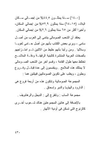 ‫)٠-٤١( ﺴـﻨﺔ ﻴﻤﺜﻠـﻭﻥ ٥,٤٤% ﻤﻥ ﺇﺠﻤـﺎﻟﻲ ﺴـﻜﺎﻥ‬
‫ﺍﻟﺒﻼﺩ، )٥١-٤٦( ﺴﻨﺔ ﻴﻤﺜﻠﻭﻥ ٩,٢٥% ﻤﻥ ﺇﺠﻤﺎﻟﻲ ﺍﻟﺴﻜﺎﻥ،‬
‫ﻭﺃﺨﻴ ‪‬ﺍ ﺃﻜﺜﺭ ﻤﻥ ٥٦ ﺴﻨﺔ ﻴﻤﺜﻠﻭﻥ ٦,٢% ﻤﻥ ﺇﺠﻤﺎﻟﻲ ﺍﻟﺴﻜﺎﻥ.‬
                                              ‫ﺭ‬

‫ﻴﻌﺘﻘﺩ ﺃﻥ ﺍﻟﺸﻌﺏ ﺍﻟﺼﻭﻤﺎﻟﻰ ﻴﻨﺘﻤﻰ ﺇﻟﻰ ﺍﻟﻌﺭﺏ ﻤﻥ ﺃﺼـل‬
‫ﺴﺎﻤﻰ ، ﻭﻴﺭﻯ ﺒﻌﺽ ﺍﻟﻜﺘﺎﺏ ﺒﺄﻨﻬﻡ ﻤﻥ ﺃﺼل ﺤـﺎﻤﻰ ﻟﻐﻭﻴـﺎ‬
‫ﹰ‬
‫ﻭﺴﻼﻟﻴﺎ . ﻭﻤﻥ ﺭﺃﻴﻨﺎ ﺒﺄﻨﻬﻡ ﺨﻠﻴﻁ ﻤﻥ ﺍﻻﺜﻨﻴﻥ ﺘـﻡ ﺍﻤﺘـﺯﺍﺠﻬﻡ‬
                                               ‫ﹰ‬
‫ﺒﺎﻟﺼﻔﺎﺕ ﺍﻟﻌﺭﺒﻴﺔ ﺍﻟﻤﻨﺘﺸﺭﺓ ﻜﺎﻟﺒﻨﻴﺔ ﺍﻟﺭﻗﻴﻘـﺔ ﻭﺩﻗـﺔ ﺍﻟﻤﻼﻤـﺢ‬
‫ﺘﺨﺘﻠﻁ ﻤﻌﻬﺎ ﻁﻭل ﺍﻟﻘﺎﻤﺔ ، ﻭﻗﺴﻡ ﺁﺨﺭ ﻤﻥ ﺍﻟﺸﻌﺏ ﺍﻟﺼـﻭﻤﺎﻟﻰ‬
‫ﻻ ﻴﻤﺘﻠﻙ ﻫﺫﻩ ﺍﻟﻤﻼﻤﺢ . ﻭﻴﻨﻘﺴﻤﻭﻥ ﺇﻟﻰ ﻋﺩﺓ ﻗﺒﺎﺌـل ﻭﻓـﺭﻭﻉ‬
      ‫ﻭﺒﻁﻭﻥ ، ﻭﻴﻐﻠﺏ ﻋﻠﻰ ﺘﻜﻭﻴﻥ ﺍﻟﺼﻭﻤﺎﻟﻴﻴﻥ ﻗﺒﻴﻠﺘﻴﻥ ﻫﻤﺎ :‬

‫ﺍﻟﻤﺠﻤﻭﻋﺔ ﺍﻟﺼﻭﻤﺎﻟﻴﺔ ﻭﺘﺘﻜﻭﻥ ﻫﺫﻩ ﻤﻥ ﺃﺭﺒﻌﺔ ﻓﺭﻭﻉ ﻫﻰ‬
                      ‫: ﺍﻟﺩﺍﺭﻭﺩ ﻭﺍﻟﻬﺎﻭﻴﺎ ﻭﺍﻟﺩﻴﺭ ﻭﺇﺴﺤﺎﻕ .‬

 ‫ﻤﺠﻤﻭﻋﺔ ﺍﻟﺴﺎﺏ : ﻭﺘﺘﻔﺭﻉ ﺇﻟﻰ : ﺍﻟﺩﻴﺠل ﻭﺍﻟﺭﻫﺎﻨﻭﻴﻑ .‬

‫ﺒﺎﻹﻀﺎﻓﺔ ﺇﻟﻰ ﻫﺎﺘﻴﻥ ﺍﻟﻤﺠﻤﻭﻋﺘﻴﻥ ﻫﻨﺎﻙ ﺸـﻌﻭﺏ ﺃﺨـﺭﻯ‬
                   ‫ﻜﺎﻟﺯﻨﻭﺝ ﺍﻟﺘﻰ ﺘﺴﻜﻥ ﻓﻰ ﺃﻭﺩﻴﺔ ﺍﻷﻨﻬﺎﺭ .‬




‫٠٣٤‬
 