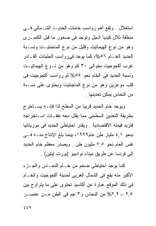 ‫ﺍﺴﺘﻐﻼل . ﻭﺘﻘﻊ ﺃﻫﻡ ﺭﻭﺍﺴﺏ ﺨﺎﻤﺎﺕ ﺍﻟﺤﺩﻴـﺩ ﺍﻟﺸـﻤﺎﻟﻰ ﻓـﻰ‬
‫ﻤﻨﻁﻘﺔ ﺘﻼل ﻜﻴﺩﻴﺎ ﺃﺩﺠل ﻭﺘﻭﺠﺩ ﻓﻰ ﺼﺨﻭﺭ ﻤﺎ ﻗﺒل ﺍﻟﻜﻤﺒـﺭﻯ‬
‫ﻭﻫﻭ ﻤﻥ ﻨﻭﻉ ﺍﻟﻬﻴﻤﺎﺘﻴﺕ ﻭﻗﻠﻴل ﻤﻥ ﻨﻭﻉ ﺍﻟﻤﺎﺠﻨﺘﻴـﺕ ﻭﻨﺴـﺒﺔ‬
‫ﺍﻟﺤﺩﻴﺩ ﺍﻟﺨـﺎﻡ ٦٥%، ﻜﻤﺎ ﻴﻭﺠﺩ ﻓﻰﺭﻭﺍﺴﺏ ﺍﻟﺠﻠﻴﺘﺎﺕ ﺍﻟﻘـﺎﺩﺭ‬
‫ﻏﺭﺏ ﺃﻜﺠﻭﺠﻴﺕ ﺒﺤﻭﺍﻟﻰ ٠٣ ﻜﻡ ﻭﻫﻭ ﻤﻥ ﻨـﻭﻉ ﺍﻟﻬﻴﻤﺎﺘﻴـﺕ‬
‫ﻭﻨﺴﺒﺔ ﺍﻟﺤﺩﻴﺩ ﻓﻰ ﺍﻟﺨﺎﻡ ﻨﺤﻭ ٥٥% ﺜﻡ ﺭﻭﺍﺴﺏ ﺃﻜﺠﻭﺠﻴﺕ ﻓﻰ‬
‫ﻗﻠﺏ ﻤﻭﻋﺯﻴﻥ ﻭﻫﻭ ﻤﻥ ﻨﻭﻉ ﺍﻟﻤﺎﺠﻨﺘﻴﺕ ﻭﻴﺤﺘﻭﻯ ﻋﻠﻰ ﻨﺴـﺒﺔ‬
                                ‫ﻤﻥ ﺍﻟﻨﺤﺎﺱ ﻴﻤﻜﻥ ﺘﻌﺩﻴﻨﻬﺎ .‬

‫ﻭﻴﻭﺠﺩ ﺨﺎﻡ ﺍﻟﺤﺩﻴﺩ ﻗﺭﻴﺒﺎ ﻤﻥ ﺍﻟﺴﻁﺢ ﻟﺫﺍ ﻓﺈﻨـﻪ ﻴﺴـﺘﺨﺭﺝ‬
                           ‫ﹰ‬
‫ﺒﻁﺭﻴﻘﺔ ﺍﻟﺘﻌﺩﻴﻥ ﺍﻟﺴﻁﺤﻰ ﻤﻤﺎ ﻴﻘﻠل ﻤﻌﻪ ﻨﻔﻘـﺎﺕ ﺍﺴـﺘﺨﺭﺍﺠﻪ‬
‫ﻓﺘﺯﻴﺩ ﻗﻴﻤﺘﻪ ﺍﻻﻗﺘﺼﺎﺩﻴﺔ . ﻭﻴﻘﺩﺭ ﺍﺤﺘﻴﺎﻁﻰ ﺍﻟﺤﺩﻴﺩ ﻓﻰ ﻤﻭﺭﻴﺘﺎﻨﻴﺎ‬
‫ﺒﻨﺤﻭ ١,٤ ﻤﻠﻴﺎﺭ ﻁﻥ ﻋﺎﻡ٩٩٩١، ﺒﻴﻨﻤﺎ ﺒﻠﻎ ﺍﻹﻨﺘﺎﺝ ﻤﻨـﻪ ﻓـﻰ‬
‫ﻨﻔﺱ ﺍﻟﻌﺎﻡ ﻨﺤﻭ ٥,٧ ﻤﻠﻴﻭﻥ ﻁﻥ . ﻭﻴﺼﺩﺭ ﻤﻌﻅﻡ ﺨﺎﻡ ﺍﻟﺤﺩﻴﺩ‬
         ‫ﺇﻟﻰ ﻓﺭﻨﺴﺎ ﻋﻥ ﻁﺭﻴﻕ ﻤﻴﻨﺎﺀ ﻨﻭﺍﺩﻴﺒﻭ )ﺒﻭﺭﺕ ﺇﻴﺘﻴﻥ( .‬

‫ﻜﻤﺎ ﻴﻭﺠﺩ ﺍﺤﺘﻴﺎﻁﻰ ﻀﺨﻡ ﻤﻥ ﺨـﺎﻡ ﺍﻟﻨﺤـﺎﺱ ﻭﺍﻟﺠـﺯﺀ‬
‫ﺍﻷﻜﺒﺭ ﻤﻨﻪ ﻴﻘﻊ ﻓﻰ ﺍﻟﺸﻤﺎل ﺍﻟﻐﺭﺒﻰ ﻟﻤﺩﻴﻨﺔ ﺃﻜﺠﻭﺠﻴﺕ ﻭﺍﻟﺨـﺎﻡ‬
‫ﻓﻰ ﺫﻟﻙ ﺍﻟﻤﻭﻗﻊ ﻋﺒﺎﺭﺓ ﻋﻥ ﺃﻜﺎﺴﻴﺩ ﺘﺤﺘﻭﻯ ﻋﻠﻰ ﻤﺎ ﻴﺘﺭﺍﻭﺡ ﺒﻴﻥ‬
‫٥,٢ – ٩,٢% ﻤﻥ ﺍﻟﻨﺤﺎﺱ ﻭ٣ ﺠﻡ ﻓﻰ ﺍﻟﻁﻥ ﻤـﻥ ﻋﻨﺼـﺭ‬

‫٩٤٤‬
 