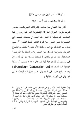 ‫- ﺸﺭﻜﺔ ﺴﺘﺎﻨﺩﺭ ﺃﻭﻴل ﻨﻴﻭﺠﺭﺴﻰ ٠٣%‬

                     ‫- ﺸﺭﻜﺔ ﺴﻜﻭﻨﻰ ﻤﻭﺒﻴل ﺃﻭﻴل ٠١%‬

‫ﺃﺜﺎﺭ ﻫﺫﺍ ﺍﻟﻨﺠﺎﺡ ﻤﻥ ﺠﺎﻨﺏ ﺍﻟﺸﺭﻜﺎﺕ ﺍﻷﻤﺭﻴﻜﻴـﺔ ﺫﻋـﺭ‬
‫ﺸﺭﻜﺔ ﺒﺘﺭﻭل ﺍﻟﻌﺭﺍﻕ ﺍﻟﺸﺭﻜﺔ ﺍﻹﻨﺠﻠﻴﺯﻴﺔ ﺍﻹﻴﺭﺍﻨﻴﺔ ﻭﻤﻥ ﻭﺭﺍﺌﻬﺎ‬
‫ﺍﻟﺤﻜﻭﻤﺔ ﺍﻟﺒﺭﻴﻁﺎﻨﻴﺔ ﺇﺫ ﺍﻋﺘﺒﺭ ﻫﺫﺍ ﺍﻟﻨﺠـﺎﺡ ﻤﻬـﺩﺩﺍ ﻟﻠﻤﺼـﺎﻟﺢ‬
         ‫ﹰ‬
‫ﺍﻹﻨﺠﻠﻴﺯﻴﺔ ﻨﺤﻭ ﺍﻟﺘﺤﺭﺭ ﻤﻥ ﻗﻴﻭﺩ ﺍﺘﻔﺎﻗﻴﺔ ﺍﻟﺨﻁ ﺍﻷﺤﻤﺭ)١(. ﺤﺘﻰ‬
‫ﻴﻤﻜﻥ ﻟﻬﺎ ﺍﻟﺩﺨﻭل ﻤﻊ ﺍﻟﺸـﺭﻜﺎﺕ ﺍﻷﻤﺭﻴﻜﻴـﺔ ﻟﺘﻨﻅـﻴﻡ ﺇﻨﺘـﺎﺝ‬
‫ﺍﻟﺒﺘﺭﻭل ﻭﺘﺴﻭﻴﻘﻪ ﻓﻰ ﻜل ﻤﻥ ﺍﻟﺒﺤـﺭﻴﻥ ﻭﺍﻟﻤﻤﻠﻜـﺔ ﺍﻟﻌﺭﺒﻴـﺔ‬
‫ﺍﻟﺴﻌﻭﺩﻴﺔ. ﻫﺫﺍ ﻤﺎ ﺘﻡ ﺒﺎﻟﻔﻌل ﺇﺫ ﻨﺠﺤﺕ ﺸﺭﻜﺔ ﺒﺘﺭﻭل ﺍﻟﻌـﺭﺍﻕ‬
‫ﻓﻰ ﺘﺄﺴﻴﺱ ﺸﺭﻜﺔ ﻓﺭﻋﻴﺔ ﻟﻬﺎ ﻓﻰ ﻋﺎﻡ ٥٣٩١ ﺘﺴﻤﻰ )ﺸـﺭﻜﺔ‬
‫ﺍﻻﻤﺘﻴﺎﺯﺍﺕ ﺍﻟﻤﺤﺩﻭﺩﺓ ‪( (Petroleum Concession Ltd‬‬
‫ﺒﻌﺩ ﺼﺭﺍﻉ ﻋﻨﻴﻑ ﻓﻰ ﺍﻟﺤﺼﻭل ﻋﻠﻰ ﺍﻤﺘﻴﺎﺯﺍﺕ ﻟﻠﺒﺤﺙ ﻋـﻥ‬
                                  ‫ﺍﻟﺒﺘﺭﻭل ﻓﻰ ﺍﻟﺠﻬﺎﺕ ﺍﻵﺘﻴﺔ :‬


‫)١( ﺍﺘﻔﺎﻗﻴﺔ ﺍﻟﺨﻁ ﺍﻷﺤﻤﺭ : ﻫﻰ ﺍﻻﺘﻔﺎﻗﻴﺔ ﺍﻟﺘﻰ ﻋﻘﺩﺕ ﻓﻰ ١٣ ﻴﻭﻟﻴﻭ ﺴﻨﺔ‬
‫٨٢٩١ ﺒﻴﻥ ﺸﺭﻜﺎﺕ ﺍﻟﺒﺘﺭﻭل، ﺤﻴﺙ ﺍﻟﺘﺯﻡ ﺍﻟﻤﺘﻌﺎﻗﺩﻭﻥ ﺒﺎﻷﺼﺎﻟﺔ ﻋﻥ‬
‫ﻨﻔﺴﻬﻡ ﻭﺒﺎﺴﻡ ﺍﻟﺸﺭﻜﺎﺕ ﺍﻟﻤﺘﻌﺎﻭﻨﺔ ﻤﻌﻬﻡ ﺒﺄﻻ ﺘﻜﻭﻥ ﻟﻬﻡ ﺃﻴﺔ ﺼﻠﺔ ﺃﻭ‬
‫ﻤﺼﻠﺤﺔ ﺒﺼﻭﺭﺓ ﻤﺒﺎﺸﺭﺓ ﺃﻭ ﻏﻴﺭ ﻤﺒﺎﺸﺭﺓ ﻓﻰ ﺇﻨﺘﺎﺝ ﺍﻟﺒﺘﺭﻭل ﺍﻟﺨﺎﻡ ﺃﻭ‬
‫ﺘﺼﻔﻴﺘﻪ ﻓﻰ ﺍﻹﻤﺒﺭﺍﻁﻭﺭﻴﺔ ﺍﻟﻌﺜﻤﺎﻨﻴﺔ ﺒﺎﺴﺘﺜﻨﺎﺀ ﻤﺼﺭ ﻭﺍﻟﻜﻭﻴﺕ‬
‫ﻭﺍﻷﺭﺍﻀﻰ ﺍﻟﻭﺍﻗﻌﺔ ﻋﻠﻰ ﺍﻟﺤﺩﻭﺩ ﺍﻟﻔﺎﺭﺴﻴﺔ ﺍﻟﺘﺭﻜﻴﺔ ﻭﺍﻟﺘﻰ ﺍﻨﺘﻘﻠﺕ‬
                                  ‫ﺍﻟﺴﻴﺎﺩﺓ ﻋﻠﻴﻬﺎ ﻤﻥ ﻁﺭﻑ ﻵﺨﺭ.‬
‫٧٨٤‬
 