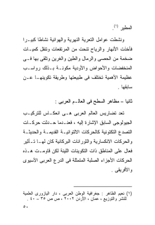 ‫ﺍﻟﻤﻁﻴﺭ )١(.‬

‫ﻭﻨﺸﻁﺕ ﻋﻭﺍﻤل ﺍﻟﺘﻌﺭﻴﺔ ﺍﻟﻨﻬﺭﻴﺔ ﻭﺍﻟﻬﻭﺍﺌﻴﺔ ﻨﺸﺎﻁﺎ ﻜﺒﻴـﺭﺍ‬
‫ﹰ‬      ‫ﹰ‬
‫ﻓﺄﺨﺫﺕ ﺍﻷﻨﻬﺎﺭ ﻭﺍﻟﺭﻴﺎﺡ ﺘﻨﺤﺕ ﻤﻥ ﺍﻟﻤﺭﺘﻔﻌﺎﺕ ﻭﺘﻨﻘل ﻜﻤﻴـﺎﺕ‬
‫ﻀﺨﻤﺔ ﻤﻥ ﺍﻟﺤﺼﻰ ﻭﺍﻟﺭﻤﺎل ﻭﺍﻟﻁﻴﻥ ﻭﺍﻟﻐﺭﻴﻥ ﻭﺘﻠﻘﻰ ﺒﻬﺎ ﻓـﻰ‬
‫ﺍﻟﻤﻨﺨﻔﻀﺎﺕ ﻭﺍﻷﺤﻭﺍﺽ ﻭﺍﻷﻭﺩﻴﺔ ﻤﻜﻭﻨـﺔ ﺒـﺫﻟﻙ ﺭﻭﺍﺴـﺏ‬
‫ﻋﻅﻴﻤﺔ ﺍﻷﻫﻤﻴﺔ ﺘﺨﺘﻠﻑ ﻓﻰ ﻁﺒﻴﻌﺘﻬﺎ ﻭﻁﺭﻴﻘﺔ ﺘﻜﻭﻴﻨﻬـﺎ ﻋـﻥ‬
                                                     ‫ﺴﺎﺒﻘﻬﺎ .‬

                 ‫ﺜﺎﻨﻴﺎ – ﻤﻅﺎﻫﺭ ﺍﻟﺴﻁﺢ ﻓﻰ ﺍﻟﻌﺎﻟـﻡ ﺍﻟﻌﺭﺒﻰ :‬
                                                   ‫ﹰ‬

‫ﺘﻌﺩ ﺘﻀﺎﺭﻴﺱ ﺍﻟﻌﺎﻟﻡ ﺍﻟﻌﺭﺒﻰ ﻫـﻰ ﺍﻨﻌﻜـﺎﺱ ﻟﻠﺘﺭﻜﻴـﺏ‬
‫ﺍﻟﺠﻴﻭﻟﻭﺠﻰ ﺍﻟﺴﺎﺒﻕ ﺍﻹﺸﺎﺭﺓ ﺇﻟﻴﻪ ، ﻓﻌﻨـﺩﻤﺎ ﺤـﺩﺜﺕ ﺤﺭﻜـﺎﺕ‬
‫ﺍﻟﺘﺼﺩﻉ ﺍﻟﺘﻜﺘﻭﻨﻴﺔ ﻜﺎﻟﺤﺭﻜﺎﺕ ﺍﻻﻟﺘﻭﺍﺌﻴـﺔ ﺍﻟﻘﺩﻴﻤـﺔ ﻭﺍﻟﺤﺩﻴﺜـﺔ‬
‫ﻭﺍﻟﺤﺭﻜﺎﺕ ﺍﻻﻨﻜﺴﺎﺭﻴﺔ ﻭﺍﻟﺜﻭﺭﺍﻨﺎﺕ ﺍﻟﺒﺭﻜﺎﻨﻴﺔ ﻜﺎﻥ ﻟﻬـﺎ ﺘـﺄﺜﻴﺭ‬
‫ﻓﻌﺎل ﻋﻠﻰ ﺍﻟﻤﻨﺎﻁﻕ ﺫﺍﺕ ﺍﻟﺘﻜﻭﻴﻨﺎﺕ ﺍﻟﻠﻴﻨﺔ ﻟﻜﻥ ﻗﺎﻭﻤـﺕ ﻫـﺫﻩ‬
‫ﺍﻟﺤﺭﻜﺎﺕ ﺍﻷﺠﺯﺍﺀ ﺍﻟﺼﻠﺒﺔ ﺍﻟﻤﺘﻤﺜﻠﺔ ﻓﻰ ﺍﻟﺩﺭﻉ ﺍﻟﻌﺭﺒﻰ ﺍﻵﺴﻴﻭﻯ‬
                                                 ‫ﻭﺍﻷﻓﺭﻴﻘﻰ .‬



‫)١( ﻨﻌﻴﻡ ﺍﻟﻅﺎﻫﺭ : ﺠﻐﺭﺍﻓﻴﺔ ﺍﻟﻭﻁﻥ ﺍﻟﻌﺭﺒﻰ ، ﺩﺍﺭ ﺍﻟﻴﺎﺯﻭﺭﻯ ﺍﻟﻌﻠﻤﻴﺔ‬
  ‫ﻟﻠﻨﺸﺭ ﻭﺍﻟﺘﻭﺯﻴﻊ ، ﻋﻤﺎﻥ ، ﺍﻷﺭﺩﻥ ٢٠٠٢ ، ﺹ ﺹ ٥٣ – ٠٤ .‬
‫٠٥‬
 