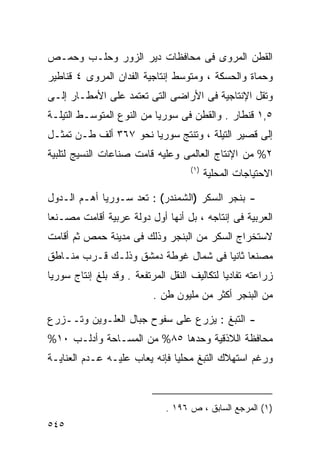 ‫ﺍﻟﻘﻁﻥ ﺍﻟﻤﺭﻭﻯ ﻓﻰ ﻤﺤﺎﻓﻅﺎﺕ ﺩﻴﺭ ﺍﻟﺯﻭﺭ ﻭﺤﻠـﺏ ﻭﺤﻤـﺹ‬
‫ﻭﺤﻤﺎﺓ ﻭﺍﻟﺤﺴﻜﺔ ، ﻭﻤﺘﻭﺴﻁ ﺇﻨﺘﺎﺠﻴﺔ ﺍﻟﻔﺩﺍﻥ ﺍﻟﻤﺭﻭﻯ ٤ ﻗﻨﺎﻁﻴﺭ‬
‫ﻭﺘﻘل ﺍﻹﻨﺘﺎﺠﻴﺔ ﻓﻰ ﺍﻷﺭﺍﻀﻰ ﺍﻟﺘﻰ ﺘﻌﺘﻤﺩ ﻋﻠﻰ ﺍﻷﻤﻁـﺎﺭ ﺇﻟـﻰ‬
‫٥,١ ﻗﻨﻁﺎﺭ . ﻭﺍﻟﻘﻁﻥ ﻓﻰ ﺴﻭﺭﻴﺎ ﻤﻥ ﺍﻟﻨﻭﻉ ﺍﻟﻤﺘﻭﺴـﻁ ﺍﻟﺘﻴﻠـﺔ‬
‫ﺇﻟﻰ ﻗﺼﻴﺭ ﺍﻟﺘﻴﻠﺔ ، ﻭﺘﻨﺘﺞ ﺴﻭﺭﻴﺎ ﻨﺤﻭ ٧٦٣ ﺃﻟﻑ ﻁـﻥ ﺘﻤﺜـل‬
‫٢% ﻤﻥ ﺍﻹﻨﺘﺎﺝ ﺍﻟﻌﺎﻟﻤﻰ ﻭﻋﻠﻴﻪ ﻗﺎﻤﺕ ﺼﻨﺎﻋﺎﺕ ﺍﻟﻨﺴﻴﺞ ﻟﺘﻠﺒﻴﺔ‬
                                    ‫) ١(‬
                                           ‫ﺍﻻﺤﺘﻴﺎﺠﺎﺕ ﺍﻟﻤﺤﻠﻴﺔ‬

‫- ﺒﻨﺠﺭ ﺍﻟﺴﻜﺭ )ﺍﻟﺸﻤﻨﺩﺭ( : ﺘﻌﺩ ﺴـﻭﺭﻴﺎ ﺃﻫـﻡ ﺍﻟـﺩﻭل‬
‫ﺍﻟﻌﺭﺒﻴﺔ ﻓﻰ ﺇﻨﺘﺎﺠﻪ ، ﺒل ﺃﻨﻬﺎ ﺃﻭل ﺩﻭﻟﺔ ﻋﺭﺒﻴﺔ ﺃﻗﺎﻤﺕ ﻤﺼـﻨﻌﺎ‬
‫ﹰ‬
‫ﻻﺴﺘﺨﺭﺍﺝ ﺍﻟﺴﻜﺭ ﻤﻥ ﺍﻟﺒﻨﺠﺭ ﻭﺫﻟﻙ ﻓﻰ ﻤﺩﻴﻨﺔ ﺤﻤﺹ ﺜﻡ ﺃﻗﺎﻤﺕ‬
‫ﻤﺼﻨﻌﺎ ﺜﺎﻨﻴﺎ ﻓﻰ ﺸﻤﺎل ﻏﻭﻁﺔ ﺩﻤﺸﻕ ﻭﺫﻟـﻙ ﻗـﺭﺏ ﻤﻨـﺎﻁﻕ‬
                                    ‫ﹰ ﹰ‬
‫ﺯﺭﺍﻋﺘﻪ ﺘﻔﺎﺩﻴﺎ ﻟﺘﻜﺎﻟﻴﻑ ﺍﻟﻨﻘل ﺍﻟﻤﺭﺘﻔﻌﺔ . ﻭﻗﺩ ﺒﻠﻎ ﺇﻨﺘﺎﺝ ﺴﻭﺭﻴﺎ‬
                                             ‫ﹰ‬
                           ‫ﻤﻥ ﺍﻟﺒﻨﺠﺭ ﺃﻜﺜﺭ ﻤﻥ ﻤﻠﻴﻭﻥ ﻁﻥ .‬

‫- ﺍﻟﺘﺒﻎ : ﻴﺯﺭﻉ ﻋﻠﻰ ﺴﻔﻭﺡ ﺠﺒﺎل ﺍﻟﻌﻠـﻭﻴﻥ ﻭﺘــﺯﺭﻉ‬
‫ﻤﺤﺎﻓﻅﺔ ﺍﻟﻼﺫﻗﻴﺔ ﻭﺤﺩﻫﺎ ٥٨% ﻤﻥ ﺍﻟﻤﺴـﺎﺤﺔ ﻭﺃﺩﻟـﺏ ٠١%‬
‫ﻭﺭﻏﻡ ﺍﺴﺘﻬﻼﻙ ﺍﻟﺘﺒﻎ ﻤﺤﻠﻴﺎ ﻓﺈﻨﻪ ﻴﻌﺎﺏ ﻋﻠﻴـﻪ ﻋـﺩﻡ ﺍﻟﻌﻨﺎﻴـﺔ‬
                              ‫ﹰ‬



                              ‫)١( ﺍﻟﻤﺭﺠﻊ ﺍﻟﺴﺎﺒﻕ ، ﺹ ٦٩١ .‬
‫٥٤٥‬
 