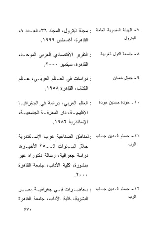 ‫٧- ﺍﻟﻬﻴﺌﺔ ﺍﻟﻤﺼﺭﻴﺔ ﺍﻟﻌﺎﻤﺔ : ﻤﺠﻠﺔ ﺍﻟﺒﺘﺭﻭل، ﺍﻟﻤﺠﻠﺩ ٦٣، ﺍﻟﻌـﺩﺩ ٨،‬
           ‫ﺍﻟﻘﺎﻫﺭﺓ، ﺃﻏﺴﻁﺱ ٩٩٩١.‬                       ‫ﻟﻠﺒﺘﺭﻭل‬


‫: ﺍﻟﺘﻘﺭﻴﺭ ﺍﻻﻗﺘﺼﺎﺩﻱ ﺍﻟﻌﺭﺒﻲ ﺍﻟﻤﻭﺤـﺩ،‬       ‫٨- ﺠﺎﻤﻌﺔ ﺍﻟﺩﻭل ﺍﻟﻌﺭﺒﻴﺔ‬

             ‫ﺍﻟﻘﺎﻫﺭﺓ، ﺴﺒﺘﻤﺒﺭ ٠٠٠٢.‬

‫: ﺩﺭﺍﺴﺎﺕ ﻓﻲ ﺍﻟﻌـﺎﻟﻡ ﺍﻟﻌﺭﺒـﻲ، ﻋـﺎﻟﻡ‬             ‫٩- ﺠﻤﺎل ﺤﻤﺩﺍﻥ‬

             ‫ﺍﻟﻜﺘﺎﺏ، ﺍﻟﻘﺎﻫﺭﺓ ٨٥٩١.‬

‫: ﺍﻟﻌﺎﻟﻡ ﺍﻟﻌﺭﺒﻲ، ﺩﺭﺍﺴﺔ ﻓﻲ ﺍﻟﺠﻐﺭﺍﻓﻴـﺎ‬    ‫٠١ـ ﺠﻭﺩﺓ ﺤﺴﻨﻴﻥ ﺠﻭﺩﺓ‬

‫ﺍﻹﻗﻠﻴﻤﻴ ـﺔ، ﺩﺍﺭ ﺍﻟﻤﻌﺭﻓ ـﺔ ﺍﻟﺠﺎﻤﻌﻴ ـﺔ،‬
  ‫ـ‬          ‫ـ‬              ‫ـ‬
                  ‫ﺍﻹﺴﻜﻨﺩﺭﻴﺔ ٦٨٩١.‬

‫١١- ﺤﺴﺎﻡ ﺍﻟـﺩﻴﻥ ﺠـﺎﺏ :ﺍﻟﻤﻨﺎﻁﻕ ﺍﻟﺼﻨﺎﻋﻴﺔ ﻏﺭﺏ ﺍﻹﺴـﻜﻨﺩﺭﻴﺔ‬
‫ﺨﻼل ﺍﻟﺴـﻨﻭﺍﺕ ﺍﻟــ٥٢ ﺍﻷﺨﻴـﺭﺓ،‬                            ‫ﺍﻟﺭﺏ‬

‫ﺩﺭﺍﺴﺔ ﺠﻐﺭﺍﻓﻴﺔ، ﺭﺴﺎﻟﺔ ﺩﻜﺘﻭﺭﺍﻩ ﻏﻴﺭ‬
‫ﻤﻨﺸﻭﺭﺓ، ﻜﻠﻴﺔ ﺍﻵﺩﺍﺏ، ﺠﺎﻤﻌﺔ ﺍﻟﻘﺎﻫﺭﺓ‬
                             ‫٠٠٠٢.‬

‫٢١- ﺤﺴﺎﻡ ﺍﻟـﺩﻴﻥ ﺠـﺎﺏ : ﻤﺤﺎﻀـﺭﺍﺕ ﻓـﻲ ﺠﻐﺭﺍﻓﻴـﺔ ﻤﺼـﺭ‬
 ‫ـ‬    ‫ـ‬        ‫ـ‬     ‫ـ‬
‫ﺍﻟﺒﺸﺭﻴﺔ، ﻜﻠﻴﺔ ﺍﻵﺩﺍﺏ، ﺠﺎﻤﻌﺔ ﺍﻟﻘﺎﻫﺭﺓ‬                      ‫ﺍﻟﺭﺏ‬

  ‫٠٧٥‬
 