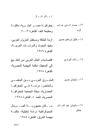 ‫١٠٠٢/ ٢٠٠٢.‬

‫٣١- ﺤﺴﺎﻡ ﺍﻟـﺩﻴﻥ ﺠـﺎﺏ : ﺠﻐﺭﺍﻓﻴـﺔ ﻤﺼـﺭ ﺍﻟﺒﺸـﺭﻴﺔ، ﻤﻜﺘﺒـﺔ‬
 ‫ـ‬         ‫ـ‬      ‫ـ‬    ‫ـ‬
        ‫ﻭﻤﻁﺒﻌﺔ ﺍﻟﻐﺩ، ﺍﻟﻘﺎﻫﺭﺓ ٢٠٠٢.‬                     ‫ﺍﻟﺭﺏ‬


‫: ﺃﺯﻤﺔ ﺍﻟﻁﺎﻗﺔ ﻭﻤﺴﺘﻘﺒل ﺍﻟﺒﺘﺭﻭل ﺍﻟﻌﺭﺒﻲ،‬   ‫٤١- ﺨﻠﻴل ﺇﺒﺭﺍﻫﻴﻡ ﺤﺴﻴﻥ‬

‫ﻤﻌﻬﺩ ﺍﻟﺒﺤﻭﺙ ﻭﺍﻟﺩﺭﺍﺴـﺎﺕ ﺍﻟﻌﺭﺒﻴـﺔ،‬
                    ‫ﺍﻟﻘﺎﻫﺭﺓ ٦٧٩١.‬

‫: ﺍﻗﺘﺼﺎﺩﻴﺎﺕ ﺍﻟﻌﺎﻟﻡ ﺍﻟﻌﺭﺒﻰ ﻤﻥ ﺍﻟﺨﻠـﻴﺞ‬        ‫٥١ـ ﺭﺍﺸﺩ ﺍﻟﺒﺭﺍﻭﻱ‬

‫ﺇﻟﻰ ﺍﻟﻤﺤﻴﻁ، ﻤﻜﺘﺒﺔ ﺍﻟﻨﻬﻀﺔ ﺍﻟﻤﺼﺭﻴﺔ،‬
                    ‫ﺍﻟﻘﺎﻫﺭﺓ ٨٧٩١.‬

‫ـﻲ‬
 ‫ـﻲ ـﻴﻥ ﺍﻟﻤﺎﻀـ‬
          ‫ـﺭﻕ ﺍﻟﻌﺭﺒـ ﺒـ‬
                      ‫:ﺍﻟﻤﺸـ‬                ‫٦١- ﺴﻠﻴﻤﺎﻥ ﺤﺯﻴﻥ‬

‫ﻭﺍﻟﺤﺎﻀﺭ، ﺩﺭﺍﺴـﺔ ﻓـﻲ ﺍﻟﺠﻐﺭﺍﻓﻴـﺎ‬
‫ﺍﻟﺤﻀﺎﺭﻴﺔ، ﻤﺠﻠﺔ ﺍﻟﺠﻤﻌﻴﺔ ﺍﻟﺠﻐﺭﺍﻓﻴـﺔ‬
  ‫ﺍﻟﻤﺼﺭﻴﺔ، ﺍﻟﻌﺩﺩ ١، ﺍﻟﻘﺎﻫﺭﺓ ٨٦٩١.‬

‫٧١- ﺴﻠﻴﻤﺎﻥ ﻋﺒﺩ ﺍﻟﺴـﺘﺎﺭ : ﺴـ ـﻜﺎﻥ ﺠﻤﻬﻭﺭﻴـ ـﺔ ﺍﻟﺼـ ـﻭﻤﺎل‬
    ‫ـ‬       ‫ـ‬            ‫ـ‬
‫ﺍﻟﺩﻴﻤﻭﻗﺭﺍﻁﻴﺔ ﺩﺭﺍﺴﺔ ﺘﺤﻠﻴﻠﻴﺔ، ﻤﻜﺘﺒـﺔ‬                    ‫ﺨﺎﻁﺭ‬

        ‫ﻨﻬﻀﺔ ﺍﻟﺸﺭﻕ، ﺍﻟﻘﺎﻫﺭﺓ ٤٨٩١.‬

  ‫١٧٥‬
 