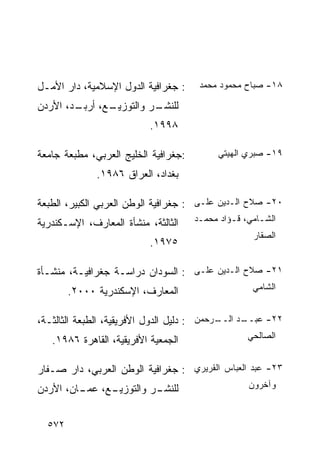 ‫: ﺠﻐﺭﺍﻓﻴﺔ ﺍﻟﺩﻭل ﺍﻹﺴﻼﻤﻴﺔ، ﺩﺍﺭ ﺍﻷﻤـل‬     ‫٨١- ﺼﺒﺎﺡ ﻤﺤﻤﻭﺩ ﻤﺤﻤﺩ‬

‫ـﺩ، ﺍﻷﺭﺩﻥ‬
        ‫ـﻊ، ﺃﺭﺒـ‬
               ‫ـﺭ ﻭﺍﻟﺘﻭﺯﻴـ‬
                         ‫ﻟﻠﻨﺸـ‬
                           ‫٨٩٩١.‬

‫:ﺠﻐﺭﺍﻓﻴﺔ ﺍﻟﺨﻠﻴﺞ ﺍﻟﻌﺭﺒﻲ، ﻤﻁﺒﻌﺔ ﺠﺎﻤﻌﺔ‬        ‫٩١- ﺼﺒﺭﻱ ﺍﻟﻬﻴﺘﻲ‬

              ‫ﺒﻐﺩﺍﺩ، ﺍﻟﻌﺭﺍﻕ ٦٨٩١.‬

‫٠٢- ﺼﻼﺡ ﺍﻟـﺩﻴﻥ ﻋﻠـﻰ : ﺠﻐﺭﺍﻓﻴﺔ ﺍﻟﻭﻁﻥ ﺍﻟﻌﺭﺒﻲ ﺍﻟﻜﺒﻴﺭ، ﺍﻟﻁﺒﻌﺔ‬
‫ﺍﻟﺜﺎﻟﺜﺔ، ﻤﻨﺸﺄﺓ ﺍﻟﻤﻌﺎﺭﻑ، ﺍﻹﺴـﻜﻨﺩﺭﻴﺔ‬    ‫ﺍﻟﺸـﺎﻤﻲ، ﻗـﺅﺍﺩ ﻤﺤﻤـﺩ‬
                                       ‫ـ‬       ‫ـ‬      ‫ـ‬
                                                    ‫ﺍﻟﺼﻘﺎﺭ‬
                           ‫٥٧٩١.‬

‫١٢- ﺼﻼﺡ ﺍﻟـﺩﻴﻥ ﻋﻠـﻰ : ﺍﻟﺴﻭﺩﺍﻥ ﺩﺭﺍﺴـﺔ ﺠﻐﺭﺍﻓﻴـﺔ، ﻤﻨﺸـﺄﺓ‬
        ‫ﺍﻟﻤﻌﺎﺭﻑ، ﺍﻹﺴﻜﻨﺩﺭﻴﺔ ٠٠٠٢.‬                    ‫ﺍﻟﺸﺎﻤﻲ‬


‫ـﺩ ـﺭﺤﻤﻥ : ﺩﻟﻴل ﺍﻟﺩﻭل ﺍﻷﻓﺭﻴﻘﻴﺔ، ﺍﻟﻁﺒﻌﺔ ﺍﻟﺜﺎﻟﺜـﺔ،‬
                                            ‫٢٢- ﻋﺒــ ﺍﻟــ‬

   ‫ﺍﻟﺠﻤﻌﻴﺔ ﺍﻷﻓﺭﻴﻘﻴﺔ، ﺍﻟﻘﺎﻫﺭﺓ ٦٨٩١.‬                 ‫ﺍﻟﺼﺎﻟﺤﻲ‬


‫٣٢- ﻋﺒﺩ ﺍﻟﻌﺒﺎﺱ ﺍﻟﻘﺭﻴﺭﻱ : ﺠﻐﺭﺍﻓﻴﺔ ﺍﻟﻭﻁﻥ ﺍﻟﻌﺭﺒﻲ، ﺩﺍﺭ ﺼـﻔﺎﺭ‬
‫ـﻊ، ﻋ ـﺎﻥ، ﺍﻷﺭﺩﻥ‬
         ‫ﻤـ‬    ‫ـﺭ ﻭﺍﻟﺘﻭﺯﻴـ‬
                         ‫ﻟﻠﻨﺸـ‬                     ‫ﻭﺁﺨﺭﻭﻥ‬



  ‫٢٧٥‬
 