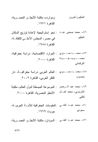 ‫ﻭﻤﻭﺍﺭﺩﻩ، ﻤﻜﺘﺒﺔ ﺍﻷﻨﺠﻠـﻭ ﺍﻟﻤﺼـﺭﻴﺔ،‬             ‫ﺍﻟﺤﻜﻴﻡ ﻭﺁﺨﺭﻭﻥ‬

                     ‫ﺍﻟﻘﺎﻫﺭﺓ ١٧٩١.‬

‫٦٤- ﻤﺤﻤﺩ ﺼﺒﺤﻲ ﻋﺒـﺩ : ﻨﺤﻭ ﺇﺴﺘﺭﺍﺘﻴﺠﻴﺔ ﻹﻋﺎﺩﺓ ﺘﻭﺯﻴﻊ ﺍﻟﺴﻜﺎﻥ‬
‫ﻓﻲ ﻤﺼﺭ، ﺍﻟﻤﺠﻠﺱ ﺍﻷﻋﻠـﻰ ﻟﻠﺜﻘﺎﻓـﺔ،‬                      ‫ﺍﻟﺤﻜﻴﻡ‬

                     ‫ﺍﻟﻘﺎﻫﺭﺓ ٨٨٩١.‬

‫ـﺒﺭﻱ : ﺍﻟﻤﻭﺍﺭﺩ ﺍﻻﻗﺘﺼﺎﺩﻴﺔ، ﺩﺭﺍﺴﺔ ﺠﻐﺭﺍﻓﻴﺔ،‬
                                       ‫ـﺩ ﺼــ‬
                                            ‫٧٤- ﻤﺤﻤــ‬

                     ‫ﺍﻟﻘﺎﻫﺭﺓ ٠٠٠٢.‬    ‫ـﻭﺩﺓ‬‫ـﻭﺏ، ﺠــ‬‫ﻤﺤﺴــ‬
                                                  ‫ﺍﻟﺘﺭﻜﻤﺎﻨﻲ‬

‫ـﺒﺭﻱ : ﺍﻟﻌﺎﻟﻡ ﺍﻟﻌﺭﺒﻲ ﺩﺭﺍﺴﺔ ﺠﻐﺭﺍﻓﻴـﺔ، ﺩﺍﺭ‬
                                       ‫ـﺩ ﺼــ‬
                                            ‫٨٤- ﻤﺤﻤــ‬

        ‫ﺍﻟﻔﻜﺭ ﺍﻟﻌﺭﺒﻲ، ﺍﻟﻘﺎﻫﺭﺓ ٢٠٠٢.‬                ‫ﻤﺤﺴﻭﺏ‬


‫٩٤- ﻤﺤﻤﺩ ﻋﺒﺩ ﺍﻟـﺭﺤﻤﻥ : ﺍﻟﻤﻭﺴﻭﻋﺔ ﺍﻟﻤﺒﺴﻁﺔ ﻟﺩﻭل ﺍﻟﻌﺎﻟﻡ، ﻤﻜﺘﺒﺔ‬
   ‫ﺍﻷﻨﺠﻠﻭ ﺍﻟﻤﺼﺭﻴﺔ، ﺍﻟﻘﺎﻫﺭﺓ ٠٠٠٢.‬      ‫ﺍﻟﺸﺭﻨﻭﺒﻲ، ﻤﺤﻤﺩ ﻜﻤـﺎل‬
                                                      ‫ﻟﻁﻔﻲ‬

‫٠٥- ﻤﺤﻤﺩ ﻋﺒـﺩ ﺍﻟﻐﻨـﻲ :ﺍﻟﻤﻘﻭﻤﺎﺕ ﺍﻟﺠﻐﺭﺍﻓﻴﺔ ﻟﻸﻤـﺔ ﺍﻟﻌﺭﺒﻴـﺔ،‬
                     ‫ﺒﻴﺭﻭﺕ ٩٦٩١.‬                    ‫ﺴﻌﻭﺩﻱ‬


‫١٥- ﻤﺤﻤﺩ ﻋﺒـﺩ ﺍﻟﻐﻨـﻲ : ﺍﻟﺴﻭﺩﺍﻥ، ﻤﻜﺘﺒﺔ ﺍﻷﻨﺠﻠـﻭ ﺍﻟﻤﺼـﺭﻴﺔ،‬

  ‫٧٧٥‬
 