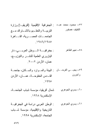 ‫٧٥- ﻤﺤﻤﻭﺩ ﻤﺤﻤﺩ ﻋﺒـﺩ : ﺍﻟﺠﻐﺭﺍﻓﻴﺔ ﺍﻹﻗﻠﻴﻤﻴﺔ )ﺃﻓﺭﻴﻘﻴـﺎ( ﻭﺯﺍﺭﺓ‬
‫ﺍﻟﺘﺭﺒﻴ ـﺔ ﻭﺍﻟﺘﻌﻠ ـﻴﻡ ﺒﺎﻻﺸ ـﺘﺭﺍﻙ ﻤ ـﻊ‬
 ‫ـ‬       ‫ـ‬        ‫ـ‬         ‫ـ‬              ‫ﺍﻟﻠﻁﻴﻑ ﻋﺼﻔﻭﺭ‬

‫ﺍﻟﺠﺎﻤﻌــﺎﺕ ﺍﻟﻤﺼــﺭﻴﺔ، ﺍﻟﻘــﺎﻫﺭﺓ‬
                     ‫٥٨٩١/٦٨٩١.‬

‫ـﻲ، ﺩﺍﺭ‬‫ـﺔ ـﻭﻁﻥ ﺍﻟﻌﺭﺒـ‬
                  ‫: ﺠﻐﺭﺍﻓﻴـ ﺍﻟـ‬            ‫٨٥- ﻨﻌﻴﻡ ﺍﻟﻅﺎﻫﺭ‬

‫ﺍﻟﻴﺎﺯﻭﺭﻱ ﺍﻟﻌﻠﻤﻴﺔ ﻟﻠﻨﺸـﺭ ﻭﺍﻟﺘﻭﺯﻴـﻊ،‬
              ‫ﻋﻤﺎﻥ، ﺍﻷﺭﺩﻥ ٢٠٠٢.‬

‫٩٥- ﻴﺤﻴــﻰ ﺍﻟﻔﺭﺤــﺎﻥ : ﺍﻟﺒﻴﺌﺔ ﻭﺍﻟﻤـﻭﺍﺭﺩ ﻭﺍﻟﺴـﻜﺎﻥ، ﺠﺎﻤﻌـﺔ‬
‫ﺍﻟﻘ ـﺩﺱ ﺍﻟﻤﻔﺘﻭﺤ ـﺔ، ـﺎﻥ، ﺍﻷﺭﺩﻥ‬
         ‫ـ ﻋﻤـ‬           ‫ـ‬                       ‫ﻭﺁﺨﺭﻭﻥ‬

                            ‫٥٩٩١.‬

‫ﺸﻤﺎل ﺃﻓﺭﻴﻘﻴﺎ، ﻤﺅﺴﺴﺔ ﺸﺒﺎﺏ ﺍﻟﺠﺎﻤﻌـﺔ،‬      ‫٠٦- ﻴﺴﺭﻱ ﺍﻟﺠﻭﻫﺭﻱ‬

                 ‫ﺍﻹﺴﻜﻨﺩﺭﻴﺔ ٨٦٩١.‬

‫: ﺍﻟﻭﻁﻥ ﺍﻟﻌﺭﺒﻲ ﺩﺭﺍﺴﺔ ﻓﻲ ﺍﻟﺠﻐﺭﺍﻓﻴـﺔ‬      ‫١٦- ﻴﺴﺭﻱ ﺍﻟﺠﻭﻫﺭﻱ‬

‫ﺍﻟﺘﺎﺭﻴﺨﻴﺔ ﻭﺍﻹﻗﻠﻴﻤﻴﺔ، ﻤﺅﺴﺴﺔ ﺸـﺒﺎﺏ‬
        ‫ﺍﻟﺠﺎﻤﻌﺔ، ﺍﻹﺴﻜﻨﺩﺭﻴﺔ ٥٩٩١.‬

  ‫٩٧٥‬
 