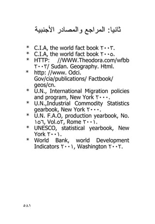 ‫ﺎ: ﺍﻟﻤﺭﺍﺠﻊ ﻭﺍﻟﻤﺼﺎﺩﺭ ﺍﻷﺠﻨﺒﻴﺔ‬ ‫ﺜﺎﻨ‬
                                 ‫ﻴ‬

* C.I.A, the world fact book ٢٠٠٣.
* C.I.A, the world fact book ٢٠٠٥.
* HTTP: //WWW.Theodora.com/wfbb
  ٢٠٠٣/ Sudan. Geography. Html.
* http: //www. Odci.
  Gov/cia/publications/ Factbook/
  geos/cn.
* U.N., International Migration policies
  and program, New York ٢٠٠٠.
* U.N.,Industrial Commodity Statistics
  gearbook, New York ٢٠٠٠.
* U.N. F.A.O, production yearbook, No.
  ١٥٦, Vol.٥٣, Rome ٢٠٠١.
* UNESCO, statistical yearbook, New
  York ٢٠٠١.
* World Bank, world Development
  Indicators ٢٠٠١, Washington ٢٠٠٢.




٥٨١
 