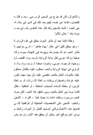 ‫ﻭﺍﻻﻨﻌﺯﺍل، ﻜﺎﻥ ﻗﺩ ﺨﺭﺝ ﻤﻥ ﺍﻟﺴﺠﻥ ﺍﻟﺭﺴـﻤﻲ ، ﺒﻌـﺩ ﻗﺘﻠـﻪ‬
‫ﻟﻠﻘﻨﺼل، ﺩﻓﺎﻋﺎ ﻋﻥ ﻨﻔﺴﻪ، ﻟﻴﻘﻴﻡ ﺒﻌﺩ ﺫﻟﻙ ﻓﻲ ﺍﻟﺩﻴﺭ ﻓﻲ ﺤﺎﻟـﺔ،‬
‫ﻫﻲ ﺃﻴﻀﺎ ، ﺃﺸﺒﻪ ﺒﺎﻟﺴﺠﻥ ﻭﻗﺩ ﻗﺎل ﻋﻨﻪ ﺍﻟﻤﻘﺩﺱ ﺒﺸـﺎﻱ ﺒﻌـﺩ‬
                                 ‫ﻤﻭﺘﻪ ﺒﺄﻨﻪ " ﻋﺎﺵ ﻟﻸﻟﻡ".‬

‫ﻭﻫﻜﺫﺍ ﻓﺈﻨﻨﺎ ﻨﺠﺩ ﺃﻥ ﻁﺎﺌﺭ ﺍﻟﻤﻭﺕ ﻴﺤﻠﻕ ﻓﻲ ﻫﺫﻩ ﺍﻟﺭﻭﺍﻴـﺔ‬
‫– ﻭﻫﻭ ﻴﺤﻠﻕ ﻜﺜﻴﺭﺍ ﻓﻲ ﻋﺎﻟﻡ " ﺒﻬﺎﺀ ﻁﺎﻫﺭ" – ﻓـﻲ ﻤﻭﺍﺠﻬـﺔ‬
‫ﻁﺎﺌﺭ ﺍﻟﺤﺏ ﺜﻡ ﺃﻨﻪ ﻴﺼﺎﺭﻋﻪ ﻭﻴﻬﺯﻤﻪ ﻓﻲ ﺍﻟﻨﻬﺎﻴﺔ، ﻴﻤﻭﺕ ﻭﺍﻟﺩﺍ‬
‫ﺼﻔﻴﺔ ﻭﻭﺍﻟﺩﺍ ﺤﺭﺒﻲ ﻗﺒل ﺒﺩﺍﻴﺔ ﺍﻟﺭﻭﺍﻴﺔ، ﺜﻡ ﻴﻤـﻭﺕ ﺍﻟﻘﻨﺼـل/‬
‫ﺯﻭﺠﻬﺎ، ﺜﻡ ﻴﻤﻭﺕ ﺤﺭﺒﻲ، ﻭﺘﻤﻭﺕ ﺼﻔﻴﺔ ﺜـﻡ ﻴﻤـﻭﺕ ﻭﺍﻟـﺩ‬
‫ﺍﻟﺭﺍﻭﻱ ﻓﻲ ﻨﻬﺎﻴﺔ ﺍﻟﺭﻭﺍﻴﺔ.ﻭﺍﻟﺤﺏ ﻤﺤﻜﻭﻡ ﻋﻠﻴﻪ ﺒﺎﻟﻔﺸل ﻤﺤﻜﻭﻡ‬
‫ﻋﻠﻴﻪ ﺒﺎﻟﻤﻭﺕ، ﺍﻟﺤﻠﻡ ﺒﺎﻟﺤﺏ ﻤﻘﻀﻲ ﻋﻠﻴﻪ ﺒﺄﻥ ﻴﺒﻴﺩ ﻤﻬﻤﺎ ﻴﻜﻭﻥ‬
‫ﻋﻠﻴﻪ ﻏﺭﺍﻤﺔ ﻭﺍﻀﻁﺭﺍﻡ ﻭﻭﻗﺩﺓ، ﺴـﻠﻁﺔ ﺍﻟﺘـﺭﺍﺙ، ﺃﻭ ﺴـﻠﻁﺔ‬
‫ﺍﻟﺯﻤﻥ، ﺃﻭ ﺴﻠﻁﺔ ﺍﻟﺴﺎﺩﺓ، ﺃﺼﺤﺎﺏ ﺍﻟﺴﻠﻁﺔ ، ﺃﻭ ﺍﻟﻤﻠﻜﻴﺔ ، ﺘﻅل‬
‫ﻗﺎﺌﻤﺎ ﺩﻭﻤﺎ ﺒﻴﻥ ﺍﻟﺤﻠﻡ ﺒﺎﻟﺤﺏ ﻭﺒﻴﻥ ﺘﺤﻘﻕ ﻫﺫﺍ ﺍﻟﺤﺏ. ﻟﻜﻥ ﻤﻭﺕ‬
‫ﺍﻟﺤﺏ ﻭﺭﻤﻭﺯﻩ ﻭﻤﺜﻠﻴﻪ ﺩﺍﺌﻤﺎ ﻤﺎ ﻴﺒﻌﺙ ﻓﻴﻨﺎ – ﺍﻟﻘﺭﺍﺀ – ﺍﻟﺸﺠﻥ‬
‫ﻭﺍﻟﺤﻠﻡ، ﺍﻟﺸﺠﻥ ﻋﻠﻰ ﺍﻟﺸﺨﺼﻴﺎﺕ ﺍﻟﻤﺘﺨﻴﻠﺔ ﺃﻭ ﺍﻟﻭﺍﻗﻌﻴﺔ ﺍﻟﺘـﻲ‬
‫ﻗﺩﻤﺘﻬﺎ ﻫﺫﻩ ﺍﻷﻋﻤﺎل،ﻭﺍﻟﺘﻲ ﺃﺼﺎﺒﻬﺎ ﺍﻟﻔﺸل ﺃﻭ ﺍﻟﻤﻭﺕ، ﻭﺍﻟﺤﻠـﻡ‬
‫ﺒﺯﻤﻥ ﺁﺨﺭ،ﻭﻭﺍﻗﻊ ﺁﺨﺭ ﻴﻤﻜﻥ ﺃﻥ ﻴﺤﻘﻕ ﻓﻴﻪ ﺍﻹﻨﺴـﺎﻥ ﺒﻌـﺽ‬
 