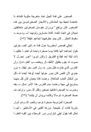 ‫ﺍﻟﺼﺨﻭﺭ ﻋﻠﻰ ﻗﻤﺔ ﺍﻟﺠﺒل ﺘﻤﺘﺩ ﻤﺘﻌﺭﺠﺔ ﻤﺘﻠﻭﻴﺔ ﻜﻤﺘﺎﻫـﺔ‬
‫ﻏﺎﻤﻀﺔ ﺘﺤﻴﻁ ﺒﻬﺎ ﺍﻟﺤﺸﺎﺌﺵ ﻭﺍﻷﺸﺠﺎﺭ ﺍﻟﺼﻐﻴﺭﺓ،ﻭﻤﻥ ﺒﻴﻥ ﻫﺫﻩ‬
‫ﺍﻟﺼﺨﻭﺭ ﻜﺎﻥ ﻴﺭﺘﻔﻊ " ﺒﺭﻭﺯﺍﻥ ﻤﻘﻭﺴﺎﻥ ﻟﺼﺨﺭﺘﻴﻥ ﻤﺘﻌﺎﻨﻘﺘﻴﻥ‬
‫ﺘﻤﻴﻼﻥ ﻓﻲ ﺍﺘﺠﺎﻩ ﺍﻟﺒﻠﺩﺓ. ﻜﺎﻨﺘﺎ ﻤﺘﺴﺎﻭﻴﻥ ﻭﻟﻭﻨﻬﻤﺎ ﺃﺴـﻭﺩ،ﻭﺒﻌـﺩ‬
    ‫ﺴﻘﻭﻁ ﺍﻟﻤﻁﺭ.. ﻜﺎﻥ ﻴﺒﺩﻭ ﺒﻁﺭﻓﻴﻬﻤﺎ ﺘﺠﺎﻋﻴﺩ ﺩﻗﻴﻘﺔ" )٧٨(.‬

‫ﺘﺤﻜﻲ ﻗﺼﺹ ﺃﺴﻁﻭﺭﻴﺔ ﺤﻭل ﻗﻤﺔ ﻫـﺎﺘﻴﻥ ﺍﻟﺼـﺨﺭﺘﻴﻥ‬
‫ﺘﻘﻭل ﺇﺤﺩﺍﻫﻤﺎ ﺃﻨﻬﺎ ﻜﺎﻨﺘﺎ ﻴﻭﻤﺎ ﺼﺨﺭﺓ ﻭﺍﺤﺩﺓ ﺜﻡ ﺍﺨﺘﺒـﺄ ﺨﻠﻔﻬـﺎ‬
‫ﺫﺍﺕ ﻟﻴﻠﺔ ﺃﺤﺩ ﻗﻁﺎﻉ ﺍﻟﻁﺭﻴﻕ ) ﻭﻜﺎﻥ ﺸﺭﻴﺭﺍ ﺃﻋﻭﺭ ﻨﺤﻴـل ﻻ‬
‫ﺼﻭﺕ ﻟﻪ ﻴﻘﻭﻡ ﺒﺘﻘﺘﻴل ﺍﻷﻁﻔـﺎل ﻭﻴﻐﺘﺼـﺏ ﺍﻟﻔﺘﻴـﺎﺕ(. ﻭﺃﻥ‬
‫ﺍﻟﻔﺎﺭﺱ ﺍﻟﺫﻱ ﻁﺎﺭﺩﻩ ﻅل ﻴﺩﻭﺭ ﺤـﻭل ﺍﻟﺼـﺨﺭ ﻟﻴﻘﺘﻠـﻪ ﺩﻭﻥ‬
‫ﺠﺩﻭﻱ ﻷﻥ ﺍﻟﻠﺹ ﻜﺎﻥ ﻴﺩﻭﺭ ﺤﻭﻟﻬﺎ ﺃﻴﻀﺎ )ﻭﻫﺫﺍ ﺃﻴﻀﺎ ﺸـﻜل‬
‫ﻤﻥ ﺃﺸﻜﺎل ﺃﻟﻌﺎﺏ ﺍﻟﻤﺘﺎﻫﺔ(. ﻭﻋﻨﺩﻤﺎ ﻜﺎﻨﺎ ﻴﺘﻌﺒﺎﻥ ﻜﺎﻥ ﻜل ﻤﻨﻬﻤﺎ‬
‫ﻴﺴﺘﺭﻴﺢ ﻓﻲ ﺠﻬﺔ ﻭﻋﻨﺩﻤﺎ ﺴﺌﻡ ﺍﻟﻔﺎﺭﺱ ﻫﺫﺍ ﺍﻷﻤﺭ ﺍﺴﺘل ﺴـﻴﻔﻪ‬
‫ﻭﻀﺭﺏ ﺒﻪ ﺍﻟﺼﺨﺭﺓ ﻓﺸﻘﻬﺎ ﻨﺼﻔﻴﻥ ﻭﻗﺘل ﺍﻟﻠـﺹ: ﻭﺍﺭﺘﺠـﻑ‬
     ‫ﻨﺼﻔﺎ ﺍﻟﺼﺨﺭﺓ، ﺜﻡ ﻤﺎﻻ ﻭﻜﺄﻨﻤﺎ ﻴﺭﻴﺩﺍﻥ ﺃﻥ ﻴﻠﺘﺌﻤﺎ" )٩٧(.‬

‫ﺍﻟﺼﺨﺭﺓ ﺍﻟﻤﺯﺩﻭﺠﺔ ﺼﺨﺭﺓ ﺘﻭﺀﻡ، ﻭﺘﻠﻌﺏ ﺍﻟﺘـﻭﺍﺌﻡ ﺃﺩﻭﺍﺭ‬
‫ﺒﺸﺭﻴﺔ ﻜﺎﻨﺕ ﺃﻭ ﻁﺒﻴﻌﻴﺔ. ﺩﻭﺭﻫﺎ ﺍﻟﻜﺒﻴﺭ ﻓﻲ ﺍﻷﺴﺎﻁﻴﺭ ، ﺃﻨﻬـﺎ‬
‫ﺘﻤﺜل ﻜﻤﺎ ﻴﻘﻭل ﻟﻴﻔﻲ ﺸﺘﺭﺍﻭﺱ ﺩﻭﺭ ﺍﻟﻭﺴﻁﺎﺀ ﺒﻴﻥ ﺍﻟﻘﻭﺓ ﺍﻟﻌﻠﻴـﺎ‬
 