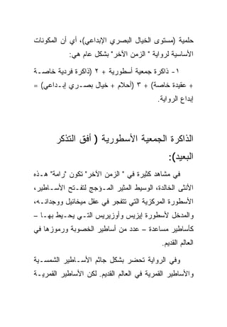 ‫ﺤﻠﻤﻴﺔ )ﻤﺴﺘﻭﻯ ﺍﻟﺨﻴﺎل ﺍﻟﺒﺼﺭﻱ ﺍﻹﺒﺩﺍﻋﻲ(، ﺃﻱ ﺃﻥ ﺍﻟﻤﻜﻭﻨﺎﺕ‬
            ‫ﺍﻷﺴﺎﺴﻴﺔ ﻟﺭﻭﺍﻴﺔ " ﺍﻟﺯﻤﻥ ﺍﻵﺨﺭ" ﺒﺸﻜل ﻋﺎﻡ ﻫﻲ:‬

‫١- ﺫﺍﻜﺭﺓ ﺠﻤﻌﻴﺔ ﺃﺴﻁﻭﺭﻴﺔ + ٢ )ﺫﺍﻜﺭﺓ ﻓﺭﺩﻴﺔ ﺨﺎﺼـﺔ‬
‫+ ﻋﻘﻴﺩﺓ ﺨﺎﺼﺔ( + ٣ )ﺃﺤﻼﻡ + ﺨﻴﺎل ﺒﺼـﺭﻱ ﺇﺒـﺩﺍﻋﻲ( =‬
                                          ‫ﺇﺒﺩﺍﻉ ﺍﻟﺭﻭﺍﻴﺔ.‬



       ‫ﺍﻟﺫﺍﻜﺭﺓ ﺍﻟﺠﻤﻌﻴﺔ ﺍﻷﺴﻁﻭﺭﻴﺔ ) ﺃﻓﻕ ﺍﻟﺘﺫﻜﺭ‬
                                              ‫ﺍﻟﺒﻌﻴﺩ(:‬
‫ﻓﻲ ﻤﺸﺎﻫﺩ ﻜﺜﻴﺭﺓ ﻓﻲ " ﺍﻟﺯﻤﻥ ﺍﻵﺨﺭ" ﺘﻜﻭﻥ "ﺭﺍﻤﺔ" ﻫـﺫﻩ‬
‫ﺍﻷﻨﺜﻰ ﺍﻟﺨﺎﻟﺩﺓ، ﺍﻟﻭﺴﻴﻁ ﺍﻟﻤﺜﻴﺭ ﺍﻟﻤـﺅﺠﺞ ﻟﺘﻔـﺘﺢ ﺍﻷﺴـﺎﻁﻴﺭ،‬
‫ﺍﻷﺴﻁﻭﺭﺓ ﺍﻟﻤﺭﻜﺯﻴﺔ ﺍﻟﺘﻲ ﺘﺘﻔﺠﺭ ﻓﻲ ﻋﻘل ﻤﻴﺨﺎﺌﻴل ﻭﻭﺠﺩﺍﻨـﻪ،‬
‫ﻭﺍﻟﻤﺩﺨل ﻷﺴﻁﻭﺭﺓ ﺇﻴﺯﻴﺱ ﻭﺃﻭﺯﻴﺭﻴﺱ ﺍﻟﺘـﻲ ﻴﺤـﻴﻁ ﺒﻬـﺎ –‬
‫ﻜﺄﺴﺎﻁﻴﺭ ﻤﺴﺎﻋﺩﺓ – ﻋﺩﺩ ﻤﻥ ﺃﺴﺎﻁﻴﺭ ﺍﻟﺨﺼﻭﺒﺔ ﻭﺭﻤﻭﺯﻫﺎ ﻓﻲ‬
                                            ‫ﺍﻟﻌﺎﻟﻡ ﺍﻟﻘﺩﻴﻡ.‬

‫ﻭﻓﻲ ﺍﻟﺭﻭﺍﻴﺔ ﺘﺤﻀﺭ ﺒﺸﻜل ﺠﺎﺜﻡ ﺍﻷﺴـﺎﻁﻴﺭ ﺍﻟﺸﻤﺴـﻴﺔ‬
‫ﻭﺍﻷﺴﺎﻁﻴﺭ ﺍﻟﻘﻤﺭﻴﺔ ﻓﻲ ﺍﻟﻌﺎﻟﻡ ﺍﻟﻘﺩﻴﻡ. ﻟﻜﻥ ﺍﻷﺴﺎﻁﻴﺭ ﺍﻟﻘﻤﺭﻴـﺔ‬
 