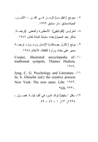 ‫٧- ﺴﻴﺭﻨﺞ ) ﻓﻴﻠﻴـﺏ( ﺍﻟﺭﻤـﺯ ﻓـﻲ ﺍﻟﻔـﻥ – ﺍﻷﺩﻴـﻥ-‬
                  ‫ﺍﻟﺤﻴﺎﺓ،ﺩﻤﺸﻕ: ﺩﺍﺭ ﺩﻤﺸﻕ ٢٩٩١.‬

‫٨- ﺸﺘﺭﺍﻭﺱ )ﻜﻠﻭﺩﻟﻴﻔﻲ(: ﺍﻷﺴﻁﻭﺭﺓ ﻭﺍﻟﻤﻌﻨﻰ. )ﺘﺭﺠﻤـﺔ:‬
  ‫ﺸﺎﻜﺭ ﻋﺒﺩ ﺍﻟﺤﻤﻴﺩ(.ﺒﻐﺩﺍﺩ ﺴﻠﺴﻠﺔ ﺍﻟﻤﺎﺌﺔ ﻜﺘﺎﺏ ٦٨٩١.‬

‫٩- ﻴﻭﻨﺞ ) ﻜﺎﺭل ﺠﻭﺴﺘﺎﻑ( ﺍﻹﻨﺴﺎﻥ ﻭﺭﻤـﻭﺯﻩ. ﺘﺭﺠﻤـﺔ‬
     ‫ﺴﻤﻴﺭ ﻋﻠﻰ ﺒﻐﺩﺍﺩ ﻭﺯﺍﺭﺓ ﺍﻟﺜﻘﺎﻓﺔ، ﺍﻷﻋﻼﻡ ٤٨٩١.‬
‫٠١- ‪Cooper, illustrated encyclopedia of‬‬
‫,‪traditional sympols, Thames Hudson‬‬
                                ‫.٦٨٩١‬
‫١١- .‪Jyng, C. G. Psychology and Literature‬‬
‫‪In, b. Ghiselin (ed.) the creative process‬‬
‫.٢٥٩١ .‪New York: The now amer. Libr‬‬
                                  ‫.٠٣٢٢ .‪٢Gb‬‬

‫٢١- ﺒﺎﻓل " ﺴﻠﻴﻔﻴﺎ( ﺘﻭﺍﻟﺩ ﺍﻟﺴﺭﺩ ﻓﻲ ﺃﻟﻑ ﻟﻴﻠـﺔ. ﻓﺼـﻭل ،‬
                   ‫٤٩٩١ﺯ ٣١ﺯ ١ – ٧٤ – ٩٥.‬
 
