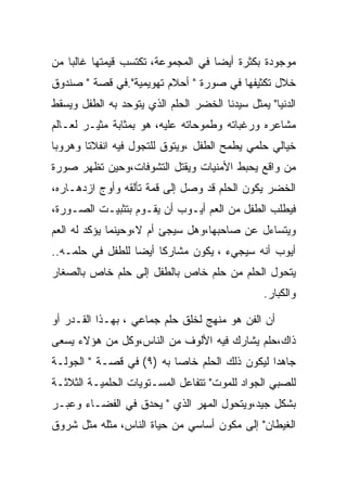 ‫ﻤﻭﺠﻭﺩﺓ ﺒﻜﺜﺭﺓ ﺃﻴﻀﺎ ﻓﻲ ﺍﻟﻤﺠﻤﻭﻋﺔ، ﺘﻜﺘﺴﺏ ﻗﻴﻤﺘﻬﺎ ﻏﺎﻟﺒﺎ ﻤﻥ‬
‫ﺨﻼل ﺘﻜﺜﻴﻔﻬﺎ ﻓﻲ ﺼﻭﺭﺓ " ﺃﺤﻼﻡ ﺘﻬﻭﻴﻤﻴﺔ".ﻓﻲ ﻗﺼﺔ " ﺼﻨﺩﻭﻕ‬
‫ﺍﻟﺩﻨﻴﺎ" ﻴﻤﺜل ﺴﻴﺩﻨﺎ ﺍﻟﺨﻀﺭ ﺍﻟﺤﻠﻡ ﺍﻟﺫﻱ ﻴﺘﻭﺤﺩ ﺒﻪ ﺍﻟﻁﻔل ﻭﻴﺴﻘﻁ‬
‫ﻤﺸﺎﻋﺭﻩ ﻭﺭﻏﺒﺎﺘﻪ ﻭﻁﻤﻭﺤﺎﺘﻪ ﻋﻠﻴﻪ، ﻫﻭ ﺒﻤﺜﺎﺒﺔ ﻤﺜﻴـﺭ ﻟﻌـﺎﻟﻡ‬
‫ﺨﻴﺎﻟﻲ ﺤﻠﻤﻲ ﻴﻁﻤﺢ ﺍﻟﻁﻔل ،ﻭﻴﺘﻭﻕ ﻟﻠﺘﺠﻭل ﻓﻴﻪ ﺍﻨﻔﻼﺘﺎ ﻭﻫﺭﻭﺒﺎ‬
‫ﻤﻥ ﻭﺍﻗﻊ ﻴﺤﺒﻁ ﺍﻷﻤﻨﻴﺎﺕ ﻭﻴﻘﺘل ﺍﻟﺘﺸﻭﻓﺎﺕ،ﻭﺤﻴﻥ ﺘﻅﻬﺭ ﺼﻭﺭﺓ‬
‫ﺍﻟﺨﻀﺭ ﻴﻜﻭﻥ ﺍﻟﺤﻠﻡ ﻗﺩ ﻭﺼل ﺇﻟﻰ ﻗﻤﺔ ﺘﺄﻟﻘﻪ ﻭﺃﻭﺝ ﺍﺯﺩﻫـﺎﺭﻩ،‬
‫ﻓﻴﻁﻠﺏ ﺍﻟﻁﻔل ﻤﻥ ﺍﻟﻌﻡ ﺃﻴـﻭﺏ ﺃﻥ ﻴﻘـﻭﻡ ﺒﺘﺜﺒﻴـﺕ ﺍﻟﺼـﻭﺭﺓ،‬
‫ﻭﻴﺘﺴﺎﺀل ﻋﻥ ﺼﺎﺤﺒﻬﺎ،ﻭﻫل ﺴﻴﺠﺊ ﺃﻡ ﻻ،ﻭﺤﻴﻨﻤﺎ ﻴﺅﻜﺩ ﻟﻪ ﺍﻟﻌﻡ‬
‫ﺃﻴﻭﺏ ﺃﻨﻪ ﺴﻴﺠﻲﺀ ، ﻴﻜﻭﻥ ﻤﺸﺎﺭﻜﺎ ﺃﻴﻀﺎ ﻟﻠﻁﻔل ﻓﻲ ﺤﻠﻤـﻪ..‬
                       ‫ﹰ‬
‫ﻴﺘﺤﻭل ﺍﻟﺤﻠﻡ ﻤﻥ ﺤﻠﻡ ﺨﺎﺹ ﺒﺎﻟﻁﻔل ﺇﻟﻰ ﺤﻠﻡ ﺨﺎﺹ ﺒﺎﻟﺼﻐﺎﺭ‬
                                                ‫ﻭﺍﻟﻜﺒﺎﺭ.‬

‫ﺃﻥ ﺍﻟﻔﻥ ﻫﻭ ﻤﻨﻬﺞ ﻟﺨﻠﻕ ﺤﻠﻡ ﺠﻤﺎﻋﻲ ، ﺒﻬـﺫﺍ ﺍﻟﻘـﺩﺭ ﺃﻭ‬
‫ﺫﺍﻙ،ﺤﻠﻡ ﻴﺸﺎﺭﻙ ﻓﻴﻪ ﺍﻷﻟﻭﻑ ﻤﻥ ﺍﻟﻨﺎﺱ،ﻭﻜل ﻤﻥ ﻫﺅﻻﺀ ﻴﺴﻌﻰ‬
‫ﺠﺎﻫﺩﺍ ﻟﻴﻜﻭﻥ ﺫﻟﻙ ﺍﻟﺤﻠﻡ ﺨﺎﺼﺎ ﺒﻪ )٩( ﻓﻲ ﻗﺼـﺔ " ﺍﻟﺠﻭﻟـﺔ‬
‫ﻟﻠﺼﺒﻲ ﺍﻟﺠﻭﺍﺩ ﻟﻠﻤﻭﺕ" ﺘﺘﻔﺎﻋل ﺍﻟﻤﺴـﺘﻭﻴﺎﺕ ﺍﻟﺤﻠﻤﻴـﺔ ﺍﻟﺜﻼﺜـﺔ‬
‫ﺒﺸﻜل ﺠﻴﺩ،ﻭﻴﺘﺤﻭل ﺍﻟﻤﻬﺭ ﺍﻟﺫﻱ " ﻴﺤﺩﻕ ﻓﻲ ﺍﻟﻔﻀـﺎﺀ ﻭﻋﺒـﺭ‬
‫ﺍﻟﻐﻴﻁﺎﻥ" ﺇﻟﻰ ﻤﻜﻭﻥ ﺃﺴﺎﺴﻲ ﻤﻥ ﺤﻴﺎﺓ ﺍﻟﻨﺎﺱ، ﻤﺜﻠﻪ ﻤﺜل ﺸﺭﻭﻕ‬
 