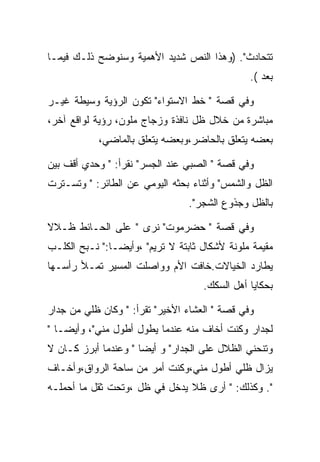 ‫ﺘﺘﺤﺎﺩﺙ". )ﻭﻫﺫﺍ ﺍﻟﻨﺹ ﺸﺩﻴﺩ ﺍﻷﻫﻤﻴﺔ ﻭﺴﻨﻭﻀﺢ ﺫﻟـﻙ ﻓﻴﻤـﺎ‬
                                               ‫ﺒﻌﺩ (.‬

‫ﻭﻓﻲ ﻗﺼﺔ " ﺨﻁ ﺍﻻﺴﺘﻭﺍﺀ" ﺘﻜﻭﻥ ﺍﻟﺭﺅﻴﺔ ﻭﺴﻴﻁﺔ ﻏﻴـﺭ‬
‫ﻤﺒﺎﺸﺭﺓ ﻤﻥ ﺨﻼل ﻅل ﻨﺎﻓﺫﺓ ﻭﺯﺠﺎﺝ ﻤﻠﻭﻥ، ﺭﺅﻴﺔ ﻟﻭﺍﻗﻊ ﺁﺨﺭ،‬
            ‫ﺒﻌﻀﻪ ﻴﺘﻌﻠﻕ ﺒﺎﻟﺤﺎﻀﺭ،ﻭﺒﻌﻀﻪ ﻴﺘﻌﻠﻕ ﺒﺎﻟﻤﺎﻀﻲ،‬

‫ﻭﻓﻲ ﻗﺼﺔ " ﺍﻟﺼﺒﻲ ﻋﻨﺩ ﺍﻟﺠﺴﺭ" ﻨﻘﺭﺃ: " ﻭﺤﺩﻱ ﺃﻗﻑ ﺒﻴﻥ‬
‫ﺍﻟﻅل ﻭﺍﻟﺸﻤﺱ" ﻭﺃﺜﻨﺎﺀ ﺒﺤﺜﻪ ﺍﻟﻴﻭﻤﻲ ﻋﻥ ﺍﻟﻁﺎﺌﺭ: " ﻭﺘﺴـﺘﺭﺕ‬
                                 ‫ﺒﺎﻟﻅل ﻭﺠﺫﻭﻉ ﺍﻟﺸﺠﺭ".‬

‫ﻭﻓﻲ ﻗﺼﺔ " ﺤﻀﺭﻤﻭﺕ" ﻨﺭﻯ " ﻋﻠﻰ ﺍﻟﺤـﺎﺌﻁ ﻅـﻼﻻ‬
‫ﻤﻘﻴﻤﺔ ﻤﻠﻭﻨﺔ ﻷﺸﻜﺎل ﺜﺎﺒﺘﺔ ﻻ ﺘﺭﻴﻡ" ،ﻭﺃﻴﻀـﺎ:" ﻨـﺒﺢ ﺍﻟﻜﻠـﺏ‬
‫ﻴﻁﺎﺭﺩ ﺍﻟﺨﻴﺎﻻﺕ.ﺨﺎﻓﺕ ﺍﻷﻡ ﻭﻭﺍﺼﻠﺕ ﺍﻟﻤﺴﻴﺭ ﺘﻤـﻸ ﺭﺃﺴـﻬﺎ‬
                                    ‫ﺒﺤﻜﺎﻴﺎ ﺃﻫل ﺍﻟﺴﻜﻙ.‬

‫ﻭﻓﻲ ﻗﺼﺔ " ﺍﻟﻌﺸﺎﺀ ﺍﻷﺨﻴﺭ" ﺘﻘﺭﺃ: " ﻭﻜﺎﻥ ﻅﻠﻲ ﻤﻥ ﺠﺩﺍﺭ‬
‫ﻟﺠﺩﺍﺭ ﻭﻜﻨﺕ ﺃﺨﺎﻑ ﻤﻨﻪ ﻋﻨﺩﻤﺎ ﻴﻁﻭل ﺃﻁﻭل ﻤﻨﻲ"، ﻭﺃﻴﻀـﺎ "‬
‫ﻭﺘﻨﺤﻨﻲ ﺍﻟﻅﻼل ﻋﻠﻰ ﺍﻟﺠﺩﺍﺭ" ﻭ ﺃﻴﻀﺎ " ﻭﻋﻨﺩﻤﺎ ﺃﺒﺭﺯ ﻜـﺎﻥ ﻻ‬
‫ﻴﺯﺍل ﻅﻠﻲ ﺃﻁﻭل ﻤﻨﻲ،ﻭﻜﻨﺕ ﺃﻤﺭ ﻤﻥ ﺴﺎﺤﺔ ﺍﻟﺭﻭﺍﻕ،ﻭﺃﺨـﺎﻑ‬
‫". ﻭﻜﺫﻟﻙ: " ﺃﺭﻯ ﻅﻼ ﻴﺩﺨل ﻓﻲ ﻅل ،ﻭﺘﺤﺕ ﺜﻘل ﻤﺎ ﺃﺤﻤﻠـﻪ‬
 