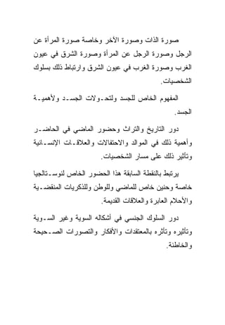 ‫ﺼﻭﺭﺓ ﺍﻟﺫﺍﺕ ﻭﺼﻭﺭﺓ ﺍﻵﺨﺭ ﻭﺨﺎﺼﺔ ﺼﻭﺭﺓ ﺍﻟﻤﺭﺃﺓ ﻋﻥ‬
‫ﺍﻟﺭﺠل ﻭﺼﻭﺭﺓ ﺍﻟﺭﺠل ﻋﻥ ﺍﻟﻤﺭﺃﺓ ﻭﺼﻭﺭﺓ ﺍﻟﺸﺭﻕ ﻓﻲ ﻋﻴﻭﻥ‬
‫ﺍﻟﻐﺭﺏ ﻭﺼﻭﺭﺓ ﺍﻟﻐﺭﺏ ﻓﻲ ﻋﻴﻭﻥ ﺍﻟﺸﺭﻕ ﻭﺍﺭﺘﺒﺎﻁ ﺫﻟﻙ ﺒﺴﻠﻭﻙ‬
                                           ‫ﺍﻟﺸﺨﺼﻴﺎﺕ.‬

‫ﺍﻟﻤﻔﻬﻭﻡ ﺍﻟﺨﺎﺹ ﻟﻠﺠﺴﺩ ﻭﻟﺘﺤـﻭﻻﺕ ﺍﻟﺠﺴـﺩ ﻭﻷﻫﻤﻴـﺔ‬
                                                ‫ﺍﻟﺠﺴﺩ.‬

‫ﺩﻭﺭ ﺍﻟﺘﺎﺭﻴﺦ ﻭﺍﻟﺘﺭﺍﺙ ﻭﺤﻀﻭﺭ ﺍﻟﻤﺎﻀﻲ ﻓﻲ ﺍﻟﺤﺎﻀـﺭ‬
‫ﻭﺃﻫﻤﻴﺔ ﺫﻟﻙ ﻓﻲ ﺍﻟﻤﻭﺍﻟﺩ ﻭﺍﻻﺤﺘﻔﺎﻻﺕ ﻭﺍﻟﻌﻼﻗـﺎﺕ ﺍﻹﻨﺴـﺎﻨﻴﺔ‬
                       ‫ﻭﺘﺄﺜﻴﺭ ﺫﻟﻙ ﻋﻠﻰ ﻤﺴﺎﺭ ﺍﻟﺸﺨﺼﻴﺎﺕ.‬

‫ﻴﺭﺘﺒﻁ ﺒﺎﻟﻨﻘﻁﺔ ﺍﻟﺴﺎﺒﻘﺔ ﻫﺫﺍ ﺍﻟﺤﻀﻭﺭ ﺍﻟﺨﺎﺹ ﻟﻨﻭﺴـﺘﺎﻟﺠﻴﺎ‬
‫ﺨﺎﺼﺔ ﻭﺤﻨﻴﻥ ﺨﺎﺹ ﻟﻠﻤﺎﻀﻲ ﻭﻟﻠﻭﻁﻥ ﻭﻟﻠﺫﻜﺭﻴﺎﺕ ﺍﻟﻤﻨﻘﻀـﻴﺔ‬
                       ‫ﻭﺍﻷﺤﻼﻡ ﺍﻟﻌﺎﺒﺭﺓ ﻭﺍﻟﻌﻼﻗﺎﺕ ﺍﻟﻘﺩﻴﻤﺔ.‬

‫ﺩﻭﺭ ﺍﻟﺴﻠﻭﻙ ﺍﻟﺠﻨﺴﻲ ﻓﻲ ﺃﺸﻜﺎﻟﻪ ﺍﻟﺴﻭﻴﺔ ﻭﻏﻴﺭ ﺍﻟﺴـﻭﻴﺔ‬
‫ﻭﺘﺄﺜﻴﺭﻩ ﻭﺘﺄﺜﺭﻩ ﺒﺎﻟﻤﻌﺘﻘﺩﺍﺕ ﻭﺍﻷﻓﻜﺎﺭ ﻭﺍﻟﺘﺼﻭﺭﺍﺕ ﺍﻟﺼـﺤﻴﺤﺔ‬
                                             ‫ﻭﺍﻟﺨﺎﻁﺌﺔ.‬
 