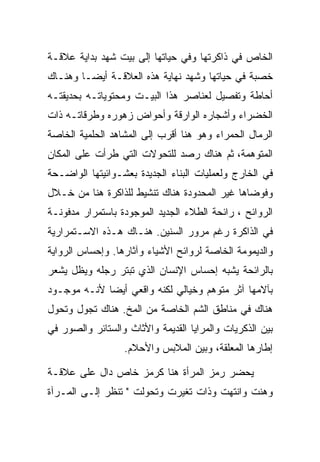 ‫ﺍﻟﺨﺎﺹ ﻓﻲ ﺫﺍﻜﺭﺘﻬﺎ ﻭﻓﻲ ﺤﻴﺎﺘﻬﺎ ﺇﻟﻰ ﺒﻴﺕ ﺸﻬﺩ ﺒﺩﺍﻴﺔ ﻋﻼﻗـﺔ‬
‫ﺨﺼﺒﺔ ﻓﻲ ﺤﻴﺎﺘﻬﺎ ﻭﺸﻬﺩ ﻨﻬﺎﻴﺔ ﻫﺫﻩ ﺍﻟﻌﻼﻗـﺔ ﺃﻴﻀـﺎ ﻭﻫﻨـﺎﻙ‬
‫ﺃﺤﺎﻁﺔ ﻭﺘﻔﺼﻴل ﻟﻌﻨﺎﺼﺭ ﻫﺫﺍ ﺍﻟﺒﻴـﺕ ﻭﻤﺤﺘﻭﻴﺎﺘـﻪ ﺒﺤﺩﻴﻘﺘـﻪ‬
‫ﺍﻟﺨﻀﺭﺍﺀ ﻭﺃﺸﺠﺎﺭﻩ ﺍﻟﻭﺍﺭﻗﺔ ﻭﺃﺤﻭﺍﺽ ﺯﻫﻭﺭﻩ ﻭﻁﺭﻗﺎﺘـﻪ ﺫﺍﺕ‬
‫ﺍﻟﺭﻤﺎل ﺍﻟﺤﻤﺭﺍﺀ ﻭﻫﻭ ﻫﻨﺎ ﺃﻗﺭﺏ ﺇﻟﻰ ﺍﻟﻤﺸﺎﻫﺩ ﺍﻟﺤﻠﻤﻴﺔ ﺍﻟﺨﺎﺼﺔ‬
‫ﺍﻟﻤﺘﻭﻫﻤﺔ، ﺜﻡ ﻫﻨﺎﻙ ﺭﺼﺩ ﻟﻠﺘﺤﻭﻻﺕ ﺍﻟﺘﻲ ﻁﺭﺃﺕ ﻋﻠﻰ ﺍﻟﻤﻜﺎﻥ‬
‫ﻓﻲ ﺍﻟﺨﺎﺭﺝ ﻭﻟﻌﻤﻠﻴﺎﺕ ﺍﻟﺒﻨﺎﺀ ﺍﻟﺠﺩﻴﺩﺓ ﺒﻌﺸـﻭﺍﺌﻴﺘﻬﺎ ﺍﻟﻭﺍﻀـﺤﺔ‬
‫ﻭﻓﻭﻀﺎﻫﺎ ﻏﻴﺭ ﺍﻟﻤﺤﺩﻭﺩﺓ ﻫﻨﺎﻙ ﺘﻨﺸﻴﻁ ﻟﻠﺫﺍﻜﺭﺓ ﻫﻨﺎ ﻤﻥ ﺨـﻼل‬
‫ﺍﻟﺭﻭﺍﺌﺢ ، ﺭﺍﺌﺤﺔ ﺍﻟﻁﻼﺀ ﺍﻟﺠﺩﻴﺩ ﺍﻟﻤﻭﺠﻭﺩﺓ ﺒﺎﺴﺘﻤﺭﺍﺭ ﻤﺩﻓﻭﻨـﺔ‬
‫ﻓﻲ ﺍﻟﺫﺍﻜﺭﺓ ﺭﻏﻡ ﻤﺭﻭﺭ ﺍﻟﺴﻨﻴﻥ. ﻫﻨـﺎﻙ ﻫـﺫﻩ ﺍﻻﺴـﺘﻤﺭﺍﺭﻴﺔ‬
‫ﻭﺍﻟﺩﻴﻤﻭﻤﺔ ﺍﻟﺨﺎﺼﺔ ﻟﺭﻭﺍﺌﺢ ﺍﻷﺸﻴﺎﺀ ﻭﺁﺜﺎﺭﻫﺎ. ﻭﺇﺤﺴﺎﺱ ﺍﻟﺭﻭﺍﻴﺔ‬
‫ﺒﺎﻟﺭﺍﺌﺤﺔ ﻴﺸﺒﻪ ﺇﺤﺴﺎﺱ ﺍﻹﻨﺴﺎﻥ ﺍﻟﺫﻱ ﺘﺒﺘﺭ ﺭﺠﻠﻪ ﻭﻴﻅل ﻴﺸﻌﺭ‬
‫ﺒﺂﻻﻤﻬﺎ ﺁﺜﺭ ﻤﺘﻭﻫﻡ ﻭﺨﻴﺎﻟﻲ ﻟﻜﻨﻪ ﻭﺍﻗﻌﻲ ﺃﻴﻀﺎ ﻷﻨـﻪ ﻤﻭﺠـﻭﺩ‬
‫ﻫﻨﺎﻙ ﻓﻲ ﻤﻨﺎﻁﻕ ﺍﻟﺸﻡ ﺍﻟﺨﺎﺼﺔ ﻤﻥ ﺍﻟﻤﺦ. ﻫﻨﺎﻙ ﺘﺠﻭل ﻭﺘﺤﻭل‬
‫ﺒﻴﻥ ﺍﻟﺫﻜﺭﻴﺎﺕ ﻭﺍﻟﻤﺭﺍﻴﺎ ﺍﻟﻘﺩﻴﻤﺔ ﻭﺍﻷﺜﺎﺙ ﻭﺍﻟﺴﺘﺎﺌﺭ ﻭﺍﻟﺼﻭﺭ ﻓﻲ‬
                  ‫ﺇﻁﺎﺭﻫﺎ ﺍﻟﻤﻌﻠﻘﺔ، ﻭﺒﻴﻥ ﺍﻟﻤﻼﺒﺱ ﻭﺍﻷﺤﻼﻡ.‬

‫ﻴﺤﻀﺭ ﺭﻤﺯ ﺍﻟﻤﺭﺃﺓ ﻫﻨﺎ ﻜﺭﻤﺯ ﺨﺎﺹ ﺩﺍل ﻋﻠﻰ ﻋﻼﻗـﺔ‬
‫ﻭﻫﻨﺕ ﻭﺍﻨﺘﻬﺕ ﻭﺫﺍﺕ ﺘﻐﻴﺭﺕ ﻭﺘﺤﻭﻟﺕ " ﺘﻨﻅﺭ ﺇﻟـﻰ ﺍﻟﻤـﺭﺁﺓ‬
 