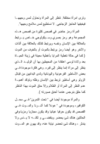 ‫ﻭﺘﺭﻯ ﺍﻤﺭﺃﺓ ﻤﺨﺘﻠﻔﺔ. ﺘﻨﻅﺭ ﺇﻟﻰ ﺍﻟﻤﺭﺁﺓ ﻭﻨﺤﺎﻭل ﻟﻤﺱ ﻭﺠﻬﻬـﺎ‬
  ‫ﻓﻴﺨﻴﻔﻬﺎ ﺍﻟﺤﺎﺠﺯ ﺍﻟﺯﺠﺎﺠﻲ. ﻻ ﻨﺴﺘﻁﻴﻊ ﻟﻤﺱ ﻤﻼﻤﺢ ﻭﺠﻬﻬﺎ".‬

‫ﺍﻟﻤﺭﺁﺓ ﺭﻤﺯ ﺤﺎﻀﺭ ﻓﻲ ﻗﺼﺹ ﻜﺜﻴﺭﺓ ﻤﻥ ﻗﺼﺹ ﻫـﺫﻩ‬
‫ﺍﻟﻤﺠﻤﻭﻋﺔ ﻭﻫﻭ ﺭﻤﺯ ﺒﺼﺭﻱ ﻭﺴـﻴﻜﻭﻟﻭﺠﻲ ﺨـﺎﺹ ﻴـﺭﺘﺒﻁ‬
‫ﺒﺎﻟﻌﻼﻗﺔ ﺒﻴﻥ ﺍﻹﻨﺴﺎﻥ ﻭﻨﻔﺴﻪ ﻭﻴﺭﺘﺒﻁ ﻜﺫﻟﻙ ﺒﺎﻟﻌﻼﻗﺔ ﺒﻴﻥ ﺃﻟﺫﺍﺕ‬
‫ﻭﺍﻵﺨﺭ ﻭﻫﻭ ﺃﻴﻀﺎ ﺭﻤﺯ ﻴﺭﺘﺒﻁ ﺒﺎﻟﻤﻭﺕ ﺃﻭ ﺒﺎﻟﺨﻭﻑ ﻤﻥ ﺍﻟﻤﻭﺕ‬
‫) ﻜﻤﺎ ﻓﻲ ﺤﺎﻟﺔ ﺘﻐﻁﻴﺔ ﺍﻟﻤﺭﺍﻴﺎ ﺒﺄﻏﻁﻴﺔ ﻤﻌﻴﻨﺔ ﻓﻲ ﺯﻴﻨﺔ ﺍﻟﺤﻴـﺎﺓ‬
‫ﺒﻌﺩ ﻭﻻﺩﺓ ﻟﻭﺴﻲ ﺍﻋﺘﻘﺎﺩﺍ ﻤﻥ ﺍﻟﻤﺤﻴﻁﻴﻥ ﺒﻬﺎ ﺃﻥ ﺍﻟﻭﻟﻴـﺩ ﺍﻟـﺫﻱ‬
‫ﻴﻨﻅﺭ ﺇﻟﻰ ﻤﺭﺁﺓ ﺇﻨﻤﺎ ﻴﻨﻅﺭ ﺇﻟﻰ ﻗﺒﺭﻩ. ﻭﻫﻲ ﻓﻜﺭﺓ ﻤﻭﺠﻭﺩﺓ ﻓـﻲ‬
‫ﺒﻌﺽ ﺍﻷﺴﺎﻁﻴﺭ ﺍﻟﻔﺭﻋﻭﻨﻴﺔ ﻭﺍﻟﻴﻭﻨﺎﻨﻴﺔ ﻭﻟﺩﻯ ﺍﻟﺒﺩﺍﺌﻴﻴﻥ ﻤﻥ ﻗﺒﺎﺌل‬
‫ﺍﻟﺯﻭﻟﻭ ﻭﻫﻲ ﺃﺴﺎﻁﻴﺭ ﺘﺭﺒﻁ ﺒﻴﻥ ﺍﻹﻨﺴﺎﻥ ﻭﻅﻠﻪ ﻭﺘﺅﻜﺩ ﺃﻫﻤﻴـﺔ‬
‫ﻋﺩﻡ ﺍﻟﻨﻅﺭ ﺇﻟﻰ ﺍﻟﻤﺭﺁﺓ ﺃﻭ ﺍﻟﻅﻼﻡ ﻭﺇﻻ ﺤﺎﻕ ﺍﻟﻤﻭﺕ ﺒﻬﺫﺍ ﺍﻟﻨﺎﻅﺭ‬
                  ‫ﻜﻤﺎ ﺤﻠﻕ ﺒﻨﺭﺠﺱ ﻋﻨﺩﻤﺎ ﺃﺤﺩﻕ ﺼﻭﺭﺘﻪ (.‬

‫ﻭﺍﻟﻤﺭﺁﺓ ﻤﻭﺠﻭﺩﺓ ﺃﻴﻀﺎ ﻓﻲ " ﺘﺤﺕ ﺍﻟﺘﻤﺭﻴﻥ" ﻓـﻲ ﻤﺤـل‬
‫ﺍﻟﻜﻭﺍﻓﻴﺭ، ﻭﻤﻭﺠﻭﺩﺓ ﻓﻲ " ﻋﻭﺩﺓ" ﻜﻤﺎ ﺃﺸـﺭﻨﺎ ﻭﺍﻟﻤـﻭﺕ ﻓـﻲ‬
‫ﺍﻟﻘﺼﺹ ﻗﺩ ﻴﻜﻭﻥ ﺤﺭﻓﻴﺎ ﻋﻴﺎﻨﻴﺎ ﻭﻗﺩ ﻴﻜﻭﻥ ﻤﺠﺎﺯﻴﺎ ﺭﻤﺯﻴﺎ،ﻭﻓﻲ‬
‫ﺍﻟﺤﺎﻟﺘﻴﻥ ﻫﻨﺎﻙ ﺸﺊ ﻴﺤﻀﺭ ﻭﻴﻨﻘﻀـﻲ ﻭ ﻟﻜﻨـﻪ ﻻ ﻴـﻨﺱ ﻭﻻ‬
‫ﻴﻨﺩﺜﺭ ، ﻭﻫﻨﺎﻙ ﺸﺊ ﺘﺤﻀﺭ ﻨﻴﺎﺒﺔ ﻋﻨﻪ، ﻭﻗﺩ ﻴﻬﻭﻥ ﻫﻭ ﺍﻟﻤـﻭﺕ‬
 