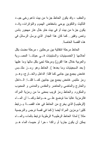 ‫ﻭﺍﻟﺤﻘﺏ ، ﻭﻗﺩ ﻴﻜﻭﻥ ﺍﻟﺤﺎﺌﻁ ﺠﺯﺀﺍ ﻤﻥ ﺒﻴﺕ ﻨﺎﻋﻡ ﺭﺨﻲ ﺠﻴـﺩ‬
‫ﺍﻟﺘﺄﺜﻴﺙ ﻭﺍﻟﺘﻜﻭﻴﻥ ﻴﻭﺤﻲ ﺒﺎﻨﺨﻔﺎﺽ ﺍﻟﻬﻤﻭﻡ ﻭﺍﻟﺘﻭﺍﺘﺭﺍﺕ، ﻭﻗـﺩ‬
‫ﻴﻜﻭﻥ ﺠﺯﺀﺍ ﻤﻥ ﺒﻴﺕ ﺃﻭ ﻓﻲ ﺒﻴﺕ ﺨﺎﻭ ﺨﺎل ﻋﺎﺭ ﻤﻬﺠﻭﺭ ﺒﺎﺌﺱ‬
                                         ‫‪‬‬
‫ﻭﺘﻌﺱ ﻭﻓﻘﻴﺭ.. ﻜﻤﺎ ﻜﺎﻥ ﻫﺫﺍ ﺍﻟﺠﺩﺍﺭ ﺍﻟﺫﻱ ﻴﺭﺴل ﺍﻟﺭﺴﺎﺌل ﻓﻲ‬
                                     ‫ﻫﺫﻩ ﺍﻟﻘﺼﺔ ﺍﻟﺨﺎﺼﺔ.‬

‫ﺍﻟﺤﺎﺌﻁ ﻤﺭﺤﻠﺔ ﺍﻨﺘﻘﺎﻟﻴﺔ ﺒﻴﻥ ﻤﺭﺤﻠﺘﻴﻥ ، ﻤﺭﺤﻠﺔ ﻤﻀﺕ ﺒﻜل‬
‫ﺃﺤﻼﻤﻬﺎ ) ﺍﻟﺨﻤﺴﻴﻨﻴﺎﺕ ﻭﺍﻟﺴﺘﻴﻨﻴﺎﺕ ﻓـﻲ ﺤﻴﺎﺘﻨـﺎ ﺍﻟﻤﺼـﺭﻴﺔ‬
‫ﻭﺍﻟﻌﺭﺒﻴﺔ ﺨﻼل ﻫﺫﺍ ﺍﻟﻘﺭﻥ( ﻭﻤﺭﺤﻠﺔ ﺘﺠﺊ ﺒﻜل ﻤﺎﻟﻬﺎ ﻭﻤﺎ ﻋﻠﻴﻬﺎ‬
‫) ﺒﻌﺩ ﺍﻟﺴﺒﻌﻴﻨﻴﺎﺕ ﻭﻤﺎ ﺒﻌﺩﻫﺎ (. ﺍﻟﺤﺎﺌﻁ ﻭﻫﻭ ﺭﻤـﺯ ﻤﻠﺘـﺒﺱ‬
‫ﻏﺎﻤﺽ ﻴﺠﻤﻊ ﺒﻴﻥ ﺠﺎﻨﺒﻲ ﻜﻤﺎ ﻗﻠﻨﺎ: ﺍﻟﺩﺍﺨل ﻭﺍﻟﺨـﺎﺭﺝ، ﻭﻫـﻭ‬
‫ﺭﻤﺯ ﻤﻠﺘﺒﺱ ﻏﺎﻤﺽ ﻴﺠﻤﻊ ﺒﻴﻥ ﺠﺎﻨﺒﻴﻥ ﻜﻤـﺎ ﻗﻠﻨـﺎ: ﺍﻟـﺩﺍﺨل‬
‫ﻭﺍﻟﺨﺎﺭﺝ ﻭﺍﻟﻤﺎﻀﻲ ﻭﺍﻟﺤﺎﻀﺭ ﻭﺍﻟﻤﻘﺩﺱ ﻭﺍﻟﻤﺩﻨﺱ ﻭ ﺍﻟﻤﺤﺒﻭﺏ‬
‫ﻭﺍﻟﻤﻜﺭﻭﻩ. ﻭﺍﻟﺤﺎﺌﻁ ﺭﻤﺯ ﻗﺭﻴﺏ ﺒﻤﻌﻨﻰ ﻤﺎ ﻤﻥ ﺭﻤﺯﻴﺔ ﺍﻟﻤﺭﺃﺓ،‬
‫ﻓﺎﻟﺭﻤﺯﻴﺔ ﻏﺎﻟﺒﺎ ﻤﻨﺎ ﺘﻭﻀﻊ ﻋﻠـﻰ ﺤـﻭﺍﺌﻁ ﻭﻜﻤـﺎ ﺃﻥ ﺍﻟﻤـﺎﺀ‬
‫)ﺍﻟﺭﻁﻴﺏ( ﺍﻟﺫﻱ ﻴﺨﺭﺝ ﻤﻥ ﺍﻟﺤﺎﺌﻁ ﻓﻲ ﻫﺫﻩ ﺍﻟﻘﺼـﺔ ﻴـﺭﺘﺒﻁ‬
‫ﻜﺜﻴﺭﺍ ﺒﺭﻤﺯﻴﻥ ﺍﻟﻤﺭﺁﺓ ﺃﻴﻀﺎ ) ﻜﻤﺎ ﻓﻲ ﻗﺼﺔ ﻨﺭﺠﺱ ﻭﺍﻟﻨﺭﺠﺴﻴﺔ‬
                                                ‫‪‬‬
‫ﻤﺜﻼ ( ﻟﻤﺎﺫﺍ ﺍﻟﺤﺎﺌﻁ ﺍﻟﺭﻁﻴﺏ؟ ﺍﻟﺭﻁﻭﺒﺔ ﺘﺭﺘﺒﻁ ﺒﺎﻟﻤﺎﺀ، ﻭﺍﻟﻤـﺎﺀ‬
‫ﻴﻤﻜﻥ ﺃﻥ ﻴﻜﻭﻥ ﺠﺎﺭﻴﺎ ﺃﻭ ﺭﺍﻜﺩﺍ ، ﺤﺭﺍ ﺃﻭ ﺤﺒﻴﺴﺎ، ﺍﻟﻤﺎﺀ ﻫـﻭ‬
 