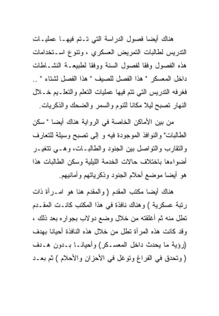 ‫ﻫﻨﺎﻙ ﺃﻴﻀﺎ ﻓﺼﻭل ﺍﻟﺩﺭﺍﺴﺔ ﺍﻟﺘﻲ ﺘـﺘﻡ ﻓﻴﻬـﺎ ﻋﻤﻠﻴـﺎﺕ‬
‫ﺍﻟﺘﺩﺭﻴﺱ ﻟﻁﺎﻟﺒﺎﺕ ﺍﻟﺘﻤﺭﻴﺽ ﺍﻟﻌﺴﻜﺭﻱ ، ﻭﺘﻨﻭﻉ ﺍﺴـﺘﺨﺩﺍﻤﺎﺕ‬
‫ﻫﺫﻩ ﺍﻟﻔﺼﻭل ﻭﻓﻘﺎ ﻟﻔﺼﻭل ﺍﻟﺴﻨﺔ ﻭﻭﻓﻘﺎ ﻟﻁﺒﻴﻌـﺔ ﺍﻟﻨﺸـﺎﻁﺎﺕ‬
                   ‫ﹰ‬
‫ﺩﺍﺨل ﺍﻟﻤﻌﺴﻜﺭ " ﻫﺫﺍ ﺍﻟﻔﺼل ﻟﻠﺼﻴﻑ " ﻫﺫﺍ ﺍﻟﻔﺼل ﻟﺸﺘﺎﺀ " ..‬
‫ﻓﻐﺭﻓﻪ ﺍﻟﺘﺩﺭﻴﺱ ﺍﻟﺘﻲ ﺘﺘﻡ ﻓﻴﻬﺎ ﻋﻤﻠﻴﺎﺕ ﺍﻟﺘﻌﻠﻡ ﻭﺍﻟﺘﻌﻠـﻴﻡ ﺨـﻼل‬
  ‫ﺍﻟﻨﻬﺎﺭ ﺘﺼﺒﺢ ﻟﻴﻼ ﻤﻜﺎﻨﺎ ﻟﻠﻨﻭﻡ ﻭﺍﻟﺴﻤﺭ ﻭﺍﻟﻀﺤﻙ ﻭﺍﻟﺫﻜﺭﻴﺎﺕ.‬

‫ﻤﻥ ﺒﻴﻥ ﺍﻷﻤﺎﻜﻥ ﺍﻟﺨﺎﺼﺔ ﻓﻲ ﺍﻟﺭﻭﺍﻴﺔ ﻫﻨﺎﻙ ﺃﻴﻀﺎ " ﺴﻜﻥ‬
‫ﺍﻟﻁﺎﻟﺒﺎﺕ" ﻭﺍﻟﻨﻭﺍﻓﺫ ﺍﻟﻤﻭﺠﻭﺩﺓ ﻓﻴﻪ ﻭ ﺇﻟﻰ ﺘﺼﺒﺢ ﻭﺴﻴﻠﺔ ﻟﻠﺘﻌﺎﺭﻑ‬
‫ﻭﺍﻟﺘﻘﺎﺭﺏ ﻭﺍﻟﺘﻭﺍﺼل ﺒﻴﻥ ﺍﻟﺠﻨﻭﺩ ﻭﺍﻟﻁﺎﻟﺒـﺎﺕ، ﻭﻫـﻲ ﺘﺘﻐﻴـﺭ‬
‫ﺃﻀﻭﺍﺀﻫﺎ ﺒﺎﺨﺘﻼﻑ ﺤﺎﻻﺕ ﺍﻟﺨﺩﻤﺔ ﺍﻟﻠﻴﻠﻴﺔ ﻭﺴﻜﻥ ﺍﻟﻁﺎﻟﺒﺎﺕ ﻫﺫﺍ‬
         ‫ﻫﻭ ﺃﻴﻀﺎ ﻤﻭﻀﻊ ﺃﺤﻼﻡ ﺍﻟﺠﻨﻭﺩ ﻭﺫﻜﺭﻴﺎﺘﻬﻡ ﻭﺃﻤﺎﻨﻴﻬﻡ.‬

‫ﻫﻨﺎﻙ ﺃﻴﻀﺎ ﻤﻜﺘﺏ ﺍﻟﻤﻘﺩﻡ ) ﻭﺍﻟﻤﻘﺩﻡ ﻫﻨﺎ ﻫﻭ ﺍﻤـﺭﺃﺓ ﺫﺍﺕ‬
‫ﺭﺘﺒﺔ ﻋﺴﻜﺭﻴﺔ ( ﻭﻫﻨﺎﻙ ﻨﺎﻓﺫﺓ ﻓﻲ ﻫﺫﺍ ﺍﻟﻤﻜﺘﺏ ﻜﺎﻨـﺕ ﺍﻟﻤﻘـﺩﻡ‬
‫ﺘﻁل ﻤﻨﻪ ﺜﻡ ﺃﻏﻠﻘﺘﻪ ﻤﻥ ﺨﻼل ﻭﻀﻊ ﺩﻭﻻﺏ ﺒﺠﻭﺍﺭﻩ ﺒﻌﺩ ﺫﻟﻙ ،‬
‫ﻭﻗﺩ ﻜﺎﻨﺕ ﻫﺫﻩ ﺍﻟﻤﺭﺃﺓ ﺘﻁل ﻤﻥ ﺨﻼل ﻫﺫﻩ ﺍﻟﻨﺎﻓﺫﺓ ﺃﺤﻴﺎﻨﺎ ﺒﻬﺩﻑ‬
‫)ﺭﺅﻴﺔ ﻤﺎ ﻴﺤﺩﺙ ﺩﺍﺨل ﺍﻟﻤﻌﺴـﻜﺭ( ﻭﺃﺤﻴﺎﻨـﺎ ﺒـﺩﻭﻥ ﻫـﺩﻑ‬
‫) ﻭﺘﺤﺩﻕ ﻓﻲ ﺍﻟﻔﺭﺍﻍ ﻭﺘﻭﻏل ﻓﻲ ﺍﻷﺤﺯﺍﻥ ﻭﺍﻷﺤﻼﻡ ( ﺜﻡ ﺒﻌـﺩ‬
 