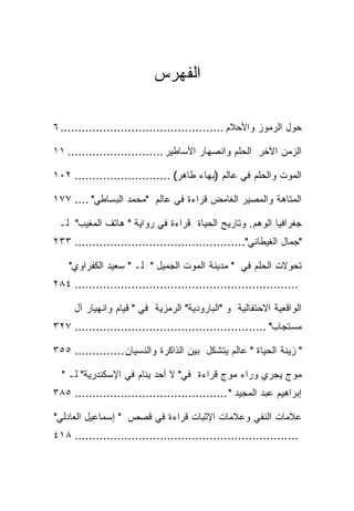 ‫ﺍﻟﻔﻬﺭﺱ‬

‫ﺤﻭل ﺍﻟﺭﻤﻭﺯ ﻭﺍﻷﺤﻼﻡ .............................................. ٦‬

‫ﺍﻟﺯﻤﻥ ﺍﻵﺨﺭ ﺍﻟﺤﻠﻡ ﻭﺍﻨﺼﻬﺎﺭ ﺍﻷﺴﺎﻁﻴﺭ ........................... ١١‬

‫ﺍﻟﻤﻭﺕ ﻭﺍﻟﺤﻠﻡ ﻓﻲ ﻋﺎﻟﻡ )ﺒﻬﺎﺀ ﻁﺎﻫﺭ( ........................... ٢٠١‬

‫ﺍﻟﻤﺘﺎﻫﺔ ﻭﺍﻟﻤﺼﻴﺭ ﺍﻟﻐﺎﻤﺽ ﻗﺭﺍﺀﺓ ﻓﻲ ﻋﺎﻟﻡ "ﻤﺤﻤﺩ ﺍﻟﺒﺴﺎﻁﻲ" .... ٧٧١‬

 ‫ﺠﻐﺭﺍﻓﻴﺎ ﺍﻟﻭﻫﻡ. ﻭﺘﺎﺭﻴﺢ ﺍﻟﺤﻴﺎﺓ ﻗﺭﺍﺀﺓ ﻓﻲ ﺭﻭﺍﻴﺔ " ﻫﺎﺘﻑ ﺍﻟﻤﻐﻴﺏ" ﻟـ‬
‫"ﺠﻤﺎل ﺍﻟﻐﻴﻁﺎﻨﻲ"................................................ ٣٣٢‬

    ‫ﺘﺤﻭﻻﺕ ﺍﻟﺤﻠﻡ ﻓﻲ " ﻤﺩﻴﻨﺔ ﺍﻟﻤﻭﺕ ﺍﻟﺠﻤﻴل " ﻟـ " ﺴﻌﻴﺩ ﺍﻟﻜﻔﺭﺍﻭﻱ"‬
‫............................................................... ٤٨٢‬

     ‫ﺍﻟﻭﺍﻗﻌﻴﺔ ﺍﻻﺤﺘﻔﺎﻟﻴﺔ ﻭ "ﺍﻟﺒﺎﺭﻭﺩﻴﺔ" ﺍﻟﺭﻤﺯﻴﺔ ﻓﻲ " ﻗﻴﺎﻡ ﻭﺍﻨﻬﻴﺎﺭ ﺁل‬
‫ﻤﺴﺘﺠﺎﺏ" ...................................................... ٧٢٣‬

‫" ﺯﻴﻨﺔ ﺍﻟﺤﻴﺎﺓ " ﻋﺎﻟﻡ ﻴﺘﺸﻜل ﺒﻴﻥ ﺍﻟﺫﺍﻜﺭﺓ ﻭﺍﻟﻨﺴﻴﺎﻥ .............. ٥٥٣‬

  ‫ﻤﻭﺝ ﻴﺠﺭﻱ ﻭﺭﺍﺀ ﻤﻭﺝ ﻗﺭﺍﺀﺓ ﻓﻲ" ﻻ ﺃﺤﺩ ﻴﻨﺎﻡ ﻓﻲ ﺍﻹﺴﻜﻨﺩﺭﻴﺔ" ﻟـ "‬
‫ﺇﺒﺭﺍﻫﻴﻡ ﻋﺒﺩ ﺍﻟﻤﺠﻴﺩ " ........................................... ٥٨٣‬

‫ﻋﻼﻤﺎﺕ ﺍﻟﻨﻔﻲ ﻭﻋﻼﻤﺎﺕ ﺍﻹﺜﺒﺎﺕ ﻗﺭﺍﺀﺓ ﻓﻲ ﻗﺼﺹ " ﺇﺴﻤﺎﻋﻴل ﺍﻟﻌﺎﺩﻟﻲ"‬
‫............................................................... ٨١٤‬
 