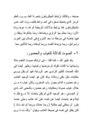 ‫ﺼﻨﻌﻪ ، ﻭﻜﺫﻟﻙ ﺍﺭﺘﺒﺎﻁ ﺍﻟﻤﻴﻜﺭﻭﻓﻭﻥ ﺒﺘﺤﻴـﺔ ﺍﻟﻌﻠـﻡ، ﻭﺒـﺎﻟﻌﻠﻡ‬
‫ﺍﻟﺭﻤﺯ ﺍﻟﺫﻱ ﻴﺘﺨﺒﻁ ﺼﻘﺭﻩ ﻓﻲ ﺍﻟﺤـﻭﺍﺌﻁ.ﻓﺎﻟﺼـﻭﺕ ﺍﻟﺨـﺎﺹ‬
‫ﺒﺎﻟﻤﻴﻜﺭﻭﻓﻭﻥ ﻫﻨﺎ ﻴﺭﺘﺒﻁ ﺒﺩﻻﻻﺕ ﺘﺎﺭﻴﺨﻴﺔ ﻟﻡ ﺘﻌـﺩ ﻤﻭﺠـﻭﺩﺓ‬
‫ﺍﻵﻥ، ﺭﺒﻤﺎ ﻴﺤﻠﻡ ﺒﻬﺎ ﺍﻟﺭﺍﻭﻱ ﻭﻴﺘﻤﻨﺎﻫﺎ، ﺭﺒﻤﺎ ﻴﺘﺫﻜﺭﻫﺎ ﻭﻴﻔﻜـﺭ‬
‫ﻓﻴﻬﺎ ﺨﺎﺼﺔ ﻓﻲ ﻤﺭﺤﻠﺔ ﻤﺎ ﺒﻌﺩ ﺍﻟﺸﺭﻭﻉ ﻓﻲ ﺍﻟﺴﻼﻡ ﺒﻴﻥ ﺍﻟﻌﺭﺏ‬
‫ﻭﺇﺴﺭﺍﺌﻴل، ﺭﺒﻤﺎ ﻴﺭﻴﺩﻫﺎ ﻟﻨﻔﺴﻪ ﻭﺭﺒﻤﺎ ﻟﻭﻁﻨﻪ ﺭﺒﻤﺎ ﻟﻼﺜﻨﻴﻥ ﻤﻌﺎ.‬
  ‫‪‬‬

           ‫٦- ﺍﻟﺼﻭﺕ ﻜﺩﻻﻟﺔ ﻟﻠﻐﻴﺎﺏ ﻭﺍﻟﺤﻀﻭﺭ:‬
‫ﻭﻗﺩ ﻅﻬﺭ ﻟﻙ – ﻜﻤﺎ ﻗﻠﻨﺎ – ﻓﻲ ﺍﺭﺘﺒﺎﻙ ﺼﻭﺕ ﺍﻟﻤﻘﺩﻡ ﻤﺘﻼ‬
‫ﻭﻨﺴﻴﺎﻨﻬﺎ ﻤﺎ ﻜﺎﻨﺕ ﺘﻘﻭﻟﻪ ﺜﻡ ﻤﺭﻀﻬﺎ ﻭﻏﻴﺎﺒﻬﺎ، ﻭﻅﻬﺭ ﺃﻴﻀﺎ ﻓﻲ‬
‫ﺫﻟﻙ ﺍﻟﺼﻤﺕ ﺍﻟﻜﺒﻴﺭ ﻟﻠﺭﺍﻭﻱ ﻋﺒﺭ ﺍﻟﺭﻭﺍﻴﺔ، ﻓﻬﻭ ﻟﻡ ﻴﻜﻥ ﻴﺭﻭﻱ‬
‫ﺤﻜﺎﻴﺎﺕ ﻤﺜل ﺒﺎﻗﻲ ﺯﻤﻼﺌﻪ ،ﻭﻗﺩ ﻜﺎﻥ ﻫﻭ ﺃﻴﻀﺎ ﺍﻟﻭﺤﻴﺩ ﺍﻟﻐﺎﺌﺏ‬
‫ﺭﻏﻡ ﺤﻀﻭﺭﻩ ﺍﻟﺩﺍﺌﻡ ﺒﺠﻭﺍﺭ ﺒﺎﺏ ﺍﻟﻤﺨﺯﻥ، ﻭﻜﺎﻥ ﻏﻴﺎﺒـﻪ ﻤـﻥ‬
‫ﺨﻼل ﻏﻴﺎﺏ ﺼﻭﺘﻪ ﻭﺤﻜﺎﻴﺎﺘﻪ ﺭﻏﻡ ﺤﻀﻭﺭﻩ ﺒﺎﻟﻤﻌﻨﻰ ﺍﻟﻤـﺎﺩﻱ‬
‫ﺃﻭ ﺍﻟﺠﺴﺩﻱ ، ﻫﻭ ﺍﻟﻭﺤﻴﺩ ﺍﻟﺫﻱ ﻟﻡ ﻴﻜﻥ ﻴﺘﺤﺩﺙ ﺇﻻ ﻤـﻊ ﻅﻠـﻪ‬
‫ﻟﻴﻼ،ﻭﻫﻭ ﻴﺘﺤﺩﺙ ﺃﻴﻀﺎ ﻋﻥ ﻨﻔﺴﻪ ﻋﻠﻰ ﺃﻨﻪ ﻏﺎﺌﺏ ﻭﺤﺘﻰ ﻋﻨﺩﻤﺎ‬
‫ﻴﻘﺭﺭ ﺃﻥ ﻴﺤﻜﻲ ﻟﻬﻡ ﺤﻜﺎﻴﺔ ) ﺭﺒﻤﺎ ﺤﺩﺜﺕ ﻭﺭﺒﻤﺎ ﻟﻡ ﺘﺤـﺩﺙ (‬
‫ﻜﺎﻥ ﻴﻔﻜﺭ ﻓﻲ ﻨﻔﺴﻪ ﻓﻲ ﺼﻴﻐﺔ ﺍﻟﻐﺎﺌﺏ ﻭﻴﻘﻭل " ﻭﻜﻨـﺕ ﺘـﺭﻯ‬
 