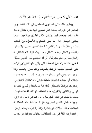 ‫٥- ﺍﻟﻅل ﻜﺘﻌﺒﻴﺭ ﻤﻥ ﺜﻨﺎﺌﻴﺔ ﺃﻭ ﺍﻨﻘﺴﺎﻡ ﺍﻟﺫﺍﺕ:‬
‫ﻭﻴﻅﻬﺭ ﺫﻟﻙ ﻋﻠﻰ ﺍﻟﻤﺴﺘﻭﻯ ﺍﻟﺴﻁﺤﻲ ﻓﻲ ﺫﻟﻙ ﺍﻟﺘﺼـﻭﻴﺭ‬
‫ﺍﻟﺨﺎﺹ ﻓﻲ ﺍﻟﺭﻭﺍﻴﺔ ﻟﻠﺤﺎﻟﺔ ﺍﻟﺘﻲ ﻴﺼﺒﺢ ﻓﻴﻬﺎ ﻟﻠﻔﺭﺩ ﻅﻼﻥ ﻭﺍﺤﺩ‬
‫ﻴﺘﻘﺩﻡ ﻭﺁﺨﺭ ﻴﺘﺒﻌﻪ ﻭﻜﻴﻑ ﻴﺘﺒﺎﺩل ﻫﺫﺍﻥ ﺍﻟﻅﻼﻥ ﻤﻭﺍﻗﻌﻬﻤﺎ ﻋﻨﺩﻤﺎ‬
‫ﻴﺴﺘﺩﻴﺭ ﺍﻟﺠﺴﺩ.. ﺍﻟﺦ. ﺃﻤﺎ ﻋﻠﻰ ﺍﻟﻤﺴﺘﻭﻯ ﺍﻷﻋﻤﻕ، ﻓﺈﻥ ﺍﻟﻜﺎﺘﺏ‬
‫ﺍﺴﺘﺨﺩﻡ ﻤﺜﻼ ﺍﻟﺘﻌﺒﻴﺭ " ﻭﻜﺄﻨﻨﻲ " ﻜﺄﺩﺍﺓ ﻟﻠﺘﻌﺒﻴﺭ ﻋـﻥ ﺍﻻﻟﺘﺒـﺎﺱ‬
‫ﻭﺍﻟﺘﻌﺩﺩ ﻭﺍﻟﺘﻤﺎﺜل ﻭﻋﺩﻡ ﺍﻟﺘﻤﺎﺜل ﻭﺤـﺩﻭﺙ ﺍﻟﻭﻗـﺎﺌﻊ ﺍﻟﺩﺍﺨﻠﻴـﺔ‬
‫ﻭﺍﻟﺨﺎﺭﺠﻴﺔ ﺃﻭ ﻋﺩﻡ ﺤﺩﻭﺜﻬﺎ، ﺃﻭ ﻗﺩ ﺍﺴﺘﺨﺩﻡ ﻫﺫﺍ ﺍﻟﺘﻌﺒﻴﺭ ﺒﺸﻜل‬
‫ﺨﺎﺹ ﻋﻨﺩ ﺤﺩﻴﺜﻪ ﻋﻥ ﺍﻟﻤﻨﻁﻘﺔ ﺍﻟﺘﻲ ﻴﺄﺘﻲ ﻤﻨﻬﺎ ﺍﻟﻨﻭﺒﺘﺠﻲ ﻟﻴﺘﻤﻡ‬
‫ﻋﻠﻰ ﺍﻟﺨﺩﻤﺔ، ﻤﻨﻁﻘﺔ ﺘﺭﺘﺒﻁ ﺒﺎﻟﺨﻭﻑ ﻭﺍﻟﺸـﻌﻭﺭ ﺒﺎﻟﻤﻁـﺎﺭﺩﺓ‬
‫ﻭﻭﺠﻭﺩ ﻤﻥ ﻴﺘﺒﻊ ﺍﻟﻤﺭﺀ ﻭﺒﺘﺭﺼﺩﻩ، ﻭﻴﺭﻴﺩ ﺃﻥ ﻴﻤﺴﻙ ﺒﻪ ﺒﺴﺒﺏ‬
‫ﺃﺨﻁﺎﺌﻪ ﺃﻭ ﺇﻫﻤﺎﻟﻪ ﺍﻟﺨﺩﻤﺔ، ﻤﻨﻁﻘﺔ ﺘﻤﺘﻠﺊ ﺒﺎﺤﺘﻤﺎﻻﺕ ﺍﻟﺨﻁـﺭ،‬
‫ﻭﻭﺠﻭﺩﻫﺎ ﻤﺭﺘﺒﻁ ﺒﺎﻟﻤﻨﺎﻁﻕ ﺍﻟﻤﻔﺯﻋﺔ ﺒـﺩﺍﺨﻠﻨﺎ ﻭﺍﻟﺘـﻲ ﺘﺠﻤـﺩ‬
‫ﺍﻟﻭﻋﻲ ﻭﺍﻟﺘﻔﻜﻴﺭ ﻭﺍﻟﺨﻴﺎل، ﻫﺫﻩ ﺍﻟﻤﻨﻁﻘﺔ ﺍﻟﻬﺎﻟﻜﺔ ﺍﻟﻐﺎﻤﻀﺔ ﻟﻴﺴﺕ‬
‫ﻤﻭﺠﻭﺩﺓ ﻫﻨﺎﻙ ﻓﻲ ﻓﻨﺎﺀ ﺍﻟﻤﺩﺭﺴﺔ ﻭ ﺒل ﻫﻨﺎ ﻓﻲ ﺩﺍﺨل ﺍﻟﺭﺍﻭﻱ،‬
‫ﻤﻭﺠﻭﺩﺓ ﺩﺍﺨل ﺍﻟﻨﻔﺱ ﺍﻟﺒﺸﺭﻱ، ﻭﺘﺯﺩﺍﺩ ﻤﺴﺎﺤﺔ ﻫﺫﻩ ﺍﻟﻤﻨﻁﻘـﺔ‬
‫ﺍﻟﻤﻅﻠﻤﺔ ﺨﻼل ﺤﺎﻻﺕ ﺍﻟﻭﺤﺩﺓ ﻭﺍﻟﻌﺯﻟﺔ ﻭﺍﻟﺨﻭﻑ ﻭﻋﺩﻡ ﺍﻟﻴﻘﻴﻥ،‬
‫ﻭ ﺍﻫﺘﺯﺍﺯﺕ ﺍﻟﺜﻘﺔ ﻓﻲ ﻜل ﺍﻟﻤﻁﻠﻘﺎﺕ، ﺤﺎﻻﺕ ﻴﻌﺭﻓﻬﺎ ﻤﻥ ﺠﺭﺏ‬
 