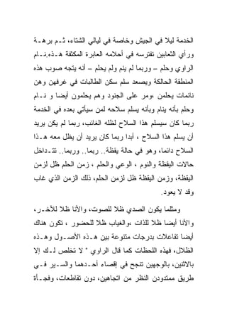 ‫ﺍﻟﺨﺩﻤﺔ ﻟﻴﻼ ﻓﻲ ﺍﻟﺠﻴﺵ ﻭﺨﺎﺼﺔ ﻓﻲ ﻟﻴﺎﻟﻲ ﺍﻟﺸﺘﺎﺀ، ﺜـﻡ ﺒﺭﻫـﺔ‬
‫ﻭﺭﺃﻱ ﺍﻟﺜﻌﺎﺒﻴﻥ ﺘﻔﺘﺭﺴﻪ ﻓﻲ ﺃﺤﻼﻤﻪ ﺍﻟﻌﺎﺒﺭﺓ ﺍﻟﻤﻜﺜﻔﺔ ﻫـﺫﻩ.ﻨـﺎﻡ‬
‫ﺍﻟﺭﺍﻭﻱ ﻭﺤﻠﻡ – ﻭﺭﺒﻤﺎ ﻟﻡ ﻴﻨﻡ ﻭﻟﻡ ﻴﺤﻠﻡ – ﺃﻨﻪ ﻴﺘﺠﻪ ﺼﻭﺏ ﻫﺫﻩ‬
‫ﺍﻟﻤﻨﻁﻘﺔ ﺍﻟﺤﺎﻟﻜﺔ ﻭﻴﺼﻌﺩ ﺴﻠﻡ ﺴﻜﻥ ﺍﻟﻁﺎﻟﺒﺎﺕ ﻓﻲ ﻏﺭﻓﻬﻥ ﻭﻫﻥ‬
‫ﻨﺎﺌﻤﺎﺕ ﻴﺤﻠﻤﻥ ،ﻭﻤﺭ ﻋﻠﻰ ﺍﻟﺠﻨﻭﺩ ﻭﻫﻡ ﻴﺤﻠﻤﻭﻥ ﺃﻴﻀﺎ ﻭ ﻨـﺎﻡ‬
‫ﻭﺤﻠﻡ ﺒﺄﻨﻪ ﻴﻨﺎﻡ ﻭﺒﺄﻨﻪ ﻴﺴﻠﻡ ﺴﻼﺤﻪ ﻟﻤﻥ ﺴﻴﺄﺘﻲ ﺒﻌﺩﻩ ﻓﻲ ﺍﻟﺨﺩﻤﺔ‬
‫ﺭﺒﻤﺎ ﻜﺎﻥ ﺴﻴﺴﻠﻡ ﻫﺫﺍ ﺍﻟﺴﻼﺡ ﻟﻅﻠﻪ ﺍﻟﻐﺎﺌﺏ، ﺭﺒﻤﺎ ﻟﻡ ﻴﻜﻥ ﻴﺭﻴﺩ‬
‫ﺃﻥ ﻴﺴﻠﻡ ﻫﺫﺍ ﺍﻟﺴﻼﺡ ، ﺃﺒﺩﺍ ﺭﺒﻤﺎ ﻜﺎﻥ ﻴﺭﻴﺩ ﺃﻥ ﻴﻅل ﻤﻌﻪ ﻫـﺫﺍ‬
                               ‫‪‬‬
‫ﺍﻟﺴﻼﺡ ﺩﺍﺌﻤﺎ، ﻭﻫﻭ ﻓﻲ ﺤﺎﻟﺔ ﻴﻘﻅﺔ.. ﺭﺒﻤﺎ.. ﻭﺭﺒﻤﺎ.. ﺘﺘـﺩﺍﺨل‬
‫ﺤﺎﻻﺕ ﺍﻟﻴﻘﻅﺔ ﻭﺍﻟﻨﻭﻡ ، ﺍﻟﻭﻋﻲ ﻭﺍﻟﺤﻠﻡ ، ﺯﻤﻥ ﺍﻟﺤﻠﻡ ﻅل ﻟﺯﻤﻥ‬
‫ﺍﻟﻴﻘﻅﺔ، ﻭﺯﻤﻥ ﺍﻟﻴﻘﻅﺔ ﻅل ﻟﺯﻤﻥ ﺍﻟﺤﻠﻡ، ﺫﻟﻙ ﺍﻟﺯﻤﻥ ﺍﻟﺫﻱ ﻏﺎﺏ‬
                                           ‫ﻭﻗﺩ ﻻ ﻴﻌﻭﺩ.‬

‫ﻭﻤﺜﻠﻤﺎ ﻴﻜﻭﻥ ﺍﻟﺼﺩﻱ ﻅﻼ ﻟﻠﺼﻭﺕ، ﻭﺍﻷﻨﺎ ﻅﻼ ﻟﻶﺨـﺭ،‬
‫ﻭﺍﻷﻨﺎ ﺃﻴﻀﺎ ﻅﻼ ﻟﻠﺫﺍﺕ ،ﻭﺍﻟﻐﻴﺎﺏ ﻅﻼ ﻟﻠﺤﻀﻭﺭ ، ﺘﻜﻭﻥ ﻫﻨﺎﻙ‬
‫ﺃﻴﻀﺎ ﺘﻔﺎﻋﻼﺕ ﺒﺩﺭﺠﺎﺕ ﻤﺘﻨﻭﻋﺔ ﺒﻴﻥ ﻫـﺫﻩ ﺍﻷﺼـﻭل ﻭﻫـﺫﻩ‬
‫ﺍﻟﻅﻼل، ﻓﻬﺫﻩ ﺍﻟﻠﺤﻅﺎﺕ ﻜﻤﺎ ﻗﺎل ﺍﻟﺭﺍﻭﻱ " ﻻ ﺘﺨﻠﺹ ﻟـﻙ ﺇﻻ‬
‫ﺒﺎﻻﺜﻨﻴﻥ، ﺒﺎﻟﻭﺠﻬﻴﻥ ﺘﻨﺠﺢ ﻓﻲ ﺇﻗﺼﺎﺀ ﺃﺤـﺩﻫﻤﺎ ﻭﺍﻟﺴـﻴﺭ ﻓـﻲ‬
‫ﻁﺭﻴﻕ ﻤﻤﺘﺩﻭﺩﻥ ﺍﻟﻨﻅﺭ ﻤﻥ ﺍﺘﺠﺎﻫﻴﻥ، ﺩﻭﻥ ﺘﻘﺎﻁﻌﺎﺕ، ﻭﻓﺠـﺄﺓ‬
 