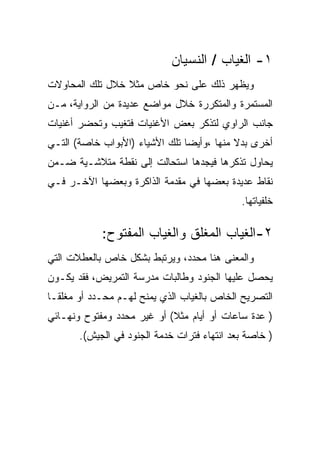 ‫١- ﺍﻟﻐﻴﺎﺏ / ﺍﻟﻨﺴﻴﺎﻥ‬
‫ﻭﻴﻅﻬﺭ ﺫﻟﻙ ﻋﻠﻰ ﻨﺤﻭ ﺨﺎﺹ ﻤﺜﻼ ﺨﻼل ﺘﻠﻙ ﺍﻟﻤﺤﺎﻭﻻﺕ‬
‫ﺍﻟﻤﺴﺘﻤﺭﺓ ﻭﺍﻟﻤﺘﻜﺭﺭﺓ ﺨﻼل ﻤﻭﺍﻀﻊ ﻋﺩﻴﺩﺓ ﻤﻥ ﺍﻟﺭﻭﺍﻴﺔ، ﻤـﻥ‬
‫ﺠﺎﻨﺏ ﺍﻟﺭﺍﻭﻱ ﻟﺘﺫﻜﺭ ﺒﻌﺽ ﺍﻷﻏﻨﻴﺎﺕ ﻓﺘﻐﻴﺏ ﻭﺘﺤﻀﺭ ﺃﻏﻨﻴﺎﺕ‬
‫ﺃﺨﺭﻯ ﺒﺩﻻ ﻤﻨﻬﺎ ،ﻭﺃﻴﻀﺎ ﺘﻠﻙ ﺍﻷﺸﻴﺎﺀ )ﺍﻷﺒﻭﺍﺏ ﺨﺎﺼﺔ( ﺍﻟﺘـﻲ‬
‫ﻴﺤﺎﻭل ﺘﺫﻜﺭﻫﺎ ﻓﻴﺠﺩﻫﺎ ﺍﺴﺘﺤﺎﻟﺕ ﺇﻟﻰ ﻨﻘﻁﺔ ﻤﺘﻼﺸـﻴﺔ ﻀـﻤﻥ‬
‫ﻨﻘﺎﻁ ﻋﺩﻴﺩﺓ ﺒﻌﻀﻬﺎ ﻓﻲ ﻤﻘﺩﻤﺔ ﺍﻟﺫﺍﻜﺭﺓ ﻭﺒﻌﻀﻬﺎ ﺍﻵﺨـﺭ ﻓـﻲ‬
                                             ‫ﺨﻠﻔﻴﺎﺘﻬﺎ.‬

            ‫٢-ﺍﻟﻐﻴﺎﺏ ﺍﻟﻤﻐﻠﻕ ﻭﺍﻟﻐﻴﺎﺏ ﺍﻟﻤﻔﺘﻭﺡ:‬
‫ﻭﺍﻟﻤﻌﻨﻰ ﻫﻨﺎ ﻤﺤﺩﺩ، ﻭﻴﺭﺘﺒﻁ ﺒﺸﻜل ﺨﺎﺹ ﺒﺎﻟﻌﻁﻼﺕ ﺍﻟﺘﻲ‬
‫ﻴﺤﺼل ﻋﻠﻴﻬﺎ ﺍﻟﺠﻨﻭﺩ ﻭﻁﺎﻟﺒﺎﺕ ﻤﺩﺭﺴﺔ ﺍﻟﺘﻤﺭﻴﺽ، ﻓﻘﺩ ﻴﻜـﻭﻥ‬
‫ﺍﻟﺘﺼﺭﻴﺢ ﺍﻟﺨﺎﺹ ﺒﺎﻟﻐﻴﺎﺏ ﺍﻟﺫﻱ ﻴﻤﻨﺢ ﻟﻬـﻡ ﻤﺤـﺩﺩ ﺃﻭ ﻤﻐﻠﻘـﺎ‬
‫) ﻋﺩﺓ ﺴﺎﻋﺎﺕ ﺃﻭ ﺃﻴﺎﻡ ﻤﺜﻼ( ﺃﻭ ﻏﻴﺭ ﻤﺤﺩﺩ ﻭﻤﻔﺘﻭﺡ ﻭﻨﻬـﺎﺌﻲ‬
       ‫) ﺨﺎﺼﺔ ﺒﻌﺩ ﺍﻨﺘﻬﺎﺀ ﻓﺘﺭﺍﺕ ﺨﺩﻤﺔ ﺍﻟﺠﻨﻭﺩ ﻓﻲ ﺍﻟﺠﻴﺵ(.‬
 