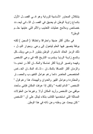 ‫ﻴﺸﻜﻼﻥ ﺍﻟﻤﺤﺎﻭﺭ ﺍﻷﺴﺎﺴﻴﺔ ﻟﻠﺭﻭﺍﻴﺔ ﻭﻫﻭ ﻓـﻲ ﺍﻟﻔﺼـل ﺍﻷﻭل‬
‫ﺒﺎﺘﺴﺎﻉ ﺯﺍﻭﻴﺔ ﺍﻟﻭﻁﻥ ﺜﻡ ﻴﻀﻴﻕ ﻓﻲ ﺍﻟﻔﺼـل ﺍﻟﺜـﺎﻨﻲ ﻟﻴﺤـﺩﺩ‬
‫ﺨﺼﺎﺌﺹ ﻭﻤﻼﻤﺢ ﻋﻤﻠﻴﺎﺕ ﺍﻟﺘﻌﺫﻴﺏ ﻭﺍﻷﻟﻡ ﺍﻟﺘﻲ ﻋﺎﻴﻨﻬﺎ ﺤﻠـﻡ‬
                                                 ‫ﺍﻟﻭﻁﻥ؟‬

‫ﻓﻲ ﻤﻜﺎﻥ ﺃﻜﺜﺭ ﻀﻴﻘﺎ ﻭﺍﺤﺘﺭﺍﻗﺎ ﻭﺍﺨﺘﻨﺎﻗﺎ ) ﺍﻟﺴﺠﻥ ( ﻟﻜﻨﻪ‬
‫ﺒﻭﺘﻘﺔ ﻴﻨﺼﻬﺭ ﻓﻴﻬﺎ ﺍﻟﺤﻠﻡ ﻟﻴﺘﺤﻭل ﺇﻟﻰ ﻭﻋﻲ. ﻭﺒﺠﻭﺍﺭ ﺍﻟﻨﻴـل ،‬
‫ﺫﻟﻙ ﺍﻟﺭﻤﺯ ﺍﻟﺨﺎﻟﺩ ﻻﺴﺘﻤﺭﺍﺭ ﺍﻟﻭﻁﻥ ﻴﺘﺒﻠﻭﺭ ﺍﻟـﻭﻋﻲ ﻭﻴﺘﺸـﻜل‬
‫ﻭﺘﺘﺴﻊ ﺯﺍﻭﻴﺔ ﺍﻟﺭﺅﻴﺎ ﻭﻴﺘﺴﺭﺏ ﺍﻟﺘﺎﺭﻴﺦ ﻜﻠﻪ ﻓﻲ ﻭﻋﻲ ﺍﻟﺸﺨﺹ‬
‫ﻭﻓﻬﻤﻪ ﻭﺘﺼﻴﺭ ﺍﻟﺭﺅﻴﺔ ﺃﻜﺜﺭ ﺘﻤﺎﺴﻜﺎ ﻭﺍﻟﻤﻜـﺎﻥ ﺃﻜﺜـﺭ ﺘﺤﺩﻴـﺩﺍ‬
‫ﻭﺍﻟﺯﻤﺎﻥ ﺃﻜﺜﺭ ﺍﻟﺘﺼﺎﻗﺎ ﺒﺎﻟﻤﻜـﺎﻥ ، ﺫﻟـﻙ ﺍﻟﻤﻜـﺎﻥ ﺍﻟﺨـﺎﺹ‬
‫ﺍﻟﻤﺘﺨﺼﺹ ﺍﻟﺤﺎﻀﺭ ﺩﺍﺌﻤﺎ ﺭﻏﻡ ﻋﻭﺍﻤل ﺍﻟﺘﻐﻴﻴـﺏ ﻭﺍﻟﺤﺼـﺎﺭ‬
‫ﻭﺍﻟﻤﻁﺎﺭﺩﺓ ﻭﻋﻭﺍﻤل ﺍﻟﻘﻬﺭ ﻭﺍﻟﻌﺩﻭﺍﻥ ﻭﺍﻟﻬﻴﻤﻨﺔ، ﻫﺫﺍ ﺭﻏﻡ ﻗﻭل "‬
‫ﺍﻟﺸﺨﺹ " ﺍﻟﺩﺍﺌﻡ ﻟﻨﻔﺴﻪ " ﻭﻟﻜﻥ ﺇﺫﺍ ﻋﺭﻓﺕ ﺍﻟﻤﻜﺎﻥ ﻓﺈﻨﻨﻲ ﺴﺄﺤﺩﺩ‬
‫ﻤﻭﻗﻔﻲ ﻤﻥ ﺍﻟﺸﺨﺹ ﻭﺃﺭﻴﺩ ﺍﻟﻤﻜﺎﻥ ﺃﻭﻻ. ﻭﻏﻴﺭﻫﺎ ﻤﻥ ﺍﻟﻤﻘﻭﻻﺕ‬
‫ﺍﻟﻤﻤﺎﺜﻠﺔ ﺍﻟﺘﻲ ﺍﺴﺘﺨﺩﻤﻬﺎ ﺍﻟﻜﺎﺘﺏ ﺒﺫﻜﺎﺀ ﻟﻴﺩﻟل ﻋﻠﻰ ﺃﻥ " ﺍﻟﺸﺨﺹ‬
           ‫" ﻜﺎﻥ ﻴﺒﺤﺙ ﻋﻥ ﻭﻁﻨﻪ ﻭﻋﻥ ﺫﺍﺘﻪ ﻓﻲ ﻫﺫﺍ ﺍﻟﻭﻁﻥ.‬
 