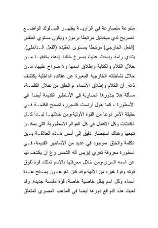 ‫ﻤﺘﻨﻭﻋﺔ ﻤﺘﺼﺎﺭﻋﺔ ﻓﻲ ﺍﻟﺯﺍﻭﻴـﺔ ﻴﻅﻬـﺭ ﺍﻟﺴـﻠﻭﻙ ﺍﻟﻭﺍﻀـﻊ‬
‫ﺍﻟﺼﺭﻴﺢ ﻟﺩﻱ ﻤﻴﺨﺎﺌﻴل ﻤﺭﺘﺒﻁﺎ ﺒﺭﻤﻭﺯﻩ ﻭﻴﻜﻭﻥ ﻤﺴﺘﻭﻱ ﺍﻟﻁﻘﺱ‬
‫)ﺍﻟﻔﻌل ﺍﻟﺨﺎﺭﺠﻲ( ﻤﺭﺘﺒﻁﺎ ﺒﻤﺴﺘﻭﻯ ﺍﻟﻌﻘﻴﺩﺓ )ﺍﻟﻔﻌل ﺍﻟـﺩﺍﺨﻠﻲ(.‬
‫ﻴﻨﺎﺩﻱ ﺭﺍﻤﺔ ﻭﻴﺒﺤﺙ ﻋﻨﻬﺎ، ﻴﺼﺭﺥ ﻁﺎﻟﺒﺎ ﺇﻴﺎﻫﺎ، ﻴﺨﻠﻘﻬـﺎ ﻤـﻥ‬
‫ﺨﻼل ﺍﻟﻜﻼﻡ ﻭﺍﻟﻜﺘﺎﺒﺔ ﻭﺇﻁﻼﻕ ﺍﺴﻤﻬﺎ ﻭﻻ ﺼﺭﺍﺥ ﻋﻠﻴﻬﺎ، ﻤـﻥ‬
‫ﺨﻼل ﻨﺸﺎﻁﺎﺘﻪ ﺍﻟﺨﺎﺭﺠﻴﺔ ﺍﻟﻤﻌﺒﺭﺓ ﻋﻥ ﻋﻘﺎﺌﺩﻩ ﺍﻟﺩﺍﺨﻠﻴﺔ ﻴﻜﺘﺸﻑ‬
‫ﺫﺍﺘﻪ. ﺃﻥ ﺍﻟﻜﻼﻡ ﻭﺇﻁﻼﻕ ﺍﻷﺴﻤﺎﺀ ،ﻭﺍﻟﺨﻠﻕ ﻤﻥ ﺨﻼل ﺍﻟﻜﻠﻤـﺔ،‬
‫ﻤﺴﺄﻟﺔ ﻫﻼ ﺠﺫﻭﺭﻫﺎ ﺍﻟﻀﺎﺭﺒﺔ ﻓﻲ ﺍﻷﺴﺎﻁﻴﺭ ﺍﻟﻘﺩﻴﻤﺔ ﺃﻴﻀﺎ. ﻓﻲ‬
‫ﺍﻷﺴﻁﻭﺭﺓ ، ﻜﻤﺎ ﻴﻘﻭل ﺃﺭﻨﺴﺕ ﻜﺎﺴﻴﺭﺭ، ﺘﺼﺒﺢ ﺍﻟﻜﻠﻤـﺔ ﻓـﻲ‬
‫ﺤﻘﻴﻘﺔ ﺍﻷﻤﺭ ﻨﻭﻋﺎ ﻤﻥ ﺍﻟﻘﻭﺓ ﺍﻷﻭﻟﻴﺔ،ﻭﻤﻥ ﺨﻼﻟﻬـﺎ ﺘﺒـﺩﺃ ﻜـل‬
‫ﺍﻟﻜﺎﺌﻨﺎﺕ ﻭﻜل ﺍﻷﻓﻌﺎل ﻓﻲ ﻜل ﺍﻟﻌﻭﺍﻟﻡ ﺍﻷﺴﻁﻭﺭﻴﺔ ﺍﻟﺘﻲ ﻴﻤﻜـﻥ‬
‫ﺘﺘﺒﻌﻬﺎ ﻭﻫﻨﺎﻙ ﺍﺴﺘﺒﺼﺎﺭ ﺩﻗﻴﻕ ﺇﻟﻲ ﺃﺴﺱ ﻫـﺫﻩ ﺍﻟﻌﻼﻗـﺔ ﺒـﻴﻥ‬
‫ﺍﻟﻜﻠﻤﺔ ﻭﺍﻟﺨﻠﻕ ،ﻤﻭﺠﻭﺩ ﻓﻲ ﻋﺩﻴﺩ ﻤﻥ ﺍﻷﺴﺎﻁﻴﺭ ﺍﻟﻘﺩﻴﻤﺔ، ﻓـﻲ‬
‫ﺃﺴﻁﻭﺭﺓ ﻤﻌﺭﻭﻓﺔ ﺘﻐﺭﻱ ﺇﻴﺯﻴﺱ ﺁﻟﻪ ﺍﻟﺸﻤﺱ ﺭﻉ ﺃﻥ ﻴﻜﺸﻑ ﻟﻬﺎ‬
‫ﻋﻥ ﺍﺴﻤﻪ ﺍﻟﺴﺭﻱ،ﻭﻤﻥ ﺨﻼل ﻤﻌﺭﻓﺘﻬﺎ ﺒﺎﻻﺴﻡ ﺘﻤﺘﻠﻙ ﻗﻭﺓ ﺘﻔﻭﻕ‬
‫ﻗﻭﺘﻪ ﻭﻗﻭﺓ ﻏﻴﺭﻩ ﻤﻥ ﺍﻵﻟﻬﺔ،ﻭﻗﺩ ﻜﺎﻥ ﺍﻟﻔﺭﻋـﻭﻥ ﻴﻤـﻨﺢ ﻋـﺩﺓ‬
‫ﺃﺴﻤﺎﺀ ﻭﻜل ﺍﺴﻡ ﻴﻨﻘل ﺨﺎﺼﻴﺔ ﺨﺎﺼﺔ، ﻗﻭﺓ ﻤﻘﺩﺴﺔ ﺠﺩﻴﺩﺓ. ﻭﻗﺩ‬
‫ﻟﻌﺒﺕ ﻫﺫﻩ ﺍﻟﺩﻭﺍﻓﻊ ﺩﻭﺭﻫﺎ ﺃﻴﻀﺎ ﻓﻲ ﺍﻟﻤﺫﻫﺏ ﺍﻟﻤﺼﺭﻱ ﺍﻟﻤﺘﻌﻠﻕ‬
 