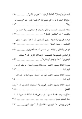 ‫ﺍﻟﺩﺴﺎﺱ ﻭ"ﺭﺴﺎﺌل" ﺍﻟﺤﺎﺌﻁ ﺍﻟﺭﻁﻴﺒﻠـ " ﺨﻴﺭﻱ ﺸﻠﺒﻲ" ............. ٤٥٤‬

  ‫ﺭﻤﺯﻴﺎﺕ ﺍﻟﻤﻘﺒﺭﺓ ﻗﺭﺍﺀﺓ ﻓﻲ ﻤﺠﻤﻭﻋﺔ " ﺘﺭﻨﻴﻤﺔ ﻟﻠﺩﺍﺭ ﻟـ " ﻴﻭﺴﻑ ﺃﺒﻭ‬
‫ﺭﻴﺔ" ........................................................... ٢٧٤‬

    ‫ﻤﻜﺎﻥ ﻟﻠﺼﻭﺕ ﻭﺍﻟﺼﻤﺕ ﻭﺍﻟﻅل ﻭﺍﻟﻐﻴﺎﺏ ﻗﺭﺍﺀﺓ ﻓﻲ ﺭﻭﺍﻴﺔ " ﺘﺼﺭﻴﺢ‬
‫ﺒﺎﻟﻐﻴﺎﺏ " ﻟـ " ﻤﻨﺘﺼﺭ ﺍﻟﻘﻔﺎﺵ" ................................ ٩٨٤‬

    ‫ﺩﺭﺍﺴﺔ ﻓﻲ ﺭﻭﺍﻴﺔ ﺜﻼﺜﻴﺔ ﺴﺒﻴل ﺍﻟﺸﺨﺹ ﻟـ " ﻋﺒﺩﺓ ﺠﺒﻴﺭ " ﺴﺒﻴل‬
‫ﺍﻟﺸﺨﺹ .. ﺴﺒﻴل ﺍﻟﻭﻁﻥ ....................................... ١٢٥‬

‫ﺍﻟﻭﻋﻲ ﺒﺎﻟﻤﻜﺎﻥ ﻭﺩﻻﻻﺘﻪ ﻓﻲ ﻗﺼﺹ " ﻤﺤﻤﺩﺍﻟﻌﻤﺭﻱ: ............ ٩٤٥‬

        ‫ﻗﺭﺍﺀﺓ ﻓﻲ ﺍﻟﻤﺠﻤﻭﻋﺔ ﺍﻟﻘﺼﺼﻴﺔ ﺍﺭﺘﺤﺎﻻﺕ ﺍﻟﻠﺅﻟﺅ ﻟـ " ﻨﻌﻤﺎﺕ‬
‫ﺍﻟﺒﺤﻴﺭﻱ" " ﻋﻘﺩ ﻴﺘﺠﻤﻊ ﺜﻡ ﻴﻨﻔﺭﻁ" .............................. ٩٩٥‬

  ‫ﺼﻭﺭﺓ ﺍﻟﺫﺍﺕ ﻭﺼﻭﺭﺓ ﺍﻵﺨﺭ ﻤﻥ ﺨﻼل ﺒﻌﺽ ﺃﻋﻤﺎل ﻴﻭﺴﻑ ﺇﺩﺭﻴﺱ‬
‫ﺍﻟﺭﻭﺍﺌﻴﺔ........................................................ ٢١٦‬

    ‫ﺼﻭﺭﺓ ﺍﻟﺫﺍﺕ ﻭﺼﻭﺭﺓ ﺍﻵﺨﺭ ﻓﻲ ﺁﺨﺭ ﺃﻋﻤﺎل ﻴﺤﻲ ﺍﻟﻁﺎﻫﺭ ﻋﺒﺩ ﺍﷲ‬
‫ﺍﻟﺭﻭﺍﺌﻴﺔ........................................................ ٠٥٦‬

‫ﺼﻭﺭﺓ ﺍﻟﺫﺍﺕ ﻭﺼﻭﺭﺓ ﺍﻵﺨﺭ ﻓﻲ ﺭﻭﺍﻴﺔ " ﺤﻜﺎﻴﺎﺕ ﺍﻟﻤﺩﻨﺩﺵ ﻟـ " ﺃﺤﻤﺩ‬
‫ﺍﻟﺸﻴﺦ ......................................................... ٤٧٦‬

 ‫ﺘﺤﻠﻴل ﻤﺴﻭﺩﺓ " ﻗﺼﺔ ﻗﺼﻴﺭﺓ ﻗﺭﺍﺀﺓ ﻓﻲ ﻗﺼﺔ " ﻁﺒﻠﺔ ﺍﻟﺴﺤﻭﺭ" ﻟـ "‬
‫ﻋﺒﺩ ﺍﻟﺤﻜﻴﻡ ﻗﺎﺴﻡ" .............................................. ٤٠٧‬

‫ﻗﻤﻴﺹ ﻭﺭﺩﻱ ﻫﺫﺍ ﺍﻟﻬﻭﺱ ﺒﺎﻟﺘﻔﺎﺼﻴل ﻟـ " ﻨﻭﺭﺍ ﺃﻤﻴﻥ"......... ١٦٧‬
 