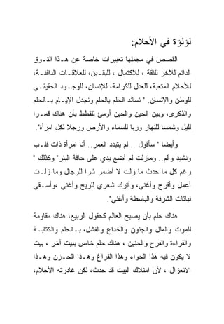 ‫ﻟﺅﻟﺅﺓ ﻓﻲ ﺍﻷﺤﻼﻡ:‬
‫ﺍﻟﻘﺼﺹ ﻓﻲ ﻤﺠﻤﻠﻬﺎ ﺘﻌﺒﻴﺭﺍﺕ ﺨﺎﺼﺔ ﻋﻥ ﻫـﺫﺍ ﺍﻟﺘـﻭﻕ‬
‫ﺍﻟﺩﺍﺌﻡ ﻟﻶﺨﺭ ﻟﻠﺜﻘﺔ ، ﻟﻼﻜﺘﻤﺎل ، ﻟﻠﻴﻘـﻴﻥ، ﻟﻠﻌﻼﻗـﺎﺕ ﺍﻟﺩﺍﻓﺌـﺔ،‬
‫ﻟﻸﺤﻼﻡ ﺍﻟﻤﺘﻌﺒﺔ، ﻟﻠﻌﺩل ﻟﻠﻜﺭﺍﻤﺔ، ﻟﻺﻨﺴﺎﻥ، ﻟﻠﻭﺠـﻭﺩ ﺍﻟﺤﻘﻴﻘـﻲ‬
‫ﻟﻠﻭﻁﻥ ﻭﺍﻹﻨﺴﺎﻥ. " ﻨﺴﺎﻨﺩ ﺍﻟﺤﻠﻡ ﺒﺎﻟﺤﻠﻡ ﻭﻨﺠﺩل ﺍﻹﻴـﺎﻡ ﺒـﺎﻟﺤﻠﻡ‬
‫ﻭﺍﻟﺫﻜﺭﻯ، ﻭﺒﻴﻥ ﺍﻟﺤﻴﻥ ﻭﺍﻟﺤﻴﻥ ﺃﻭﻤﺊ ﻟﻠﻘﻁﻁ ﺒﺄﻥ ﻫﻨﺎﻙ ﻗﻤـﺭﺍ‬
‫ﻟﻠﻴل ﻭﺸﻤﺴﺎ ﻟﻠﻨﻬﺎﺭ ﻭﺭﺒﺎ ﻟﻠﺴﻤﺎﺀ ﻭﺍﻷﺭﺽ ﻭﺭﺠﻼ ﻟﻜل ﺍﻤﺭﺃﺓ".‬

‫ﻭﺃﻴﻀﺎ " ﺴﺄﻗﻭل .. ﻟﻡ ﻴﺘﺒﺩﺩ ﺍﻟﻌﻤﺭ.. ﺃﻨﺎ ﺍﻤﺭﺃﺓ ﺫﺍﺕ ﻗﻠـﺏ‬
‫ﻭﻨﺸﻴﺩ ﻭﺃﻟﻡ.. ﻭﻤﺎﺯﻟﺕ ﻟﻡ ﺃﻀﻊ ﻴﺩﻱ ﻋﻠﻰ ﺤﺎﻓﺔ ﺍﻟﺒﺌﺭ" ﻭﻜﺫﻟﻙ "‬
‫ﺭﻏﻡ ﻜل ﻤﺎ ﺤﺩﺙ ﻤﺎ ﺯﻟﺕ ﻻ ﺃﻀﻤﺭ ﺸﺭﺍ ﻟﻠﺭﺠﺎل ﻭﻤﺎ ﺯﻟـﺕ‬
‫ﺃﻋﻤل ﻭﺃﻓﺭﺡ ﻭﺃﻏﻨﻲ، ﻭﺃﺘﺭﻙ ﺸﻌﺭﻱ ﻟﻠﺭﻴﺢ ﻭﺃﻏﻨﻲ ،ﻭﺃﺴـﻘﻲ‬
                          ‫ﻨﺒﺎﺘﺎﺕ ﺍﻟﺸﺭﻓﺔ ﻭﺍﻟﺒﺎﺴﻁﺔ ﻭﺃﻏﻨﻲ".‬

‫ﻫﻨﺎﻙ ﺤﻠﻡ ﺒﺄﻥ ﻴﺼﺒﺢ ﺍﻟﻌﺎﻟﻡ ﻜﺤﻘﻭل ﺍﻟﺭﺒﻴﻊ، ﻫﻨﺎﻙ ﻤﻘﺎﻭﻤﺔ‬
‫ﻟﻠﻤﻭﺕ ﻭﺍﻟﻤﻠل ﻭﺍﻟﺠﻨﻭﻥ ﻭﺍﻟﺨﺩﺍﻉ ﻭﺍﻟﻔﺸل، ﺒـﺎﻟﺤﻠﻡ ﻭﺍﻟﻜﺘﺎﺒـﺔ‬
‫ﻭﺍﻟﻘﺭﺍﺀﺓ ﻭﺍﻟﻔﺭﺡ ﻭﺍﻟﺤﻨﻴﻥ ، ﻫﻨﺎﻙ ﺤﻠﻡ ﺨﺎﺹ ﺒﺒﻴﺕ ﺁﺨﺭ ، ﺒﻴﺕ‬
‫ﻻ ﻴﻜﻭﻥ ﻓﻴﻪ ﻫﺫﺍ ﺍﻟﺨﻭﺍﺀ ﻭﻫﺫﺍ ﺍﻟﻔﺭﺍﻍ ﻭﻫـﺫﺍ ﺍﻟﺤـﺯﻥ ﻭﻫـﺫﺍ‬
‫ﺍﻻﻨﻌﺯﺍل ، ﻷﻥ ﺍﻤﺘﻼﻙ ﺍﻟﺒﻴﺕ ﻗﺩ ﺤﺩﺙ، ﻟﻜﻥ ﻏﺎﺩﺭﺘﻪ ﺍﻷﺤﻼﻡ،‬
 