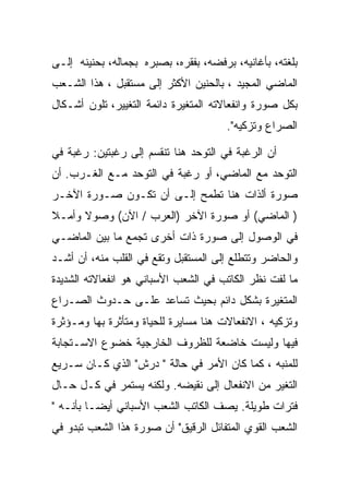 ‫ﺒﻠﻐﺘﻪ، ﺒﺄﻏﺎﻨﻴﻪ، ﺒﺭﻓﻀﻪ، ﺒﻔﻘﺭﻩ، ﺒﺼﺒﺭﻩ ﺒﺠﻤﺎﻟﻪ، ﺒﺤﻨﻴﻨﻪ ﺇﻟـﻰ‬
‫ﺍﻟﻤﺎﻀﻲ ﺍﻟﻤﺠﻴﺩ ، ﺒﺎﻟﺤﻨﻴﻥ ﺍﻷﻜﺜﺭ ﺇﻟﻰ ﻤﺴﺘﻘﺒل ، ﻫﺫﺍ ﺍﻟﺸـﻌﺏ‬
‫ﺒﻜل ﺼﻭﺭﺓ ﻭﺍﻨﻔﻌﺎﻻﺘﻪ ﺍﻟﻤﺘﻐﻴﺭﺓ ﺩﺍﺌﻤﺔ ﺍﻟﺘﻐﻴﻴﺭ، ﺘﻠﻭﻥ ﺃﺸـﻜﺎل‬
                                       ‫ﺍﻟﺼﺭﺍﻉ ﻭﺘﺯﻜﻴﻪ".‬

‫ﺃﻥ ﺍﻟﺭﻏﺒﺔ ﻓﻲ ﺍﻟﺘﻭﺤﺩ ﻫﻨﺎ ﺘﻨﻘﺴﻡ ﺇﻟﻰ ﺭﻏﺒﺘﻴﻥ: ﺭﻏﺒﺔ ﻓﻲ‬
‫ﺍﻟﺘﻭﺤﺩ ﻤﻊ ﺍﻟﻤﺎﻀﻲ، ﺃﻭ ﺭﻏﺒﺔ ﻓﻲ ﺍﻟﺘﻭﺤﺩ ﻤـﻊ ﺍﻟﻐـﺭﺏ. ﺃﻥ‬
‫ﺼﻭﺭﺓ ﺃﻟﺫﺍﺕ ﻫﻨﺎ ﺘﻁﻤﺢ ﺇﻟـﻰ ﺃﻥ ﺘﻜـﻭﻥ ﺼـﻭﺭﺓ ﺍﻵﺨـﺭ‬
‫) ﺍﻟﻤﺎﻀﻲ( ﺃﻭ ﺼﻭﺭﺓ ﺍﻵﺨﺭ )ﺍﻟﻌﺭﺏ / ﺍﻵﻥ( ﻭﺼﻭﻻ ﻭﺃﻤـﻼ‬
‫ﻓﻲ ﺍﻟﻭﺼﻭل ﺇﻟﻰ ﺼﻭﺭﺓ ﺫﺍﺕ ﺃﺨﺭﻯ ﺘﺠﻤﻊ ﻤﺎ ﺒﻴﻥ ﺍﻟﻤﺎﻀـﻲ‬
‫ﻭﺍﻟﺤﺎﻀﺭ ﻭﺘﺘﻁﻠﻊ ﺇﻟﻰ ﺍﻟﻤﺴﺘﻘﺒل ﻭﺘﻘﻊ ﻓﻲ ﺍﻟﻘﻠﺏ ﻤﻨﻪ، ﺃﻥ ﺃﺸـﺩ‬
‫ﻤﺎ ﻟﻔﺕ ﻨﻅﺭ ﺍﻟﻜﺎﺘﺏ ﻓﻲ ﺍﻟﺸﻌﺏ ﺍﻷﺴﺒﺎﻨﻲ ﻫﻭ ﺍﻨﻔﻌﺎﻻﺘﻪ ﺍﻟﺸﺩﻴﺩﺓ‬
‫ﺍﻟﻤﺘﻐﻴﺭﺓ ﺒﺸﻜل ﺩﺍﺌﻡ ﺒﺤﻴﺙ ﺘﺴﺎﻋﺩ ﻋﻠـﻰ ﺤـﺩﻭﺙ ﺍﻟﺼـﺭﺍﻉ‬
‫ﻭﺘﺯﻜﻴﻪ ، ﺍﻻﻨﻔﻌﺎﻻﺕ ﻫﻨﺎ ﻤﺴﺎﻴﺭﺓ ﻟﻠﺤﻴﺎﺓ ﻭﻤﺘﺄﺜﺭﺓ ﺒﻬﺎ ﻭﻤـﺅﺜﺭﺓ‬
‫ﻓﻴﻬﺎ ﻭﻟﻴﺴﺕ ﺨﺎﻀﻌﺔ ﻟﻠﻅﺭﻭﻑ ﺍﻟﺨﺎﺭﺠﻴﺔ ﺨﻀﻭﻉ ﺍﻻﺴـﺘﺠﺎﺒﺔ‬
‫ﻟﻠﻤﻨﺒﻪ ، ﻜﻤﺎ ﻜﺎﻥ ﺍﻷﻤﺭ ﻓﻲ ﺤﺎﻟﺔ " ﺩﺭﺵ" ﺍﻟﺫﻱ ﻜـﺎﻥ ﺴـﺭﻴﻊ‬
‫ﺍﻟﺘﻐﻴﺭ ﻤﻥ ﺍﻻﻨﻔﻌﺎل ﺇﻟﻰ ﻨﻘﻴﻀﻪ. ﻭﻟﻜﻨﻪ ﻴﺴﺘﻤﺭ ﻓﻲ ﻜـل ﺤـﺎل‬
‫ﻓﺘﺭﺍﺕ ﻁﻭﻴﻠﺔ. ﻴﺼﻑ ﺍﻟﻜﺎﺘﺏ ﺍﻟﺸﻌﺏ ﺍﻷﺴﺒﺎﻨﻲ ﺃﻴﻀـﺎ ﺒﺄﻨـﻪ "‬
‫ﺍﻟﺸﻌﺏ ﺍﻟﻘﻭﻱ ﺍﻟﻤﺘﻔﺎﺌل ﺍﻟﺭﻗﻴﻕ" ﺃﻥ ﺼﻭﺭﺓ ﻫﺫﺍ ﺍﻟﺸﻌﺏ ﺘﺒﺩﻭ ﻓﻲ‬
 