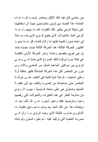 ‫ﺒﻴﻥ ﻤﺎﻀﻲ ﻜﺎﻥ ﻓﻴﻪ ﺫﻟﻙ ﺍﻟﺘﺄﻟﻕ ﻭﺤﺎﻀﺭ ﺘﻭﺠـﺩ ﻓﻴـﻪ ﻫـﺫﻩ‬
‫ﺍﻟﻌﺘﺎﻤﺔ، ﻫﺫﺍ ﺍﻟﺘﻀﺎﺩ ﺒﻴﻥ ﻟﻭﻨﻴﻥ ﻤﺘﻌﺎﺭﻀﻴﻥ ﺤﻴﺙ ﺃﻥ ﺇﺴﻘﺎﻁﻬﻤﺎ‬
‫ﻋﻠﻰ ﺸﺒﻜﺔ ﺍﻟﻭﻋﻲ ﻴﻅﻬﺭ ﺫﻟﻙ ﺍﻟﺘﻔﺎﻭﺕ ﺍﻟﺤـﺎﺩ ﺒﻴﻨﻬﻤـﺎ، ﻫـﺫﺍ‬
‫ﺍﻟﻭﻋﻲ ﺍﻟﺤﺎﺩ ﺒﺎﻟﺘﺤﻭﻻﺕ ﺍﻟﺫﻱ ﻴﻔﺠﻊ ﺍﻟﺭﺍﻭﻱ ﺍﻟﺫﻱ ﺠﺎﺀ ﺤـﺎﻤﻼ‬
‫ﻓﻲ ﺫﻫﻨﻪ ﺼﻭﺭﺓ ﻗﺩﻴﻤﺔ ﻅﻨﻬﺎ ﻤﺎ ﺯﺍﻟﺕ ﻗﺎﺌﻤﺔ، ﻜل ﻫـﺫﺍ ﻴﻤﻬـﺩ‬
‫ﺍﻟﻅﻬﻭﺭ ﻟﻠﺤﺭﻜﺔ ﺍﻟﺜﺎﻟﺜﺔ، ﻫﺫﻩ ﺍﻟﺤﺭﻜﺔ ﺍﻟﺜﺎﻟﺜﺔ ﻟﻴﺴﺕ ﺠﺩﻴﺩﺓ ﺘﻤﺎﻤﺎ‬
‫ﺒل ﻫﻲ ﺘﻨﻭﻴﻊ ﻭﺘﻔﺼﻴل ﻭﺍﻤﺘﺩﺍﺩ ﻭﻨﺸﺭ ﻟﻠﺤﺭﻜﺔ ﺍﻷﻭﻟﻰ ﻓﺎﻟﻘﺼﺔ‬
‫ﻫﻲ ﻓﻌﻼ ﺒﺅﺭﺓ ﻤﺭﻜﺯﺓ ﻟﺫﻟﻙ ﺍﻟﺼﺭﺍﻉ ﺍﻟﺫﻱ ﺤﺩﺙ ﻓـﻲ ﻭﻋـﻲ‬
‫ﺍﻟﺭﺍﻭﻱ ﺒﻴﻥ ﺤﺭﻜﺘﻴﻥ ﺃﺤﺩﺍﻫﻤﺎ ﺘﺘﺴﻠل ﻤﻥ ﺍﻟﻤﺎﻀﻲ ﻭﺍﻷﺨـﺭﻯ‬
‫ﺘﺒﺭﺯ ﻤﻥ ﺍﻟﺤﺎﻀﺭ ﻟﻜﻥ ﻫﺫﻩ ﺍﻟﺤﺭﻜﺔ ﺍﻟﻤﺘﺴﻠﻠﺔ ﺘﻅﻬﺭ ﺨﺎﻓﺘﺔ ﺃﻭﻻ‬
‫ﻭﻋﻠﻲ ﺍﺴﺘﺤﻴﺎﺀ ، ﺜﻡ ﺘﺒﺩﺃ ﺸﻴﺌﺎ ﻓﺸﻴﺌﺎ ﻓﻲ ﺍﻟﺘﻐﻠﺏ ﻋﻠـﻰ ﺤﺭﻜـﺔ‬
‫ﺍﻟﺤﺎﻀﺭ ﺤﺘﻰ ﺘﺴﺘﺒﻌﺩﻫﺎ ﻤﻥ ﺍﻟﺼﻭﺭﺓ ﻭﺘﻘﺫﻑ ﺒﻬﺎ ﺇﻟﻰ ﺨﻠﻔﻴـﺔ‬
‫ﺍﻟﻤﺸﻬﺩ ﻭﺘﺴﺘﻭﻟﻰ ﻫﻲ ﻋﻠﻰ ﺴﺎﺤﺘﻪ ﺍﻟﺭﺌﻴﺴﻴﺔ ، ﻴﻬﺭﺏ ﺍﻟـﺭﺍﻭﻱ‬
‫ﻤﻥ ﻤﺩﺍﻭﻤﺔ ﺍﻟﻨﻅﺭ ﺇﻟﻰ ﻫﺫﻩ ﺍﻟﺘﻐﻴﺭﺍﺕ ﻭﺍﻟﺘﺤﻭﻻﺕ ﺍﻟﺘﻲ ﺭﻓﻀﻬﺎ‬
‫ﻭﻋﻴﻪ ﻭﻋﺎﺭﻀﻬﺎ ﻋﻘﻠﻪ ﻭﻋﺠﺯ ﺸﻌﻭﺭﻩ ﻋـﻥ ﺍﻟﺘـﺄﻟﻑ ﻤﻌـﻪ،‬
‫ﻭﺒﺈﺒﺘﻌﺎﺩﻩ ﻫﺫﺍ ﻋﻥ ﺫﻟﻙ ﺍﻟﻤﺸـﻬﺩ ﻴﻭﺍﺠـﻪ ﺼـﺩﻴﻕ ﻁﻔﻭﻟﺘـﻪ،‬
‫ﺍﻟﺸﺎﺒﻭﺭﻯ ﻀﺎﺭﺏ ﺍﻟﻁﺒﻠﺔ ﺍﻟﺫﻱ ﻭﺠﺩﻩ ﺍﻟﺭﺍﻭﻱ ﻤـﺎ ﺯﺍل ﻓـﻲ‬
‫ﺼﻭﺭﺘﻪ ﺍﻟﺤﻠﻤﻴﺔ ﺍﻟﺘﻲ ﺘﺭﻜﻬﺎ ﻋﻠﻴﻪ ، ﻟﻡ ﺘﻐﻴﺭﻩ ﺍﻟﺴﻨﻭﻥ ﻭﻟﻡ ﺘﺒﺩﻟﻪ‬
 