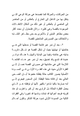 ‫ﻤﻥ ﺍﻟﺤﺭﻜﺎﺕ، ﻭﺍﻟﺤﺭﻜﺔ ﻜﻤﺎ ﻨﻘﺼﺩﻫﺎ ﻫﻲ ﺤﺭﻜﺔ ﺍﻟﻭﻋﻲ ﺍﻟﺘـﻲ‬
‫ﻴﻨﺘﻘل ﺒﻬﺎ ﻤﻥ ﺍﻟﺩﺍﺨل ﺇﻟﻰ ﺍﻟﺨﺎﺭﺝ ﺃﻭ ﺒﺎﻟﻌﻜﺱ ﺃﻭ ﻤﻥ ﺍﻟﺤﺎﻀﺭ‬
‫ﺇﻟﻰ ﺍﻟﻤﺎﻀﻲ ﺃﻭ ﺒﺎﻟﻌﻜﺱ ﺃﻭ ﻏﻴﺭ ﺫﻟﻙ ﻤﻥ ﺃﺸﻜﺎل ﺍﻻﻨﺘﻘـﺎﻻﺕ‬
‫ﺍﻟﻤﻭﺠﻭﺩﺓ ﺒﺎﻟﻘﺼﺔ ﻭﻫﻲ ﻜﺜﻴﺭﺓ ، ﻭﺍﻵﻥ ﻓﻠﻨﺤﺎﻭل ﺃﻥ ﻨﺤﺩﺩ ﺃﻜﺜﺭ‬
‫ﺒﻌﺽ ﻤﻅﺎﻫﺭ ﺍﻟﺘﺒﺎﻴﻥ ﺃﻭ ﺒﺎﻷﺤﺭﻯ ﺒﻌـﺽ ﻤﻅـﺎﻫﺭ ﺍﻟﺘﺸـﺎﺒﻪ‬
               ‫ﻭﺍﻻﺨﺘﻼﻑ ﺒﻴﻥ ﺍﻟﺼﻭﺭﺘﻴﻥ ﺍﻟﻤﺘﺎﺤﺘﻴﻥ ﻟﻠﻘﺼﺔ.‬

‫٢- ﺒﻌﺩ ﺃﻥ ﻨﻤﺭ ﻋﺒﺭ ﻓﺎﺘﺤﺔ ﺍﻟﻘﺼﺔ ﺃﻭ ﻤﺩﺨﻠﻬﺎ ﺍﻟﺘﻲ ﻫـﻲ‬
‫ﺨﺎﺘﻤﺘﻬﺎ ﺃﻭ ﻨﻬﺎﻴﺘﻬﺎ ﺤﻴﺙ ﺃﻥ ﺸﻜل ﺍﻟﻘﺼﺔ ﻫﻭ ﺸـﻜل ﺩﺍﺌﺭﻴـﺔ‬
‫ﺒﺩﺍﻴﺘﻪ ﻫﻲ ﺨﺎﺘﻤﺘﻪ ﻭﻓﻴﻤﺎ ﺒﻴﻥ ﺍﻟﺒﺩﺍﻴﺔ ﻭﺍﻟﻨﻬﺎﻴـﺔ ﻫﻨـﺎﻙ ﺩﻭﺍﺌـﺭ‬
‫ﻋﺩﻴﺩﺓ ﻗﺩ ﺘﺘﺴﻊ ﻭﻗﺩ ﺘﻀﻴﻕ، ﺒﻌﺩ ﺃﻥ ﻨﻤﺭ ﻋﺒﺭ ﻫـﺫﻩ ﺍﻟﻔﺎﺘﺤـﺔ‬
‫ﺍﻟﻼﺯﻤﺔ ﺍﻟﺘﻲ ﻫﻲ ﻤﺘﺸﺎﺒﻬﺔ ﻓﻲ ﺼﻭﺭﺘﻲ ﺍﻟﻘﺼﺔ ﻨﺼـل ﺇﻟـﻰ‬
‫ﺍﻟﻔﻘﺭﺓ ﺍﻷﻭﻟﻰ ﻤﻨﻬﺎ، ﻓﻲ ﻫﺫﻩ ﺍﻟﻔﻘـﺭﺓ ﺍﻷﻭﻟـﻰ ﻓـﻲ ﺍﻟﻤﺴـﻭﺩﺓ‬
‫ﺍﻷﺼﻠﻴﺔ ﻴﺼﻭﺭ ﺍﻟﻜﺎﺘﺏ ﺤﺎﻟﺔ ﻴﻘﻅﺘﻪ ﻤﻔﺠﻭﻋﺎ ﺃﺒـﺎﻥ ﺍﻟﻀـﺤﻰ‬
‫ﺍﻟﻌﺎﻟﻲ ﺒﻌﺩ ﺃﻥ ﻓﺎﺘﺘﻪ ﻤﺘﻌﺔ ﺍﻟﻴﻘﻅﺔ. ﺃﺒﺎﻥ ﺍﻟﺴﺤﻭﺭ ﻓﻴﺠﺭﻱ ﺇﻟـﻰ‬
‫ﺃﻤﻪ ﺼﺎﺭﺨﺎ ﺒﺎﻜﻴﺎ ﺸﺎﻋﺭﺍ ﺒﺎﻟﻘﻬﺭ ﻷﻨﻬﺎ ﻟﻡ ﺘﻭﻗﻅﻪ ﻫـﻭ ﺍﻟـﺫﻱ‬
‫ﻴﺤﻤل ﺍﻟﻔﻜﺭﺓ ﺍﻟﺤﺎﻟﺔ، ﺒل ﺍﻟﺭﺍﻭﻱ ﺒﻌﺩ ﺃﻥ ﻜﺒﺭ ﻭﺍﻏﺘﺭﺏ ﺜﻡ ﻋﺎﺩ‬
‫ﻟﻘﺭﻴﺘﻪ ﻓﻭﺠﺩ ﺃﺤﻭﺍﻟﻬﺎ ﻗﺩ ﺘﺒﺩﻟﺕ ﻭﻨﺎﺴﻬﺎ ﻗﺩ ﺘﻐﻴﺭﻭﺍ ﻭﻓﻲ ﺍﻟﻔﻘﺭﺍﺕ‬
‫ﺍﻟﺘﺎﻟﻴﺔ ﻤﻥ ﺍﻟﻤﺴﻭﺩﺓ ﺍﻷﻭﻟﻰ ﺘﺴﻭﺩ ﺤﺭﻜﺔ ﺍﻟﺘﺫﻜﺭ ﻭﺘﻜﻭﻥ ﺃﺤـﻼﻡ‬
 