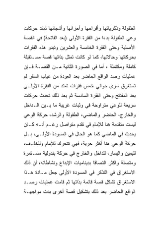 ‫ﺍﻟﻁﻔﻭﻟﺔ ﻭﺫﻜﺭﻴﺎﺘﻬﺎ ﻭﺃﻓﺭﺍﺤﻬﺎ ﻭﺃﺤﺯﺍﻨﻬﺎ ﻭﺃﺸﺠﺎﻨﻬﺎ ﺘﻤﺘﺩ ﺤﺭﻜﺎﺕ‬
‫ﻭﻋﻲ ﺍﻟﻁﻔﻭﻟﺔ ﺒﺩﺀﺍ ﻤﻥ ﺍﻟﻔﻘﺭﺓ ﺍﻷﻭﻟﻰ )ﺒﻌﺩ ﺍﻟﻔﺎﺘﺤﺔ( ﻓﻲ ﺍﻟﻘﺼﺔ‬
‫ﺍﻷﺼﻠﻴﺔ ﻭﺤﺘﻰ ﺍﻟﻔﻘﺭﺓ ﺍﻟﺨﺎﻤﺴﺔ ﻭﺍﻟﻌﺸﺭﻴﻥ ﻭﺘﺒﺩﻭ ﻫﺫﻩ ﺍﻟﻔﻘﺭﺍﺕ‬
‫ﺒﺤﺭﻜﺎﺘﻬﺎ ﻭﺤﺎﻻﺘﻬﺎ، ﻜﻤﺎ ﻟﻭ ﻜﺎﻨﺕ ﺘﻤﺜل ﺒﺫﺍﺘﻬﺎ ﻗﺼﺔ ﻤﺴـﺘﻘﺒﻠﺔ‬
‫ﻜﺎﻤﻠﺔ ﻭﻤﻜﺘﻤﻠﺔ ، ﺃﻤﺎ ﻓﻲ ﺍﻟﺼﻭﺭﺓ ﺍﻟﺜﺎﻨﻴﺔ ﻤـﻥ ﺍﻟﻘﺼـﺔ ﻓـﺈﻥ‬
‫ﻋﻤﻠﻴﺎﺕ ﺭﺼﺩ ﺍﻟﻭﺍﻗﻊ ﺍﻟﺤﺎﻀﺭ ﺒﻌﺩ ﺍﻟﻌﻭﺩﺓ ﻤﻥ ﻏﻴﺎﺏ ﺍﻟﺴﻔﺭ ﻟﻡ‬
‫ﺘﺴﺘﻐﺭﻕ ﺴﻭﻯ ﺤﻭﺍﻟﻲ ﺨﻤﺱ ﻓﻘﺭﺍﺕ ﺘﻤﺘﺩ ﻤﻥ ﺍﻟﻔﻘﺭﺓ ﺍﻷﻭﻟـﻰ‬
‫ﺒﻌﺩ ﺍﻟﻤﻔﺘﺘﺢ ﻭﺤﺘﻰ ﺍﻟﻔﻘﺭﺓ ﺍﻟﺴﺎﺩﺴﺔ ﺜﻡ ﺒﻌﺩ ﺫﻟﻙ ﺘﺤﺩﺙ ﺤﺭﻜﺎﺕ‬
‫ﺴﺭﻴﻌﺔ ﻟﻠﻭﻋﻲ ﻤﺘﺭﺍﻭﺤﺔ ﻓﻲ ﻭﺜﺒﺎﺕ ﻏﺭﻴﺒﺔ ﻤﺎ ﺒـﻴﻥ ﺍﻟـﺩﺍﺨل‬
‫ﻭﺍﻟﺨﺎﺭﺝ، ﺍﻟﺤﺎﻀﺭ ﻭﺍﻟﻤﺎﻀﻲ، ﺍﻟﻁﻔﻭﻟﺔ ﻭﺍﻟﺭﺸﺩ، ﺤﺭﻜﺔ ﺍﻟﻭﻋﻲ‬
‫ﻟﻴﺴﺕ ﻤﺘﻘﺩﻤﺔ ﻫﻨﺎ ﻟﻺﻤﺎﻡ ﻓﻲ ﺘﻘﺩﻡ ﻤﺘﻭﺍﺼل ﺭﻏـﻡ ﺃﻨـﻪ ﻜـﺎﻥ‬
‫ﻴﺤﺩﺙ ﻓﻲ ﺍﻟﻤﺎﻀﻲ ﻜﻤﺎ ﻫﻭ ﺍﻟﺤﺎل ﻓﻲ ﺍﻟﻤﺴﻭﺩﺓ ﺍﻷﻭﻟـﻰ، ﺒـل‬
‫ﺤﺭﻜﺔ ﺍﻟﻭﻋﻲ ﻫﻨﺎ ﺃﻜﺜﺭ ﺤﺭﻴﺔ، ﻓﻬﻲ ﺘﺘﺤﺭﻙ ﻟﻺﻤﺎﻡ ﻭﻟﻠﺨﻠـﻑ،‬
‫ﻟﻠﻴﻤﻴﻥ ﻭﺍﻟﻴﺴﺎﺭ، ﻟﻠﺩﺍﺨل ﻭﺍﻟﺨﺎﺭﺝ ﻓﻲ ﺤﺭﻜﺔ ﺒﻨﺩﻭﻟﻴﺔ ﻤﺴـﺘﻤﺭﺓ‬
‫ﻭﻤﺘﺼﻠﺔ ﻭﺍﻜﺜﺭ ﺍﻟﺘﺼﺎﻗﺎ ﺒﺩﻴﻨﺎﻤﻴﺎﺕ ﺍﻹﺒﺩﺍﻉ ﻭﻨﺸﺎﻁﺎﺘﻪ، ﺃﻥ ﺫﻟﻙ‬
‫ﺍﻻﺴﺘﻐﺭﺍﻕ ﻓﻲ ﺍﻟﺘﺫﻜﺭ ﻓﻲ ﺍﻟﻤﺴﻭﺩﺓ ﺍﻷﻭﻟﻰ ﺠﻌل ﻤـﺎﺩﺓ ﻫـﺫﺍ‬
‫ﺍﻻﺴﺘﻐﺭﺍﻕ ﺘﺸﻜل ﻗﺼﺔ ﻗﺎﺌﻤﺔ ﺒﺫﺍﺘﻬﺎ ﺜﻡ ﻗﺎﻤﺕ ﻋﻤﻠﻴﺎﺕ ﺭﺼـﺩ‬
‫ﺍﻟﻭﺍﻗﻊ ﺍﻟﺤﺎﻀﺭ ﺒﻌﺩ ﺫﻟﻙ ﺒﺘﺸﻜﻴل ﻗﺼﺔ ﺃﺨﺭﻯ ﺒﺩﺕ ﻤﻭﺍﺠﻬـﺔ‬
 