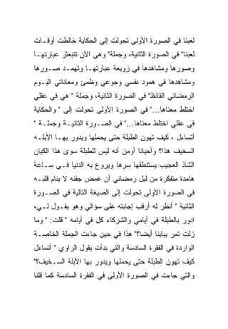 ‫ﻟﻌﺒﻨﺎ ﻓﻲ ﺍﻟﺼﻭﺭﺓ ﺍﻷﻭﻟﻰ ﺘﺤﻭﻟﺕ ﺇﻟﻰ ﺍﻟﺤﻜﺎﻴﺔ ﺨﺎﻟﻁﺕ ﺃﻭﻗـﺎﺕ‬
‫ﻟﻌﺒﻨﺎ" ﻓﻲ ﺍﻟﺼﻭﺭﺓ ﺍﻟﺜﺎﻨﻴﺔ، ﻭﺠﻤﻠﺔ" ﻭﻫﻲ ﺍﻵﻥ ﺘﺘﺒﻌﺜﺭ ﻋﺒﺎﺭﺘﻬـﺎ‬
‫ﻭﺼﻭﺭﻫﺎ ﻭﻤﺸﺎﻫﺩﻫﺎ ﻓﻲ ﺯﻭﺒﻌﺔ ﻋﺒﺎﺭﺘﻬـﺎ ﻭﺘﻬﻤـﺩ ﺼـﻭﺭﻫﺎ‬
‫ﻭﻤﺸﺎﻫﺩﻫﺎ ﻓﻲ ﻫﻤﻭﺩ ﻨﻔﺴﻲ ﻭﺠﻭﻋﻲ ﻭﻅﻤﺊ ﻭﻤﻌﺎﻨﺎﺘﻲ ﺍﻟﻴـﻭﻡ‬
‫ﺍﻟﺭﻤﻀﺎﻨﻲ ﺍﻟﻘﺎﺌﻅ" ﻓﻲ ﺍﻟﺼﻭﺭﺓ ﺍﻟﺜﺎﻨﻴﺔ، ﻭﺠﻤﻠﺔ " ﻫﻲ ﻓﻲ ﻋﻘﻠﻲ‬
‫ﺍﺨﺘﻠﻁ ﻤﻌﻨﺎﻫﺎ..." ﻓﻲ ﺍﻟﺼﻭﺭﺓ ﺍﻷﻭﻟﻰ ﺘﺤﻭﻟﺕ ﺇﻟﻰ " ﻭﺍﻟﺤﻜﺎﻴﺔ‬
‫ﻓﻲ ﻋﻘﻠﻲ ﺍﺨﺘﻠﻁ ﻤﻌﻨﺎﻫﺎ..." ﻓﻲ ﺍﻟﺼـﻭﺭﺓ ﺍﻟﺜﺎﻨﻴـﺔ ﻭﺠﻤﻠـﺔ "‬
‫ﺃﺘﺴﺎﺀل ، ﻜﻴﻑ ﺘﻬﻭﻥ ﺍﻟﻁﺒﻠﺔ ﺤﺘﻰ ﻴﺤﻤﻠﻬﺎ ﻭﻴﺩﻭﺭ ﺒﻬـﺎ ﺍﻷﺒﻠـﻪ‬
‫ﺍﻟﺴﺨﻴﻑ ﻫﺫﺍ؟ ﻭﺃﺤﻴﺎﻨﺎ ﺃﻭﻤﻥ ﺃﻨﻪ ﻟﻴﺱ ﻟﻠﻁﺒﻠﺔ ﺴﻭﻯ ﻫﺫﺍ ﺍﻟﻜﻴﺎﻥ‬
‫ﺍﻟﺸﺎﺫ ﺍﻟﻌﺠﻴﺏ ﻴﺴﺘﻨﻁﻘﻬﺎ ﺴﺭﻫﺎ ﻭﻴﺭﻭﻉ ﺒﻪ ﺍﻟﺩﻨﻴﺎ ﻓـﻲ ﺴـﺎﻋﺔ‬
‫ﻫﺎﻤﺩﺓ ﻤﺘﻔﻜﺭﺓ ﻤﻥ ﻟﻴل ﺭﻤﻀﺎﻨﻲ ﺃﻥ ﻏﻤﺽ ﺠﻔﻨﻪ ﻻ ﻴﻨﺎﻡ ﻗﻠﺒـﻪ‬
‫ﻓﻲ ﺍﻟﺼﻭﺭﺓ ﺍﻷﻭﻟﻰ ﺘﺤﻭﻟﺕ ﺇﻟﻰ ﺍﻟﺼﻴﻐﺔ ﺍﻟﺘﺎﻟﻴﺔ ﻓﻲ ﺍﻟﺼـﻭﺭﺓ‬
‫ﺍﻟﺜﺎﻨﻴﺔ " ﺃﻨﻅﺭ ﻟﻪ ﺃﺭﻗﺏ ﺇﺠﺎﺒﺘﻪ ﻋﻠﻰ ﺴﺅﺍﻟﻲ ﻭﻫﻭ ﻴﻘـﻭل ﻟـﻲ،‬
‫ﺍﺩﻭﺭ ﺒﺎﻟﻁﺒﻠﺔ ﻓﻲ ﺃﻴﺎﻤﻲ ﻭﺍﻟﺸﺭﻜﺎﺀ ﻜل ﻓﻲ ﺃﻴﺎﻤﻪ " ﻗﻠﺕ: " ﻭﻤﺎ‬
‫ﺯﻟﺕ ﺘﻤﺭ ﺒﺒﺎﺒﻨﺎ ﺃﻴﻀﺎ؟" ﻫﺫﺍ ﻓﻲ ﺤﻴﻥ ﺠﺎﺀﺕ ﺍﻟﺠﻤﻠﺔ ﺍﻟﺨﺎﺼـﺔ‬
‫ﺍﻟﻭﺍﺭﺩﺓ ﻓﻲ ﺍﻟﻔﻘﺭﺓ ﺍﻟﺴﺎﺩﺴﺔ ﻭﺍﻟﺘﻲ ﺒﺩﺃﺕ ﻴﻘﻭل ﺍﻟﺭﺍﻭﻱ " ﺃﺘﺴﺎﺀل‬
‫ﻜﻴﻑ ﺘﻬﻭﻥ ﺍﻟﻁﺒﻠﺔ ﺤﺘﻰ ﻴﺤﻤﻠﻬﺎ ﻭﻴﺩﻭﺭ ﺒﻬﺎ ﺍﻷﺒﻠﺔ ﺍﻟﺴـﺨﻴﻑ؟"‬
‫ﻭﺍﻟﺘﻲ ﺠﺎﺀﺕ ﻓﻲ ﺍﻟﺼﻭﺭﺓ ﺍﻷﻭﻟﻰ ﻓﻲ ﺍﻟﻔﻘﺭﺓ ﺍﻟﺴﺎﺩﺴﺔ ﻜﻤﺎ ﻗﻠﻨﺎ‬
 