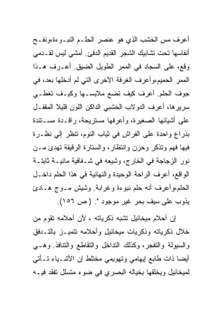 ‫ﺃﻋﺭﻑ ﻤﺱ ﺍﻟﺨﺸﺏ ﺍﻟﺫﻱ ﻫﻭ ﻋﻨﺼﺭ ﺍﻟﺤﻠـﻡ ﺍﻟﻨﺒـﻭﺀﺓ،ﻭﻨﻔـﺢ‬
‫ﺃﻨﻔﺎﺴﻬﺎ ﺘﺤﺕ ﺘﺸﺎﺒﻴﻙ ﺍﻟﺸﺠﺭ ﺍﻟﻘﺩﻴﻡ ﺍﻟﺩﻓﺊ. ﺃﻤﺸﻲ ﻟﻴﺱ ﻟﻘـﺩﻤﻲ‬
‫ﻭﻗﻊ، ﻋﻠﻰ ﺍﻟﺴﺠﺎﺩ ﻓﻲ ﺍﻟﻤﻤﺭ ﺍﻟﻁﻭﻴل ﺍﻟﻀﻴﻕ. ﺃﻋـﺭﻑ ﻫـﺫﺍ‬
‫ﺍﻟﻤﻤﺭ ﺍﻟﺤﻤﻴﻡ،ﻭﺃﻋﺭﻑ ﺍﻟﻐﺭﻓﺔ ﺍﻷﺨﺭﻯ ﺍﻟﺘﻲ ﻟﻡ ﺃﺩﺨﻠﻬﺎ ﺒﻌﺩ، ﻓﻲ‬
‫ﺠﻭﻑ ﺍﻟﺤﻠﻡ. ﺃﻋﺭﻑ ﻜﻴﻑ ﺘﻀﻊ ﻤﻼﺒﺴـﻬﺎ ﻭﻜﻴـﻑ ﺘﻐﻁـﻲ‬
‫ﺴﺭﻴﺭﻫﺎ، ﺃﻋﺭﻑ ﺍﻟﺩﻭﻻﺏ ﺍﻟﺨﺸﺒﻲ ﺍﻟﺩﺍﻜﻥ ﺍﻟﻠﻭﻥ ﻗﻠﻴﻼ ﺍﻟﻤﻘﻔـل‬
‫ﻋﻠﻰ ﺃﺸﻴﺎﺌﻬﺎ ﺍﻟﺼﻐﻴﺭﺓ، ﻭﺃﻋﺭﻓﻬﺎ ﻤﺴﺘﺭﻴﺤﺔ، ﺭﺍﻗـﺩﺓ ﻤﺴـﺘﻨﺩﺓ‬
‫ﺒﺫﺭﺍﻉ ﻭﺍﺤﺩﺓ ﻋﻠﻰ ﺍﻟﻔﺭﺍﺵ ﻓﻲ ﺜﻴﺎﺏ ﺍﻟﻨﻭﻡ، ﺘﻨﻅﺭ ﺇﻟﻲ ﻨﻅـﺭﺓ‬
‫ﻓﻴﻬﺎ ﻓﻬﻡ ﻭﺘﺫﻜﺭ ﻭﺤﺯﻥ ﻭﺍﻨﺘﻅﺎﺭ، ﻭﺍﻟﺴﺘﺎﺭﺓ ﺍﻟﺭﻗﻴﻘﺔ ﺘﻬﺩﺉ ﻤـﻥ‬
‫ﻨﻭﺭ ﺍﻟﺯﺠﺎﺠﺔ ﻓﻲ ﺍﻟﺨﺎﺭﺝ، ﻭﺸﻴﻌﻪ ﻓﻲ ﺸـﻔﺎﻓﻴﺔ ﻤﺎﺌﻴـﺔ ﺜﺎﺒﺘـﺔ‬
‫ﺍﻟﻭﺍﻗﻊ، ﺃﻋﺭﻑ ﺍﻟﺭﺍﺤﺔ ﺍﻟﻭﺤﻴﺩﺓ ﻭﺍﻟﻨﻬﺎﺌﻴﺔ ﻓﻲ ﻫﺫﺍ ﺍﻟﺤﻠﻡ ﺩﺍﺨـل‬
‫ﺍﻟﺤﻠﻡ،ﻭﺃﻋﺭﻑ ﺃﻨﻪ ﺤﻠﻡ ﻨﺒﻭﺀﺓ ﻭﻏﺭﺍﺒﺔ. ﻭﺸﻴﺵ ﻤـﻭﺝ ﻫـﺎﺩﺉ‬
        ‫ﻴﺫﻭﺏ ﻋﻠﻰ ﺴﻴﻑ ﺒﺤﺭ ﻏﻴﺭ ﻤﻭﺠﻭﺩ ". ) ﺹ ٦٥١(.‬

‫ﺇﻥ ﺃﺤﻼﻡ ﻤﻴﺨﺎﺌﻴل ﺘﺸﺒﻪ ﺫﻜﺭﻴﺎﺘﻪ ، ﻷﻥ ﺃﺤﻼﻤﻪ ﺘﻘﻭﻡ ﻤﻥ‬
‫ﺨﻼل ﺫﻜﺭﻴﺎﺘﻪ ﻭﺫﻜﺭﻴﺎﺕ ﻤﻴﺨﺎﺌﻴل ﻭﺃﺤﻼﻤﻪ ﺘﺘﻤﻴـﺯ ﺒﺎﻟﺘـﺩﻓﻕ‬
‫ﻭﺍﻟﺴﻴﻭﻟﺔ ﻭﺍﻟﺘﻔﺠﺭ، ﻭﻜﺫﻟﻙ ﺍﻟﺘﺩﺍﺨل ﻭﺍﻟﺘﻘﺎﻁﻊ ﻭﺍﻟﺘﻨﺎﻓﺫ. ﻭﻫـﻲ‬
‫ﺃﻴﻀﺎ ﺫﺍﺕ ﻁﺎﺒﻊ ﺇﻴﻬﺎﻤﻲ ﻭﺘﻬﻭﻴﻤﻲ ﻤﺨﺘﻠﻁ ﺇﻥ ﺍﻷﺸـﻴﺎﺀ ﺘـﺄﺘﻲ‬
‫ﻟﻤﻴﺨﺎﺌﻴل ﻭﻴﺨﻠﻘﻬﺎ ﺒﺨﻴﺎﻟﻪ ﺍﻟﺒﺼﺭﻱ ﻓﻲ ﻀﻭﺀ ﻤﺘﺴﻠل ﺘﻔﻘﺩ ﻓﻴـﻪ‬
 