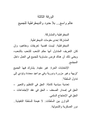 ‫ﺍﻟﻭﺭﻗﺔ ﺍﻟﺜﺎﻟﺜﺔ‬
   ‫ﻋﺎﻟﻡ ﻭﺍﺴﻊ... ﺒﻼ ﺤﺩﻭﺩ ﻭﺍﻟﺩﻴﻤﻘﺭﺍﻁﻴﺔ ﻟﻠﺠﻤﻴﻊ‬

                          ‫ﺍﻟﺩﻴﻤﻘﺭﺍﻁﻴﺔ ﻭﺍﻟﻤﺸﺎﺭﻜﺔ.‬
             ‫ﺍﻟﻤﺸﺎﺭﻜﺔ ﺇﺤﺩﻯ ﻤﻘﻭﻤﺎﺕ ﺍﻟﺩﻴﻤﻘﺭﺍﻁﻴﺔ.‬
‫ﺍﻟﺩﻴﻤﻘﺭﺍﻁﻴﺔ: ﻟﻴﺴﺕ ﻗﻀﻴﺔ ﺘﻌﺭﻴﻔﺎﺕ ﻭﻤﻔﺎﻫﻴﻡ، ﻭﺇﻥ‬
‫ﻜﺎﻥ ﺍﻟﺘﻌﺭﻴﻑ ﺍﻟﻤﺘﺩﺍﻭل ﺃﻨﻬﺎ ﺤﻜﻡ ﺍﻟﺸﻌﺏ ﻟﻠﺸﻌﺏ ﺒﺎﻟﺸﻌﺏ،‬
‫ﻭﻴﻌﻨﻲ ﺫﻟﻙ ﺃﻥ ﻫﻨﺎﻙ ﻓﺭﺹ ﻤﺘﺴﺎﻭﻴﺔ ﻟﻠﺠﻤﻴﻊ ﻓﻲ ﺍﻟﻌﻤل ﺩﺍﺨل‬
                                               ‫ﺍﻟﻤﺠﺘﻤﻊ.‬
‫ﺍﻹﻨﺘﺨﺎﺒﺎﺕ ﺍﻟﺤﺭﺓ: ﻏﻴﺭ ﻤﻘﻴﺩﺓ. ﻴﺸﺎﺭﻙ ﻓﻴﻬﺎ ﺍﻟﺠﻤﻴﻊ‬
‫"ﻨﺯﻴﻬﺔ ﻭﻏﻴﺭ ﻤﺯﻭﺭﺓ ﻭﺩﻭﺭﻴﺔ ﻭﻓﻲ ﻤﻭﺍﻋﻴﺩ ﻤﺤﺩﺩﺓ ﻭﺘﺅﺩﻱ ﺇﻟﻰ‬
                                         ‫ﺘﺩﺍﻭل ﺍﻟﺴﻠﻁﺔ".‬
‫ﺘﻌﺩﺩﻴﺔ ﺴﻴﺎﺴﻴﺔ ﻜﺎﻤﻠﺔ: ﺍﻟﺤﻕ ﻓﻲ ﺍﻟﺘﻨﻅﻴﻡ ﻭﺍﻟﺘﻌﺒﻴﺭ –‬
‫ﺍﻟﺤﻕ ﻓﻲ ﺇﺼﺩﺍﺭ ﺍﻟﺼﺤﻑ – ﺍﻟﺤﻕ ﻓﻲ ﻋﻘﺩ ﺍﻹﺠﺘﻤﺎﻋﺎﺕ –‬
                              ‫ﺍﻟﺤﻕ ﻓﻲ ﺍﻹﺤﺘﺠﺎﺝ ﺍﻟﺴﻠﻤﻲ.‬
‫ﺍﻟﺘﻭﺍﺯﻥ ﺒﻴﻥ ﺍﻟﺴﻠﻁﺎﺕ: ﻻ ﻫﻴﻤﻨﺔ ﻟﻠﺴﻠﻁﺔ ﺍﻟﺘﻨﻔﻴﺫﻴﺔ..‬
                               ‫ﺩﻭﺭ ﺍﻟﻌﺴﻜﺭﻴﺔ ﻭﺍﻟﺸﻤﻭﻟﻴﺔ.‬
 