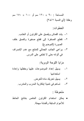 ‫ﺍﻟﻤﺴﺎﺤﺔ : ٠٩ × ٠٢١ ﺴﻡ ﺃﻭ ٠٠١ × ٠٥١ ﺴﻡ‬
                               ‫ﻭﻫﻜﺫﺍ )ﺃﻱ ﺍﻟﻨﺴﺒﺔ ٢ ﻙ٣(‬

                                     ‫ﺍﻟﺨﻁﻭﺍﺕ:‬
    ‫١- ﻴﺸﺩ ﺍﻟﻘﻤﺎﺵ ﻭﻴﻠﺼﻕ ﻋﻠﻰ ﺍﻟﻜﺭﺘﻭﻥ ﺃﻭ ﺍﻟﺨﺸﺏ.‬
‫٢- ﺘﻘﻁﻊ ﺍﻟﺼﻨﻔﺭﺓ ﺇﻟﻰ ﻗﻁﻊ ﺼﻐﻴﺭﺓ ﻭﺘﻠﺼﻕ ﺨﻠﻑ‬
                           ‫ﺍﻟﺼﻭﺭﺓ )ﺍﻟﻤﻭﻀﻭﻉ(‬
‫٣- ﻴﺭﺍﻋﻲ ﺍﻟﺠﺎﻨﺏ ﺍﻟﺠﻤﺎﻟﻲ ﻟﻠﻤﻨﺘﺞ ﻤﻊ ﻋﺩﻡ ﺍﻹﺼﺭﺍﻑ‬
           ‫ﻓﻲ ﺃﻟﻭﺍﻨﻪ ﺤﺘﻰ ﻻ ﺘﻁﻐﻰ ﻋﻠﻰ ﺍﻟﺩﺭﺱ.‬

                        ‫ﻤﺯﺍﻴﺎ ﺍﻟﻠﻭﺤﺔ ﺍﻟﻭﺒﺭﻴﺔ:‬
‫ﻴﺴﻬل ﺇﻋﺩﺍﺩ ﺍﻟﻤﻭﻀﻭﻋﺎﺕ ﻋﻠﻴﻬﺎ ﻭﺤﻔﻅﻬﺎ ﻭﺇﻋﺎﺩﺓ‬          ‫١-‬
                                   ‫ﺍﺴﺘﺨﺩﺍﻤﻬﺎ‬
                  ‫ﻴﺴﻬل ﺘﺤﺭﻴﻙ ﻤﺎﺩﺓ ﻟﻠﻌﺭﺽ.‬          ‫٢-‬
    ‫ﺘﺴﺎﻫﻡ ﻓﻲ ﺘﻨﻤﻴﺔ ﺇﺒﺘﻜﺎﺭﻴﺔ ﺍﻟﻤﺩﺭﺏ ﻭﺍﻟﻤﺘﺩﺭﺏ.‬      ‫٣-‬

                                    ‫ﻤﻠﺤﻭﻅﺔ :‬
‫• ﻴﻤﻜﻥ ﺍﺴﺘﺨﺩﺍﻡ ﺍﻟﻜﺭﺘﻭﻥ ﺍﻟﺨﺎﺹ ﺒﻨﺘﺎﺌﺞ ﺍﻟﺤﺎﺌﻁ‬
                   ‫ﻟﻸﻋﻭﺍﻡ ﺍﻟﺴﺎﺒﻘﺔ ﻭﺃﻗﻤﺸﺔ ﻤﻬﻤﻠﺔ.‬
 