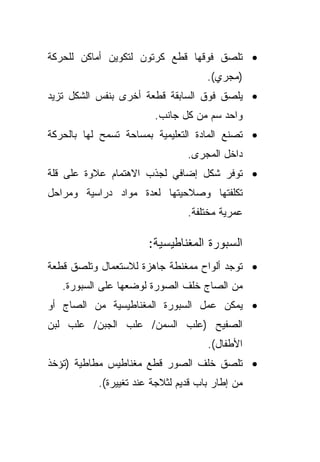 ‫• ﺘﻠﺼﻕ ﻓﻭﻗﻬﺎ ﻗﻁﻊ ﻜﺭﺘﻭﻥ ﻟﺘﻜﻭﻴﻥ ﺃﻤﺎﻜﻥ ﻟﻠﺤﺭﻜﺔ‬
                                     ‫)ﻤﺠﺭﻱ(.‬
‫• ﻴﻠﺼﻕ ﻓﻭﻕ ﺍﻟﺴﺎﺒﻘﺔ ﻗﻁﻌﺔ ﺃﺨﺭﻯ ﺒﻨﻔﺱ ﺍﻟﺸﻜل ﺘﺯﻴﺩ‬
                        ‫ﻭﺍﺤﺩ ﺴﻡ ﻤﻥ ﻜل ﺠﺎﻨﺏ.‬
‫• ﺘﺼﻨﻊ ﺍﻟﻤﺎﺩﺓ ﺍﻟﺘﻌﻠﻴﻤﻴﺔ ﺒﻤﺴﺎﺤﺔ ﺘﺴﻤﺢ ﻟﻬﺎ ﺒﺎﻟﺤﺭﻜﺔ‬
                                ‫ﺩﺍﺨل ﺍﻟﻤﺠﺭﻯ.‬
‫• ﺘﻭﻓﺭ ﺸﻜل ﺇﻀﺎﻓﻲ ﻟﺠﺫﺏ ﺍﻻﻫﺘﻤﺎﻡ ﻋﻼﻭﺓ ﻋﻠﻰ ﻗﻠﺔ‬
‫ﺘﻜﻠﻔﺘﻬﺎ ﻭﺼﻼﺤﻴﺘﻬﺎ ﻟﻌﺩﺓ ﻤﻭﺍﺩ ﺩﺭﺍﺴﻴﺔ ﻭﻤﺭﺍﺤل‬
                                ‫ﻋﻤﺭﻴﺔ ﻤﺨﺘﻠﻔﺔ.‬

                       ‫ﺍﻟﺴﺒﻭﺭﺓ ﺍﻟﻤﻐﻨﺎﻁﻴﺴﻴﺔ:‬
‫• ﺘﻭﺠﺩ ﺃﻟﻭﺍﺡ ﻤﻤﻐﻨﻁﺔ ﺠﺎﻫﺯﺓ ﻟﻼﺴﺘﻌﻤﺎل ﻭﺘﻠﺼﻕ ﻗﻁﻌﺔ‬
   ‫ﻤﻥ ﺍﻟﺼﺎﺝ ﺨﻠﻑ ﺍﻟﺼﻭﺭﺓ ﻟﻭﻀﻌﻬﺎ ﻋﻠﻰ ﺍﻟﺴﺒﻭﺭﺓ.‬
‫• ﻴﻤﻜﻥ ﻋﻤل ﺍﻟﺴﺒﻭﺭﺓ ﺍﻟﻤﻐﻨﺎﻁﻴﺴﻴﺔ ﻤﻥ ﺍﻟﺼﺎﺝ ﺃﻭ‬
‫ﺍﻟﺼﻔﻴﺢ )ﻋﻠﺏ ﺍﻟﺴﻤﻥ/ ﻋﻠﺏ ﺍﻟﺠﺒﻥ/ ﻋﻠﺏ ﻟﺒﻥ‬
                                     ‫ﺍﻷﻁﻔﺎل(.‬
‫• ﺘﻠﺼﻕ ﺨﻠﻑ ﺍﻟﺼﻭﺭ ﻗﻁﻊ ﻤﻐﻨﺎﻁﻴﺱ ﻤﻁﺎﻁﻴﺔ )ﺘﺅﺨﺫ‬
           ‫ﻤﻥ ﺇﻁﺎﺭ ﺒﺎﺏ ﻗﺩﻴﻡ ﻟﺜﻼﺠﺔ ﻋﻨﺩ ﺘﻐﻴﻴﺭﺓ(.‬
 