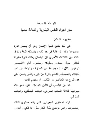 ‫ﺍﻟﻭﺭﻗﺔ ﺍﻟﺘﺎﺴﻌﺔ‬
      ‫ﺴﺒﺭ ﺃﻏﻭﺍﺩ ﺍﻟﻨﻔﺱ ﺍﻟﺒﺸﺭﻴﺔ ﻭﺍﻟﺘﻌﺎﻤل ﻤﻌﻬﺎ‬

                                 ‫ﻤﻔﻬﻭﻡ ﺍﻟﺫﺍﺕ:‬
‫ﻫﻲ ﺃﺤﺩ ﻨﺘﺎﺌﺞ ﺃﺩﻤﻴﺔ ﺍﻹﻨﺴﺎﻥ ﻭﻫﻭ ﺃﻥ ﻴﺼﺒﺢ ﺍﻟﻔﺭﺩ‬
‫ﻤﻭﻀﻭﻋﺎ ﻟﺫﺍﺘﻪ، ﺃﻭ ﻏﺎﻴﺔ ﻓﻲ ﺤﺩ ﺫﺍﺘﻪ ﻭﻻﻤﺘﻼﻜﻪ ﺍﻟﻠﻐﺔ ﻭﺘﻔﻭﻕ‬
                                              ‫ﹰ‬
‫ﺫﻜﺎﺌﻪ ﻋﻥ ﺍﻟﻜﺎﺌﻨﺎﺕ ﺍﻷﺨﺭﻯ ﻓﺈﻥ ﺍﻹﻨﺴﺎﻥ ﻴﻤﺘﻠﻙ ﻗﺩﺭﺓ ﻤﺘﻔﺭﺩﺓ‬
‫ﻟﻠﺘﻔﻜﻴﺭ ﺤﻭل ﺠﺴﺩﻩ، ﻭﺴﻠﻭﻜﻪ ﻭﻤﻅﻬﺭﻩ ﺃﻤﺎﻡ ﺍﻷﺸﺨﺎﺹ‬
‫ﺍﻵﺨﺭﻴﻥ، ﻟﻜل ﻤﻨﺎ ﻤﺠﻤﻭﻋﺔ ﻤﻥ ﺍﻟﻤﻌﺎﺭﻑ ﻭﺍﻷﺤﺎﺴﻴﺱ ﻨﺤﻭ‬
‫ﺫﺍﺘﻴﺘﻨﺎ، ﻭﺍﻟﻤﺼﻁﻠﺢ ﺍﻟﺸﺎﺌﻊ ﺒﻜﺜﺭﺓ ﻋﻥ ﻏﻴﺭﻩ ﻭﺍﻟﺫﻱ ﻴﻨﻁﺒﻕ ﻋﻠﻰ‬
        ‫ﻫﺫﻩ ﺍﻟﻨﻭﻉ ﻤﻥ ﺍﻟﻌﻨﺎﺼﺭ ﻫﻭ ﺍﻟﺫﺍﺕ.. ﺃﻭ ﻤﻔﻬﻭﻡ ﺍﻟﺫﺍﺕ.‬
‫ﺃﻨﻪ ﻋﻥ ﺍﻷﻨﺴﺏ ﺃﻥ ﻨﺘﺄﻤل ﺍﺘﺠﺎﻫﺎﺕ ﺍﻟﻔﺭﺩ ﻨﺤﻭ ﺫﺍﺘﻪ‬
‫ﺒﺠﻭﺍﻨﺒﻬﺎ ﺍﻟﺜﻼﺜﺔ ﺍﻟﺠﺎﻨﺏ ﺍﻟﻤﻌﺭﻓﻲ، ﺍﻟﺠﺎﻨﺏ ﺍﻟﻌﺎﻁﻔﻲ، ﻭﺍﻟﺠﺎﻨﺏ‬
                                              ‫ﺍﻟﺴﻠﻭﻜﻲ.‬
‫ﺇﻟﻴﻙ ﺍﻟﻤﺤﺘﻭﻯ ﺍﻟﻤﻌﺭﻓﻲ: ﺍﻟﺫﻱ ﻴﻘﺩﻡ ﻤﺤﺘﻭﻯ ﺍﻟﺫﺍﺕ‬
‫ﻭﻤﻀﻤﻭﻨﻬﺎ ﻭﺍﻟﺘﻲ ﺘﻭﻀﺢ ﺒﺜﻤﺔ ﺃﻓﻜﺎﺭ ﻤﺜل "ﺃﻨﺎ ﺫﻜﻲ.. ﺃﻤﻴﻥ..‬
 