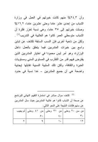 ‫ﻭﺃﻥ ٣,٤٢% ﻤﻨﻬﻡ ﻜﺎﻨﺕ ﺨﺒﺭﺘﻬﻡ ﻓﻲ ﺍﻟﻌﻤل ﻓﻲ ﻭﺯﺍﺭﺓ‬
‫ﺍﻟﺸﺒﺎﺏ ﻤﻥ ﺇﺤﺩﻯ ﻋﺸﺭ ﻋﺎﻤﺎ ﻭﺤﺘﻰ ﻋﺸﺭﻴﻥ ﻋﺎﻤﹰ، ٢,٦١%‬
       ‫ﺎ‬               ‫ﹰ‬
‫ﻭﺼﻠﺕ ﺨﺒﺭﺘﻬﻡ ﺇﻟﻰ ٥٣ ﻋﺎﻤﹰ، ﻭﻫﻲ ﻨﺴﺒﺔ ﺘﻌﺯﺯ ﻓﻜﺭﺓ ﺃﻥ‬
                       ‫ﺎ‬
    ‫)٤ (‬
‫.‬          ‫ﺍﻟﺸﺒﺎﺏ ﻤﺘﻭﺴﻁﻲ ﺍﻟﻌﻤﺭ ﻜﺎﻨﻭﺍ ﻫﻡ ﺍﻟﻐﺎﻟﺒﻴﺔ ﻓﻲ ﺍﻟﺘﺩﺭﻴﺏ‬
‫ﻭﻟﻜﻥ ﻤﻥ ﻨﺎﺤﻴﺔ ﺃﺨﺭﻯ ﻓﺈﻥ ﺍﻟﻨﺴﺏ ﺍﻟﺴﺎﺒﻘﺔ ﺘﻜﺸﻑ ﻋﻥ ﺘﺒﺎﻴﻥ‬
‫ﻭﺍﺴﻊ ﺒﻴﻥ ﺨﺒﺭﺍﺕ ﺍﻟﻤﺘﺩﺭﺒﻴﻥ ﻓﻴﻤﺎ ﻴﺘﻌﻠﻕ ﺒﺎﻟﻌﻤل ﺩﺍﺨل‬
‫ﺍﻟﻭﺯﺍﺭﺓ، ﻭﻫﻭ ﺃﻤﺭ ﻟﻴﺱ ﻤﺤﻤﻭﺩﺍ ﻓﻲ ﺍﺨﺘﻴﺎﺭ ﺍﻟﻤﺘﺩﺭﺒﻴﻥ ﺍﻟﺫﻴﻥ‬
                          ‫ﹰ‬
‫ﻴﻔﺘﺭﺽ ﻓﻴﻬﻡ ﻗﺩﺭ ﻤﻥ ﺍﻟﺘﻘﺎﺭﺏ ﻓﻲ ﺍﻟﻤﺴﺘﻭﻯ ﺍﻟﺴﻨﻲ ﻭﻤﺴﺘﻭﻴﺎﺕ‬
‫ﺍﻟﺨﺒﺭﺓ ﻭﺍﻟﺜﻘﺎﻓﺔ، ﻭﻟﻜﻥ ﺘﻠﻙ ﺍﻟﺴﻠﺒﻴﺔ ﺍﻟﻨﺴﺒﻴﺔ ﺘﻘﺎﺒﻠﻬﺎ ﺇﻴﺠﺎﺒﻴﺔ‬
‫ﻭﺍﻀﺤﺔ ﻫﻲ ﺃﻥ ﺠﻤﻴﻊ ﺍﻟﻤﺘﺩﺭﺒﻴﻥ – ﻋﺩﺍ ﻨﺴﺒﺔ ﻓﻲ ﺤﺩﻭﺩ‬




                                                       ‫)٤(‬
‫ﻜﺸﻑ ﺴﺅﺍل ﻤﺒﺎﺸﺭ ﻓﻲ ﺍﺴﺘﻤﺎﺭﺓ ﺍﻟﺘﻘﻴﻴﻡ ﺍﻟﻨﻬﺎﺌﻲ ﻟﻠﺒﺭﻨﺎﻤﺞ‬
‫ﻋﻥ ﺼﺤﺔ ﺃﻥ ﺍﻟﺸﺒﺎﺏ ﻜﺎﻨﻭﺍ ﻫﻡ ﻏﺎﻟﺒﻴﺔ ﺍﻟﻤﺘﺩﺭﺒﻴﻥ ﺤﻴﺙ ﺴﺌل ﺍﻟﻤﺘﺩﺭﺒﻴﻥ‬
                            ‫ﻋﻥ ﺴﻨﻬﻡ ﻓﻜﺎﻨﺕ ﺍﻟﻨﺘﻴﺠﺔ ﻋﻠﻰ ﺍﻟﻨﺤﻭ ﺍﻟﺘﺎﻟﻲ:‬
    ‫ﻤﻥ ﺴﻥ ٠٢ ﻭﺤﺘﻰ ﻤﻥ ١٣ ﻭﺤﺘﻰ ﻤﻥ ١٤ ﻭﺤﺘﻰ ﻟﻡ ﻴﺠﻴﺏ‬
                         ‫٠٥‬               ‫٠٤‬                   ‫٠٣‬
             ‫٢‬             ‫٩‬              ‫٠١‬                   ‫٢١‬
 