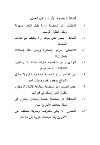 ‫ﺃﻨﻤﺎﻁ ﺸﺨﺼﻴﺔ ﺍﻷﻓﺭﺍﺩ ﺩﺍﺨل ﺍﻟﻌﻤل:‬
‫ﺍﻟﻤﺘﻜﻴﻑ: ﺫﻭ ﺸﺨﺼﻴﺔ ﻤﺭﻨﺔ ﻴﻘﺒل ﺍﻟﺘﻐﻴﺭ ﺒﺴﻬﻭﻟﺔ‬     ‫١-‬
                   ‫ﻭﻴﻘﺒل ﺍﻟﺤﻠﻭل ﺍﻟﻭﺴﻁ.‬
‫ﺍﻟﺠﺎﻤﺩ : ﻴﺼﺭ ﻋﻠﻰ ﻤﻭﻗﻔﻪ ﻭﻻ ﻴﺘﻜﻴﻑ ﻤﻊ ﻋﺎﺩﺍﺕ‬      ‫٢-‬
                              ‫ﺍﻟﺠﻤﺎﻋﺔ.‬
‫ﺍﻹﻨﻔﻌﺎﻟﻲ: ﺴﺭﻴﻊ ﺍﻹﺴﺘﺜﺎﺭﺓ ﻭﻴﺒﺩﻱ ﻜﺎﻓﺔ ﺇﻨﻔﻌﺎﻻﺘﻪ‬   ‫٣-‬
                            ‫ﺒﺸﻜل ﺯﺍﺌﺩ.‬
‫ﺍﻟﻬﺎﺩﻱﺀ: ﺫﻭ ﺸﺨﺼﻴﺔ ﻤﺘﺯﻨﺔ ﻫﺎﺩﺌﺔ ﻻ ﻴﺴﺘﺠﻴﺏ‬        ‫٤-‬
                  ‫ﻟﻠﻤﻨﺎﻗﺸﺎﺕ ﺇﻻ ﺒﺼﻌﻭﺒﺔ.‬
‫ﺤﻲ ﺍﻟﻀﻤﻴﺭ : ﺫﻭ ﺸﺨﺼﻴﺔ ﺃﻤﻴﻨﺔ ﻭﺼﺎﺩﻕ ﻭﻻ ﻴﺤﺎﻭل‬     ‫٥-‬
        ‫ﺍﻟﺨﺩﺍﻉ ﻭﻴﺤﺘﺭﻡ ﺨﺼﻭﺼﻴﺎﺕ ﺍﻟﻐﻴﺭ.‬
‫ﻋﺩﻴﻡ ﺍﻟﻀﻤﻴﺭ: ﺫﻭ ﺸﺨﺼﻴﺔ ﻤﺨﺎﺩﻋﺔ ﻜﺎﺫﺒﺔ ﻭﻻ ﻴﺤﺘﺭﻡ‬   ‫٦-‬
           ‫ﺤﻘﻭﻕ ﺍﻟﻐﻴﺭ ﻭﻴﺸﻙ ﻓﻲ ﻗﺩﺭﺍﺘﻬﻡ.‬
‫ﺍﻟﻤﺤﺎﻓﻅ: ﺫﻭ ﺸﺨﺼﻴﺔ ﺠﺎﻤﺩﺓ ﻭﺼﺎﺩﻕ ﻭﻴﺤﺯﻥ ﻓﻲ‬        ‫٧-‬
              ‫ﺤﺎﻟﺔ ﺍﺨﺘﻼﻑ ﺍﻵﺨﺭﻴﻥ ﻤﻌﻪ.‬
‫ﺍﻟﻤﺘﺤﺭﺭ: ﻻ ﻴﺒﺎﻟﻲ ﺒﺎﻟﻌﺭﻑ، ﻭﺴﻠﻭﻜﻪ ﻤﺨﺘﻠﻑ ﻋﻥ‬      ‫٨-‬
   ‫ﺍﻵﺨﺭﻴﻥ ﻭﻟﻪ ﺍﺘﺠﺎﻫﺎﺕ ﻏﺭﻴﺒﺔ ﺇﻟﻰ ﺤﺩ ﻤﺎ.‬
 