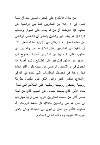 ‫ﻤﻥ ﺨﻼل ﺍﻹﻁﻼﻉ ﻋﻠﻰ ﺍﻟﺠﺩﻭل ﺍﻟﺴﺎﺒﻕ ﻨﺠﺩ ﺃﻥ ﻨﺴﺒﺔ‬
‫ﺘﺼل ﺇﻟﻰ ٥,٠٤% ﻤﻥ ﺍﻟﻤﺘﺩﺭﺒﻴﻥ ﻓﻘﻁ ﻫﻲ ﺍﻟﺭﺍﻀﻴﺔ ﻋﻥ‬
‫ﻋﻤﻠﻬﺎ، ﻓﺈﺫ ﺍﻓﺘﺭﻀﻨﺎ ﺃﻥ ﻤﻥ ﻟﻡ ﻴﺠﺏ ﻋﻠﻰ ﺍﻟﺴﺅﺍل ﻭﻨﺴﺒﺘﻬﻡ‬
‫٥,٣١% ﻫﻡ ﺃﻴﻀﺎ ﻏﻴﺭ ﺭﺍﻀﻴﻥ ﺒﺎﻋﺘﺒﺎﺭ ﺃﻥ ﺍﻟﺸﺨﺹ ﺍﻟﺭﺍﻀﻲ‬
                                  ‫ﹰ‬
‫ﻋﻥ ﻋﻤﻠﻪ ﺍﻟﻤﻌﺘﺯ ﺒﻪ ﻻ ﻴﻤﺘﻨﻊ ﻋﻥ ﺍﻹﺠﺎﺒﺔ ﻋﺎﺩﺓ، ﻓﻤﻌﻨﻰ ﺫﻟﻙ‬
‫ﺃﻥ ٤٥% ﻤﻥ ﺍﻟﻤﺘﺩﺭﺒﻴﻥ ﻴﻤﻜﻥ ﺍﻋﺘﺒﺎﺭﻫﻡ ﻏﻴﺭ ﺭﺍﻀﻴﻴﻥ ﻋﻥ‬
‫ﻋﻤﻠﻬﻡ، ﻤﻘﺎﺒل ٥,٠٤% ﻤﻥ ﺍﻟﻤﺘﺩﺭﺒﻴﻥ ﺃﻋﻠﻨﻭﺍ ﺒﻭﻀﻭﺡ ﺃﻨﻬﻡ‬
‫ﺭﺍﻀﻴﻥ ﻋﻥ ﻋﻤﻠﻬﻡ ﻜﻤﺸﺭﻓﻴﻥ ﻋﻠﻰ ﺍﻟﻁﻼﺌﻊ، ﻭﺘﺒﺩﻭ ﺃﻫﻤﻴﺔ ﻫﺫﺍ‬
‫ﺍﻟﺠﺩﻭل ﻓﻲ ﺃﻥ ﺍﻟﺸﺨﺹ ﺍﻟﺭﺍﻀﻲ ﻋﻥ ﻤﻬﻨﺘﻪ ﻴﻜﻭﻥ ﺃﻜﺜﺭ ﺇﺠﺎﺩﺓ‬
‫ﻓﻴﻬﺎ ﻭﺭﻏﺒﺔ ﻓﻲ ﺘﺤﺼﻴل ﺍﻟﻤﻌﻠﻭﻤﺎﺕ ﺍﻟﺘﻲ ﺘﻔﻴﺩﻩ ﻓﻲ ﺍﻟﺘﺭﻗﻲ‬
‫ﻭﺍﻹﺒﺩﺍﻉ، ﺒﻌﻜﺱ ﺍﻟﻐﻴﺭ ﺭﺍﺽ ﺍﻟﺫﻱ ﻴﻘﻭﻡ ﺒﺎﻟﻌﻤل ﺒﻁﺭﻴﻘﺔ‬
‫ﺭﻭﺘﻴﻨﻴﺔ ﻭﺘﻨﻌﻜﺱ ﺭﻭﺘﻴﻨﻴﺘﻪ ﻭﺴﻠﺒﻴﺘﻪ ﻋﻠﻰ ﺍﻟﻁﻼﺌﻊ ﺍﻟﺘﻲ ﺘﻌﻤل‬
‫ﻤﻌﻪ، ﺍﻷﻤﺭ ﺍﻟﺫﻱ ﻴﺠﻌﻠﻨﺎ ﻨﺘﺴﺎﺀل ﻋﻥ ﺍﻟﺴﺒﺏ ﺍﻟﺫﻱ ﻤﻥ ﺃﺠﻠﻪ‬
‫ﺤﻀﺭ ﺃﻜﺜﺭ ﻤﻥ ﻨﺼﻑ ﺍﻟﻤﺘﺩﺭﺒﻴﻥ ﺘﺩﺭﻴﺒﺎ ﻋﻠﻰ ﺘﺭﻗﻴﺔ ﻤﻬﺎﺭﺍﺘﻬﻡ‬
                   ‫ﹰ‬
‫ﻓﻲ ﻋﻤل ﻫﻡ ﻏﻴﺭ ﺭﺍﻀﻴﻴﻥ ﻋﻨﻪ؟!، ﻫل ﻀﻐﻁ ﺍﻟﺭﺅﺴﺎﺀ، ﺃﻡ‬
‫ﻤﺤﺎﻭﻟﺔ ﺍﻟﺘﺄﻗﻠﻡ ﻤﻊ ﻋﻤل ﻴﺭﻏﺒﻭﻥ ﻓﻲ ﺍﺴﺘﺒﺩﺍﻟﻪ ﻭﻟﻜﻥ ﻴﺘﻌﺫﺭ‬
               ‫ﻋﻠﻴﻬﻡ ﺫﻟﻙ ﻨﺘﻴﺠﺔ ﺃﺯﻤﺔ ﺍﻟﺒﻁﺎﻟﺔ ﻓﻲ ﺍﻟﻤﺠﺘﻤﻊ.‬
 