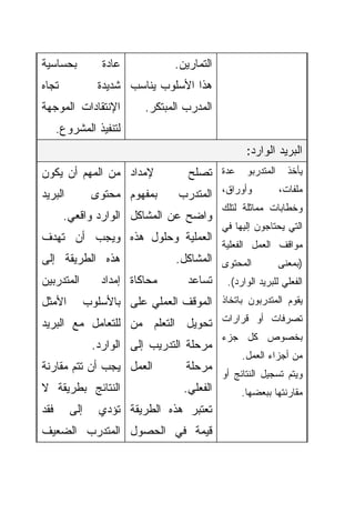 ‫ﺒﺤﺴﺎﺴﻴﺔ‬            ‫ﻋﺎﺩﺓ‬           ‫ﺍﻟﺘﻤﺎﺭﻴﻥ.‬
‫ﺘﺠﺎﻩ‬              ‫ﻫﺫﺍ ﺍﻷﺴﻠﻭﺏ ﻴﻨﺎﺴﺏ ﺸﺩﻴﺩﺓ‬
‫ﺍﻹﻨﺘﻘﺎﺩﺍﺕ ﺍﻟﻤﻭﺠﻬﺔ‬           ‫ﺍﻟﻤﺩﺭﺏ ﺍﻟﻤﺒﺘﻜﺭ.‬
      ‫ﻟﺘﻨﻔﻴﺫ ﺍﻟﻤﺸﺭﻭﻉ.‬
                                                    ‫ﺍﻟﺒﺭﻴﺩ ﺍﻟﻭﺍﺭﺩ:‬
‫ﻹﻤﺩﺍﺩ ﻤﻥ ﺍﻟﻤﻬﻡ ﺃﻥ ﻴﻜﻭﻥ‬               ‫ﻴﺄﺨﺫ ﺍﻟﻤﺘﺩﺭﺒﻭ ﻋﺩﺓ ﺘﺼﻠﺢ‬
‫ﺍﻟﺒﺭﻴﺩ‬          ‫ﺒﻤﻔﻬﻭﻡ ﻤﺤﺘﻭﻯ‬       ‫ﻭﺃﻭﺭﺍﻕ، ﺍﻟﻤﺘﺩﺭﺏ‬          ‫ﻤﻠﻔﺎﺕ،‬
                                              ‫ﻭﺨﻁﺎﺒﺎﺕ ﻤﻤﺎﺜﻠﺔ ﻟﺘﻠﻙ‬
       ‫ﻭﺍﻀﺢ ﻋﻥ ﺍﻟﻤﺸﺎﻜل ﺍﻟﻭﺍﺭﺩ ﻭﺍﻗﻌﻲ.‬
                                              ‫ﺍﻟﺘﻲ ﻴﺤﺘﺎﺠﻭﻥ ﺇﻟﻴﻬﺎ ﻓﻲ‬
‫ﺍﻟﻌﻤﻠﻴﺔ ﻭﺤﻠﻭل ﻫﺫﻩ ﻭﻴﺠﺏ ﺃﻥ ﺘﻬﺩﻑ‬
                                              ‫ﻤﻭﺍﻗﻑ ﺍﻟﻌﻤل ﺍﻟﻔﻌﻠﻴﺔ‬
‫ﻫﺫﻩ ﺍﻟﻁﺭﻴﻘﺔ ﺇﻟﻰ‬                   ‫ﺍﻟﻤﺤﺘﻭﻯ ﺍﻟﻤﺸﺎﻜل.‬       ‫)ﺒﻤﻌﻨﻰ‬
‫ﺍﻟﻤﺘﺩﺭﺒﻴﻥ‬         ‫ﻤﺤﺎﻜﺎﺓ ﺇﻤﺩﺍﺩ‬      ‫ﺍﻟﻔﻌﻠﻲ ﻟﻠﺒﺭﻴﺩ ﺍﻟﻭﺍﺭﺩ(. ﺘﺴﺎﻋﺩ‬
‫ﺍﻷﻤﺜل‬          ‫ﻴﻘﻭﻡ ﺍﻟﻤﺘﺩﺭﺒﻭﻥ ﺒﺎﺘﺨﺎﺫ ﺍﻟﻤﻭﻗﻑ ﺍﻟﻌﻤﻠﻲ ﻋﻠﻰ ﺒﺎﻷﺴﻠﻭﺏ‬
‫ﺘﺼﺭﻓﺎﺕ ﺃﻭ ﻗﺭﺍﺭﺍﺕ ﺘﺤﻭﻴل ﺍﻟﺘﻌﻠﻡ ﻤﻥ ﻟﻠﺘﻌﺎﻤل ﻤﻊ ﺍﻟﺒﺭﻴﺩ‬
                                              ‫ﺒﺨﺼﻭﺹ ﻜل ﺠﺯﺀ‬
                ‫ﻤﺭﺤﻠﺔ ﺍﻟﺘﺩﺭﻴﺏ ﺇﻟﻰ ﺍﻟﻭﺍﺭﺩ.‬
                                                   ‫ﻤﻥ ﺃﺠﺯﺍﺀ ﺍﻟﻌﻤل.‬
‫ﺍﻟﻌﻤل ﻴﺠﺏ ﺃﻥ ﺘﺘﻡ ﻤﻘﺎﺭﻨﺔ‬              ‫ﻤﺭﺤﻠﺔ‬
                                              ‫ﻭﻴﺘﻡ ﺘﺴﺠﻴل ﺍﻟﻨﺘﺎﺌﺞ ﺃﻭ‬
‫ﺍﻟﻨﺘﺎﺌﺞ ﺒﻁﺭﻴﻘﺔ ﻻ‬                    ‫ﺍﻟﻔﻌﻠﻲ.‬        ‫ﻤﻘﺎﺭﻨﺘﻬﺎ ﺒﺒﻌﻀﻬﺎ.‬
‫ﻓﻘﺩ‬      ‫ﺇﻟﻰ‬      ‫ﺘﻌﺘﺒﺭ ﻫﺫﻩ ﺍﻟﻁﺭﻴﻘﺔ ﺘﺅﺩﻱ‬
‫ﻗﻴﻤﺔ ﻓﻲ ﺍﻟﺤﺼﻭل ﺍﻟﻤﺘﺩﺭﺏ ﺍﻟﻀﻌﻴﻑ‬
 