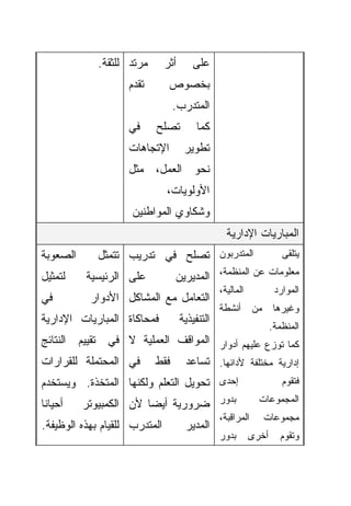 ‫ﻤﺭﺘﺩ ﻟﻠﺜﻘﺔ.‬       ‫ﺃﺜﺭ‬      ‫ﻋﻠﻰ‬
                    ‫ﺘﻘﺩﻡ‬        ‫ﺒﺨﺼﻭﺹ‬
                                 ‫ﺍﻟﻤﺘﺩﺭﺏ.‬
                    ‫ﻓﻲ‬     ‫ﺘﺼﻠﺢ‬           ‫ﻜﻤﺎ‬
                    ‫ﺍﻹﺘﺠﺎﻫﺎﺕ‬          ‫ﺘﻁﻭﻴﺭ‬
                    ‫ﻨﺤﻭ ﺍﻟﻌﻤل، ﻤﺜل‬
                               ‫ﺍﻷﻭﻟﻭﻴﺎﺕ،‬
                     ‫ﻭﺸﻜﺎﻭﻱ ﺍﻟﻤﻭﺍﻁﻨﻴﻥ‬
                                                   ‫ﺍﻟﻤﺒﺎﺭﻴﺎﺕ ﺍﻹﺩﺍﺭﻴﺔ‬
‫ﺍﻟﺼﻌﻭﺒﺔ‬      ‫ﺍﻟﻤﺘﺩﺭﺒﻭﻥ ﺘﺼﻠﺢ ﻓﻲ ﺘﺩﺭﻴﺏ ﺘﺘﻤﺜل‬                            ‫ﻴﺘﻠﻘﻰ‬

‫ﻟﺘﻤﺜﻴل‬    ‫ﻋﻠﻰ ﺍﻟﺭﺌﻴﺴﻴﺔ‬           ‫ﻤﻌﻠﻭﻤﺎﺕ ﻋﻥ ﺍﻟﻤﻨﻅﻤﺔ، ﺍﻟﻤﺩﻴﺭﻴﻥ‬
                                                 ‫ﺍﻟﻤﺎﻟﻴﺔ،‬           ‫ﺍﻟﻤﻭﺍﺭﺩ‬
‫ﻓﻲ‬         ‫ﺍﻟﺘﻌﺎﻤل ﻤﻊ ﺍﻟﻤﺸﺎﻜل ﺍﻷﺩﻭﺍﺭ‬
                                                 ‫ﻤﻥ ﺃﻨﺸﻁﺔ‬           ‫ﻭﻏﻴﺭﻫﺎ‬
‫ﻓﻤﺤﺎﻜﺎﺓ ﺍﻟﻤﺒﺎﺭﻴﺎﺕ ﺍﻹﺩﺍﺭﻴﺔ‬            ‫ﺍﻟﺘﻨﻔﻴﺫﻴﺔ‬
                                                                   ‫ﺍﻟﻤﻨﻅﻤﺔ.‬
‫ﻜﻤﺎ ﺘﻭﺯﻉ ﻋﻠﻴﻬﻡ ﺃﺩﻭﺍﺭ ﺍﻟﻤﻭﺍﻗﻑ ﺍﻟﻌﻤﻠﻴﺔ ﻻ ﻓﻲ ﺘﻘﻴﻴﻡ ﺍﻟﻨﺘﺎﺌﺞ‬
‫ﺇﺩﺍﺭﻴﺔ ﻤﺨﺘﻠﻔﺔ ﻷﺩﺍﺌﻬﺎ. ﺘﺴﺎﻋﺩ ﻓﻘﻁ ﻓﻲ ﺍﻟﻤﺤﺘﻤﻠﺔ ﻟﻠﻘﺭﺍﺭﺍﺕ‬
‫ﺇﺤﺩﻯ ﺘﺤﻭﻴل ﺍﻟﺘﻌﻠﻡ ﻭﻟﻜﻨﻬﺎ ﺍﻟﻤﺘﺨﺫﺓ. ﻭﻴﺴﺘﺨﺩﻡ‬                             ‫ﻓﺘﻘﻭﻡ‬

‫ﺃﺤﻴﺎﻨﺎ‬
‫ﹰ‬         ‫ﺒﺩﻭﺭ ﻀﺭﻭﺭﻴﺔ ﺃﻴﻀﺎ ﻷﻥ ﺍﻟﻜﻤﺒﻴﻭﺘﺭ‬
                       ‫ﹰ‬                                      ‫ﺍﻟﻤﺠﻤﻭﻋﺎﺕ‬
                                                 ‫ﺍﻟﻤﺭﺍﻗﺒﺔ،‬     ‫ﻤﺠﻤﻭﻋﺎﺕ‬
‫ﺍﻟﻤﺘﺩﺭﺏ ﻟﻠﻘﻴﺎﻡ ﺒﻬﺫﻩ ﺍﻟﻭﻅﻴﻔﺔ.‬          ‫ﺍﻟﻤﺩﻴﺭ‬
                                                 ‫ﺒﺩﻭﺭ‬       ‫ﺃﺨﺭﻯ‬     ‫ﻭﺘﻘﻭﻡ‬
 