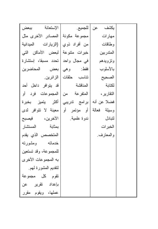 ‫ﺒﺒﻌﺽ‬            ‫ﺍﻹﺴﺘﻌﺎﻨﺔ‬             ‫ﻋﻥ ﻟﻠﺠﻤﻴﻊ.‬     ‫ﻴﻜﺸﻑ‬
‫ﻤﺠﻤﻭﻋﺔ ﻤﻜﻭﻨﺔ ﺍﻟﻤﺼﺎﺩﺭ ﺍﻷﺨﺭﻯ ﻤﺜل‬                     ‫ﻤﻬﺎﺭﺍﺕ‬
‫ﺍﻟﻤﻴﺩﺍﻨﻴﺔ‬       ‫ﻤﻥ ﺃﻓﺭﺍﺩ ﺫﻭﻱ )ﺍﻟﺯﻴﺎﺭﺍﺕ‬             ‫ﻭﻁﺎﻗﺎﺕ‬
‫ﺨﺒﺭﺍﺕ ﻤﺘﻨﻭﻋﺔ ﻟﺒﻌﺽ ﺍﻷﻤﺎﻜﻥ ﺍﻟﺘﻲ‬                     ‫ﺍﻟﻤﺘﺩﺭﺒﻴﻥ‬
‫ﻓﻲ ﻤﺠﺎل ﻭﺍﺤﺩ ﺘﺤﺩﺩ ﻤﺴﺒﻘﹰ، ﺇﺴﺘﺸﺎﺭﺓ‬
         ‫ﺎ‬                                        ‫ﻭﺘﺯﻭﻴﺩﻫﻡ‬
‫ﺍﻟﻤﺤﺎﻀﺭﻴﻥ‬            ‫ﻭﻫﻲ ﺒﻌﺽ‬           ‫ﻓﻘﻁ:‬       ‫ﺒﺎﻷﺴﻠﻭﺏ‬
                ‫ﺤﻠﻘﺎﺕ ﺍﻟﺯﺍﺌﺭﻴﻥ.‬       ‫ﺘﻨﺎﺴﺏ‬        ‫ﺍﻟﺼﺤﻴﺢ‬
‫ﻗﺩ ﻴﺘﻭﺍﻓﺭ ﺩﺍﺨل ﺃﺤﺩ‬                  ‫ﺍﻟﻤﻨﺎﻗﺸﺔ‬         ‫ﻟﻜﺘﺎﺒﺔ‬
‫ﻤﻥ ﺍﻟﻤﺠﻤﻭﻋﺎﺕ ﻓﺭﺩ ﺃﻭ‬                 ‫ﺍﻟﻤﺘﻔﺭﻋﺔ‬      ‫ﺍﻟﺘﻘﺎﺭﻴﺭ،‬
‫ﺒﺨﺒﺭﺓ‬       ‫ﻴﺘﻤﻴﺯ‬     ‫ﺘﺩﺭﻴﺒﻲ ﺃﻜﺜﺭ‬     ‫ﻓﻀﻼ ﻋﻥ ﺃﻨﻪ ﺒﺭﺍﻤﺞ‬
                                                   ‫ﹰ‬
‫ﻓﻌﺎﻟﺔ ﺃﻭ ﻤﺅﺘﻤﺭ ﺃﻭ ﻤﻌﻴﻨﺔ ﻻ ﺘﺘﻭﺍﻓﺭ ﻟﺩﻯ‬                 ‫ﻭﺴﻴﻠﺔ‬
‫ﻓﻴﺼﺒﺢ‬           ‫ﺍﻵﺨﺭﻴﻥ،‬        ‫ﻨﺩﻭﺓ ﻋﻠﻤﻴﺔ.‬           ‫ﻟﺘﺒﺎﺩل‬
‫ﺍﻟﻤﺴﺘﺸﺎﺭ‬             ‫ﺒﻤﺜﺎﺒﺔ‬                       ‫ﺍﻟﺨﺒﺭﺍﺕ‬
‫ﺍﻟﻤﺘﺨﺼﺹ ﺍﻟﺫﻱ ﻴﻘﺩﻡ‬                              ‫ﻭﺍﻟﻤﻌﺎﺭﻑ.‬
‫ﻭﻤﺸﻭﺭﺘﻪ‬             ‫ﺨﺩﻤﺎﺘﻪ‬
‫ﻟﻠﻤﺠﻤﻭﻋﺔ، ﻭﻗﺩ ﺘﺴﺘﻌﻴﻥ‬
‫ﺒﻪ ﺍﻟﻤﺠﻤﻭﻋﺎﺕ ﺍﻷﺨﺭﻯ‬
     ‫ﻟﺘﻘﺩﻴﻡ ﺍﻟﻤﺸﻭﺭﺓ ﻟﻬﻡ.‬
‫ﻤﺠﻤﻭﻋﺔ‬        ‫ﻜل‬      ‫ﺘﻘﻭﻡ‬
‫ﻋﻥ‬      ‫ﺘﻘﺭﻴﺭ‬       ‫ﺒﺈﻋﺩﺍﺩ‬
‫ﻋﻤﻠﻬﺎ، ﻭﻴﻘﻭﻡ ﻤﻘﺭﺭ‬
 